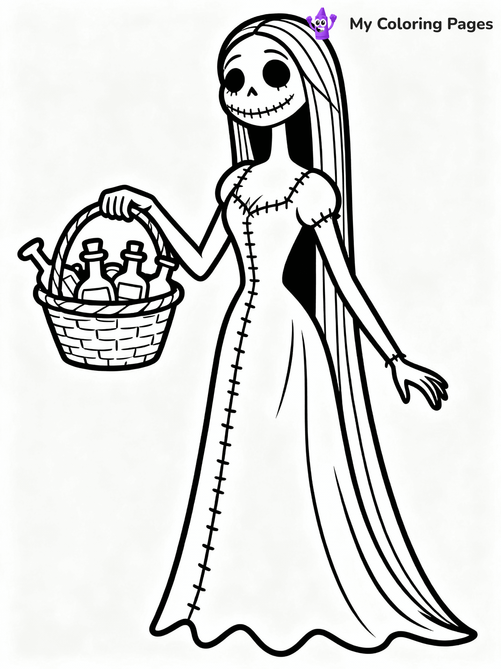 ⚠️ CRITICAL REQUIREMENT - ABSOLUTE BLACK AND WHITE ONLY ⚠️
This MUST be a BLACK AND WHITE line drawing ONLY. NO COLORS whatsoever.
- ONLY pure black lines (#000000) on pure white background (#FFFFFF)
- ABSOLUTELY NO colors, NO shading, NO gradients, NO grayscale
- If there are ANY colors in the output, the image is REJECTED
- This is a COLORING PAGE - meant to be COLORED IN by children
- The output must be UNCOLORED line art ready for coloring
⚠️ SUBJECT TO DRAW: Sally from The Nightmare Before Christmas in Tim Burton style, holding a basket of potions, stitched dress flowing
(REMEMBER: Output must be BLACK AND WHITE line art only, NOT colored!)
# COLORING PAGE: BLACK OUTLINES ONLY - WHITE BACKGROUND MANDATORY
Create a **coloring book page** using EXACTLY two values: black lines, white space.
## NON-NEGOTIABLE BINARY RULES
- **ONLY #000000 (black) and #FFFFFF (white)** - NO other values exist
- **EVERY PIXEL = BLACK OR WHITE** - no gray/shading/antialiasing
- **WHITE BACKGROUND MANDATORY** - entire canvas stays white
- **ALL SHAPES HOLLOW** - everything is empty outlines waiting to be colored
- **FORBIDDEN:** fills, shading, gradients, patterns, textures, colors
- **NO SOLID REGIONS** - if it's not a thin line, it's wrong
## Universal Line Standards
- Black outlines ONLY - thin, uniform weight
- Every shape completely empty inside
- Closed contours suitable for coloring
- Simple flat illustration - zero depth/3D/realism
- **Style:** Whimsical Doodle Art Alley - rounded, friendly outlines (unless specified)
## Everything = Outline Only
- Characters/animals: hollow shapes
- Objects/clothing: empty contours
- Backgrounds/scenery: line work only
- Natural elements: outlined forms
- Dark/night areas: don't exist (use outlined symbols)
- Textures/patterns: convert to simple lines
## The Test
Can a child color EVERY white space with crayons? If any area is pre-filled/shaded/gray or colored in, it FAILS. Every shape must be waiting to receive color.
**FINAL OUTPUT**: Binary coloring page. Black lines define shapes. White spaces ready for coloring. Nothing else exists. No exceptions. Print-ready.
⚠️ FINAL REMINDER: Draw the subject "Sally from The Nightmare Before Christmas in Tim Burton style, holding a basket of potions, stitched dress flowing" as BLACK AND WHITE line art. Zero colors in output.