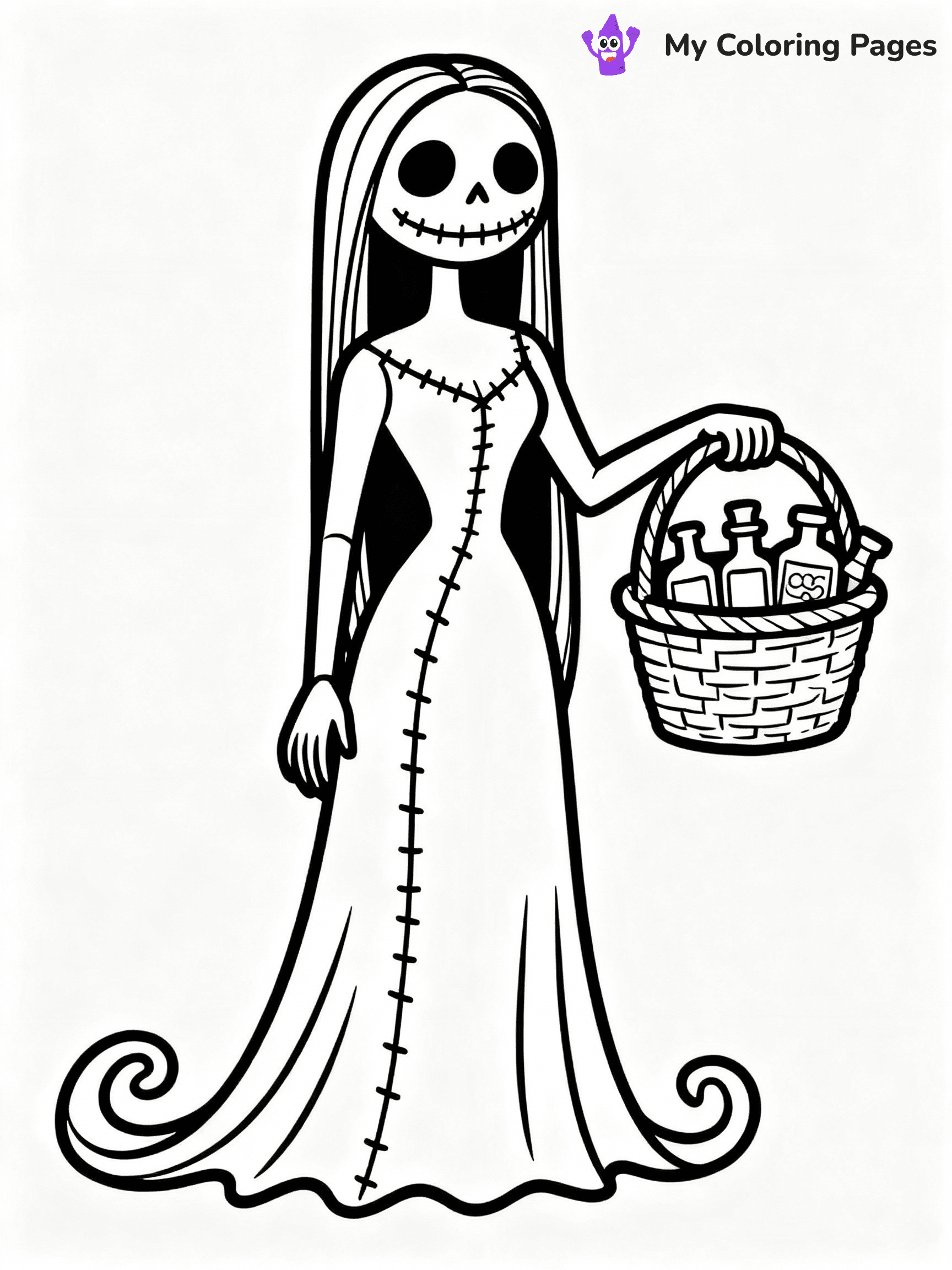 ⚠️ CRITICAL REQUIREMENT - ABSOLUTE BLACK AND WHITE ONLY ⚠️
This MUST be a BLACK AND WHITE line drawing ONLY. NO COLORS whatsoever.
- ONLY pure black lines (#000000) on pure white background (#FFFFFF)
- ABSOLUTELY NO colors, NO shading, NO gradients, NO grayscale
- If there are ANY colors in the output, the image is REJECTED
- This is a COLORING PAGE - meant to be COLORED IN by children
- The output must be UNCOLORED line art ready for coloring
⚠️ SUBJECT TO DRAW: Sally from The Nightmare Before Christmas in Tim Burton style, holding a basket of potions, stitched dress flowing
(REMEMBER: Output must be BLACK AND WHITE line art only, NOT colored!)
# COLORING PAGE: BLACK OUTLINES ONLY - WHITE BACKGROUND MANDATORY
Create a **coloring book page** using EXACTLY two values: black lines, white space.
## NON-NEGOTIABLE BINARY RULES
- **ONLY #000000 (black) and #FFFFFF (white)** - NO other values exist
- **EVERY PIXEL = BLACK OR WHITE** - no gray/shading/antialiasing
- **WHITE BACKGROUND MANDATORY** - entire canvas stays white
- **ALL SHAPES HOLLOW** - everything is empty outlines waiting to be colored
- **FORBIDDEN:** fills, shading, gradients, patterns, textures, colors
- **NO SOLID REGIONS** - if it's not a thin line, it's wrong
## Universal Line Standards
- Black outlines ONLY - thin, uniform weight
- Every shape completely empty inside
- Closed contours suitable for coloring
- Simple flat illustration - zero depth/3D/realism
- **Style:** Whimsical Doodle Art Alley - rounded, friendly outlines (unless specified)
## Everything = Outline Only
- Characters/animals: hollow shapes
- Objects/clothing: empty contours
- Backgrounds/scenery: line work only
- Natural elements: outlined forms
- Dark/night areas: don't exist (use outlined symbols)
- Textures/patterns: convert to simple lines
## The Test
Can a child color EVERY white space with crayons? If any area is pre-filled/shaded/gray or colored in, it FAILS. Every shape must be waiting to receive color.
**FINAL OUTPUT**: Binary coloring page. Black lines define shapes. White spaces ready for coloring. Nothing else exists. No exceptions. Print-ready.
⚠️ FINAL REMINDER: Draw the subject "Sally from The Nightmare Before Christmas in Tim Burton style, holding a basket of potions, stitched dress flowing" as BLACK AND WHITE line art. Zero colors in output.