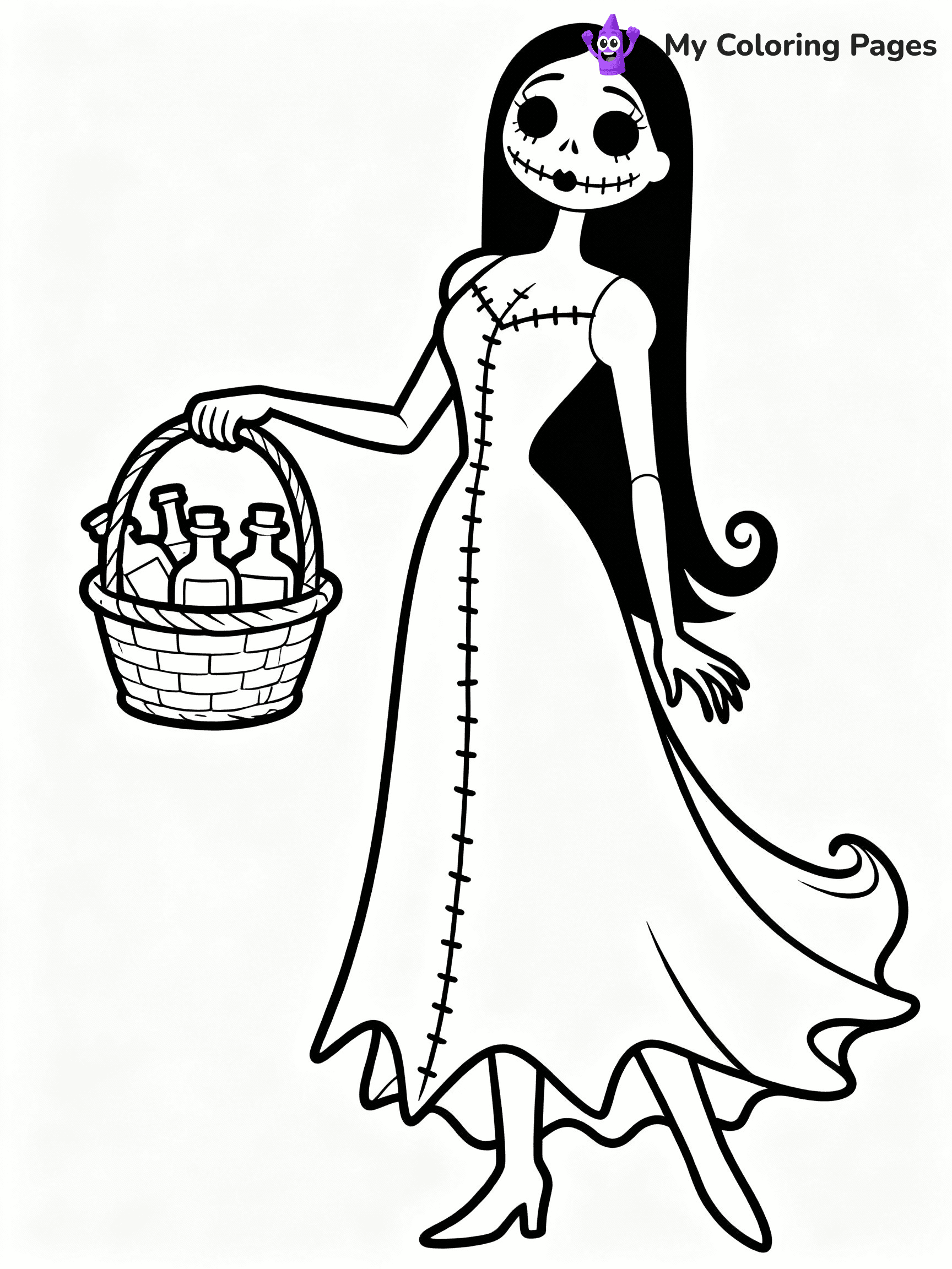 ⚠️ CRITICAL REQUIREMENT - ABSOLUTE BLACK AND WHITE ONLY ⚠️
This MUST be a BLACK AND WHITE line drawing ONLY. NO COLORS whatsoever.
- ONLY pure black lines (#000000) on pure white background (#FFFFFF)
- ABSOLUTELY NO colors, NO shading, NO gradients, NO grayscale
- If there are ANY colors in the output, the image is REJECTED
- This is a COLORING PAGE - meant to be COLORED IN by children
- The output must be UNCOLORED line art ready for coloring
⚠️ SUBJECT TO DRAW: Sally from The Nightmare Before Christmas in Tim Burton style, holding a basket of potions, stitched dress flowing
(REMEMBER: Output must be BLACK AND WHITE line art only, NOT colored!)
# COLORING PAGE: BLACK OUTLINES ONLY - WHITE BACKGROUND MANDATORY
Create a **coloring book page** using EXACTLY two values: black lines, white space.
## NON-NEGOTIABLE BINARY RULES
- **ONLY #000000 (black) and #FFFFFF (white)** - NO other values exist
- **EVERY PIXEL = BLACK OR WHITE** - no gray/shading/antialiasing
- **WHITE BACKGROUND MANDATORY** - entire canvas stays white
- **ALL SHAPES HOLLOW** - everything is empty outlines waiting to be colored
- **FORBIDDEN:** fills, shading, gradients, patterns, textures, colors
- **NO SOLID REGIONS** - if it's not a thin line, it's wrong
## Universal Line Standards
- Black outlines ONLY - thin, uniform weight
- Every shape completely empty inside
- Closed contours suitable for coloring
- Simple flat illustration - zero depth/3D/realism
- **Style:** Whimsical Doodle Art Alley - rounded, friendly outlines (unless specified)
## Everything = Outline Only
- Characters/animals: hollow shapes
- Objects/clothing: empty contours
- Backgrounds/scenery: line work only
- Natural elements: outlined forms
- Dark/night areas: don't exist (use outlined symbols)
- Textures/patterns: convert to simple lines
## The Test
Can a child color EVERY white space with crayons? If any area is pre-filled/shaded/gray or colored in, it FAILS. Every shape must be waiting to receive color.
**FINAL OUTPUT**: Binary coloring page. Black lines define shapes. White spaces ready for coloring. Nothing else exists. No exceptions. Print-ready.
⚠️ FINAL REMINDER: Draw the subject "Sally from The Nightmare Before Christmas in Tim Burton style, holding a basket of potions, stitched dress flowing" as BLACK AND WHITE line art. Zero colors in output.