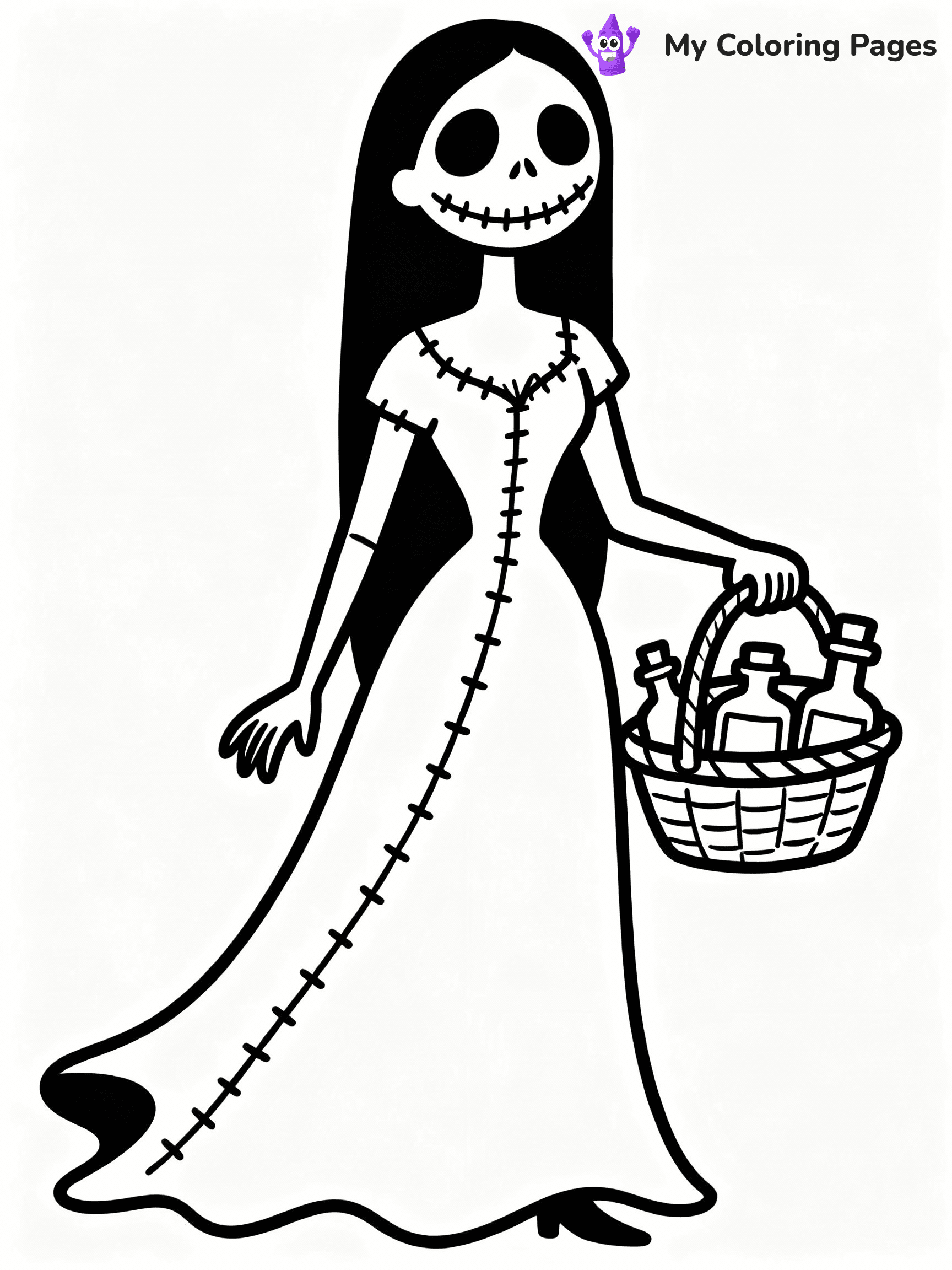 ⚠️ CRITICAL REQUIREMENT - ABSOLUTE BLACK AND WHITE ONLY ⚠️
This MUST be a BLACK AND WHITE line drawing ONLY. NO COLORS whatsoever.
- ONLY pure black lines (#000000) on pure white background (#FFFFFF)
- ABSOLUTELY NO colors, NO shading, NO gradients, NO grayscale
- If there are ANY colors in the output, the image is REJECTED
- This is a COLORING PAGE - meant to be COLORED IN by children
- The output must be UNCOLORED line art ready for coloring
⚠️ SUBJECT TO DRAW: Sally from The Nightmare Before Christmas in Tim Burton style, holding a basket of potions, stitched dress flowing
(REMEMBER: Output must be BLACK AND WHITE line art only, NOT colored!)
# COLORING PAGE: BLACK OUTLINES ONLY - WHITE BACKGROUND MANDATORY
Create a **coloring book page** using EXACTLY two values: black lines, white space.
## NON-NEGOTIABLE BINARY RULES
- **ONLY #000000 (black) and #FFFFFF (white)** - NO other values exist
- **EVERY PIXEL = BLACK OR WHITE** - no gray/shading/antialiasing
- **WHITE BACKGROUND MANDATORY** - entire canvas stays white
- **ALL SHAPES HOLLOW** - everything is empty outlines waiting to be colored
- **FORBIDDEN:** fills, shading, gradients, patterns, textures, colors
- **NO SOLID REGIONS** - if it's not a thin line, it's wrong
## Universal Line Standards
- Black outlines ONLY - thin, uniform weight
- Every shape completely empty inside
- Closed contours suitable for coloring
- Simple flat illustration - zero depth/3D/realism
- **Style:** Whimsical Doodle Art Alley - rounded, friendly outlines (unless specified)
## Everything = Outline Only
- Characters/animals: hollow shapes
- Objects/clothing: empty contours
- Backgrounds/scenery: line work only
- Natural elements: outlined forms
- Dark/night areas: don't exist (use outlined symbols)
- Textures/patterns: convert to simple lines
## The Test
Can a child color EVERY white space with crayons? If any area is pre-filled/shaded/gray or colored in, it FAILS. Every shape must be waiting to receive color.
**FINAL OUTPUT**: Binary coloring page. Black lines define shapes. White spaces ready for coloring. Nothing else exists. No exceptions. Print-ready.
⚠️ FINAL REMINDER: Draw the subject "Sally from The Nightmare Before Christmas in Tim Burton style, holding a basket of potions, stitched dress flowing" as BLACK AND WHITE line art. Zero colors in output.