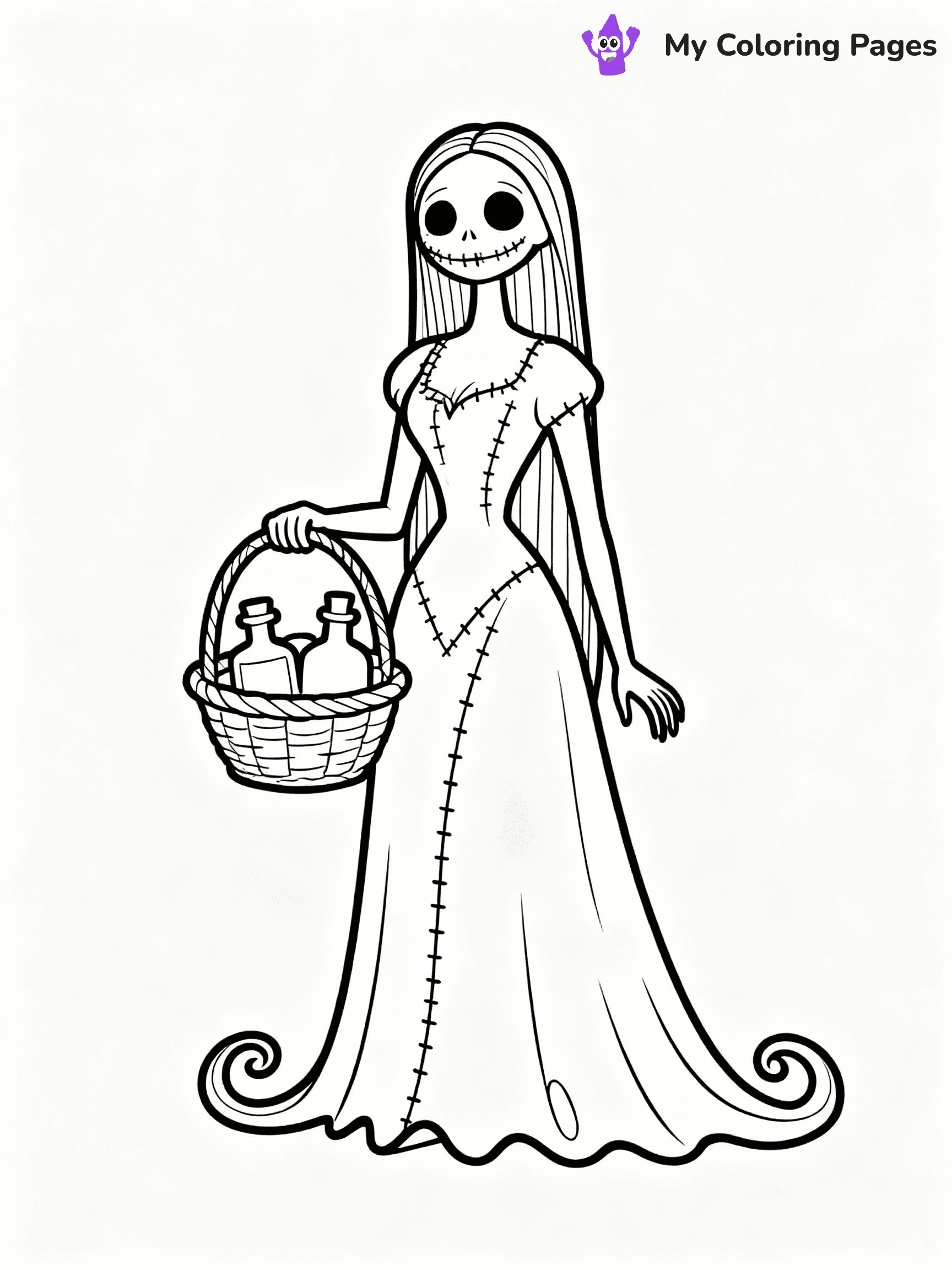 ⚠️ CRITICAL REQUIREMENT - ABSOLUTE BLACK AND WHITE ONLY ⚠️
This MUST be a BLACK AND WHITE line drawing ONLY. NO COLORS whatsoever.
- ONLY pure black lines (#000000) on pure white background (#FFFFFF)
- ABSOLUTELY NO colors, NO shading, NO gradients, NO grayscale
- If there are ANY colors in the output, the image is REJECTED
- This is a COLORING PAGE - meant to be COLORED IN by children
- The output must be UNCOLORED line art ready for coloring
⚠️ SUBJECT TO DRAW: Sally from The Nightmare Before Christmas in Tim Burton style, holding a basket of potions, stitched dress flowing
(REMEMBER: Output must be BLACK AND WHITE line art only, NOT colored!)
# COLORING PAGE: BLACK OUTLINES ONLY - WHITE BACKGROUND MANDATORY
Create a **coloring book page** using EXACTLY two values: black lines, white space.
## NON-NEGOTIABLE BINARY RULES
- **ONLY #000000 (black) and #FFFFFF (white)** - NO other values exist
- **EVERY PIXEL = BLACK OR WHITE** - no gray/shading/antialiasing
- **WHITE BACKGROUND MANDATORY** - entire canvas stays white
- **ALL SHAPES HOLLOW** - everything is empty outlines waiting to be colored
- **FORBIDDEN:** fills, shading, gradients, patterns, textures, colors
- **NO SOLID REGIONS** - if it's not a thin line, it's wrong
## Universal Line Standards
- Black outlines ONLY - thin, uniform weight
- Every shape completely empty inside
- Closed contours suitable for coloring
- Simple flat illustration - zero depth/3D/realism
- **Style:** Whimsical Doodle Art Alley - rounded, friendly outlines (unless specified)
## Everything = Outline Only
- Characters/animals: hollow shapes
- Objects/clothing: empty contours
- Backgrounds/scenery: line work only
- Natural elements: outlined forms
- Dark/night areas: don't exist (use outlined symbols)
- Textures/patterns: convert to simple lines
## The Test
Can a child color EVERY white space with crayons? If any area is pre-filled/shaded/gray or colored in, it FAILS. Every shape must be waiting to receive color.
**FINAL OUTPUT**: Binary coloring page. Black lines define shapes. White spaces ready for coloring. Nothing else exists. No exceptions. Print-ready.
⚠️ FINAL REMINDER: Draw the subject "Sally from The Nightmare Before Christmas in Tim Burton style, holding a basket of potions, stitched dress flowing" as BLACK AND WHITE line art. Zero colors in output.