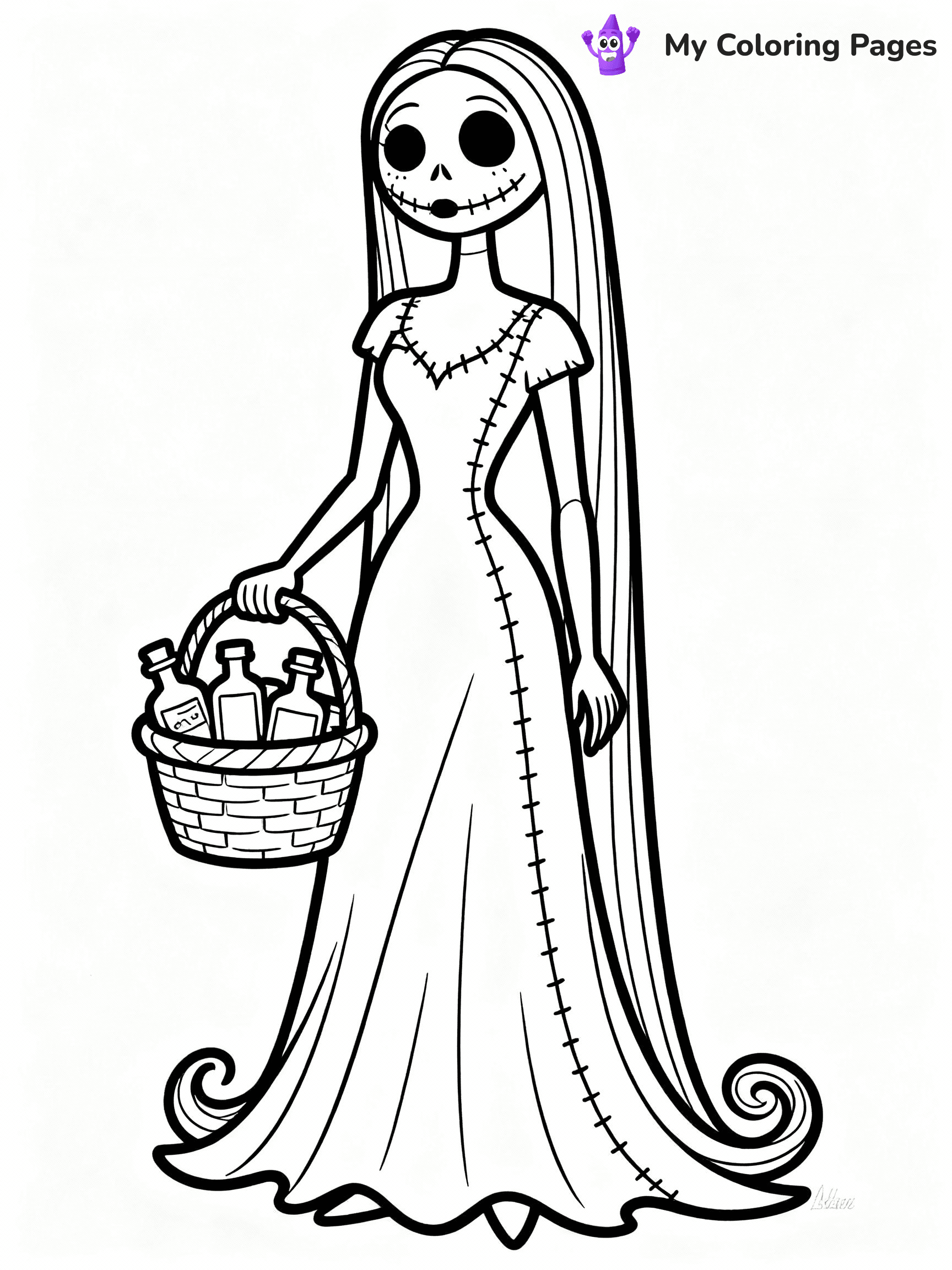 ⚠️ CRITICAL REQUIREMENT - ABSOLUTE BLACK AND WHITE ONLY ⚠️
This MUST be a BLACK AND WHITE line drawing ONLY. NO COLORS whatsoever.
- ONLY pure black lines (#000000) on pure white background (#FFFFFF)
- ABSOLUTELY NO colors, NO shading, NO gradients, NO grayscale
- If there are ANY colors in the output, the image is REJECTED
- This is a COLORING PAGE - meant to be COLORED IN by children
- The output must be UNCOLORED line art ready for coloring
⚠️ SUBJECT TO DRAW: Sally from The Nightmare Before Christmas in Tim Burton style, holding a basket of potions, stitched dress flowing
(REMEMBER: Output must be BLACK AND WHITE line art only, NOT colored!)
# COLORING PAGE: BLACK OUTLINES ONLY - WHITE BACKGROUND MANDATORY
Create a **coloring book page** using EXACTLY two values: black lines, white space.
## NON-NEGOTIABLE BINARY RULES
- **ONLY #000000 (black) and #FFFFFF (white)** - NO other values exist
- **EVERY PIXEL = BLACK OR WHITE** - no gray/shading/antialiasing
- **WHITE BACKGROUND MANDATORY** - entire canvas stays white
- **ALL SHAPES HOLLOW** - everything is empty outlines waiting to be colored
- **FORBIDDEN:** fills, shading, gradients, patterns, textures, colors
- **NO SOLID REGIONS** - if it's not a thin line, it's wrong
## Universal Line Standards
- Black outlines ONLY - thin, uniform weight
- Every shape completely empty inside
- Closed contours suitable for coloring
- Simple flat illustration - zero depth/3D/realism
- **Style:** Whimsical Doodle Art Alley - rounded, friendly outlines (unless specified)
## Everything = Outline Only
- Characters/animals: hollow shapes
- Objects/clothing: empty contours
- Backgrounds/scenery: line work only
- Natural elements: outlined forms
- Dark/night areas: don't exist (use outlined symbols)
- Textures/patterns: convert to simple lines
## The Test
Can a child color EVERY white space with crayons? If any area is pre-filled/shaded/gray or colored in, it FAILS. Every shape must be waiting to receive color.
**FINAL OUTPUT**: Binary coloring page. Black lines define shapes. White spaces ready for coloring. Nothing else exists. No exceptions. Print-ready.
⚠️ FINAL REMINDER: Draw the subject "Sally from The Nightmare Before Christmas in Tim Burton style, holding a basket of potions, stitched dress flowing" as BLACK AND WHITE line art. Zero colors in output.