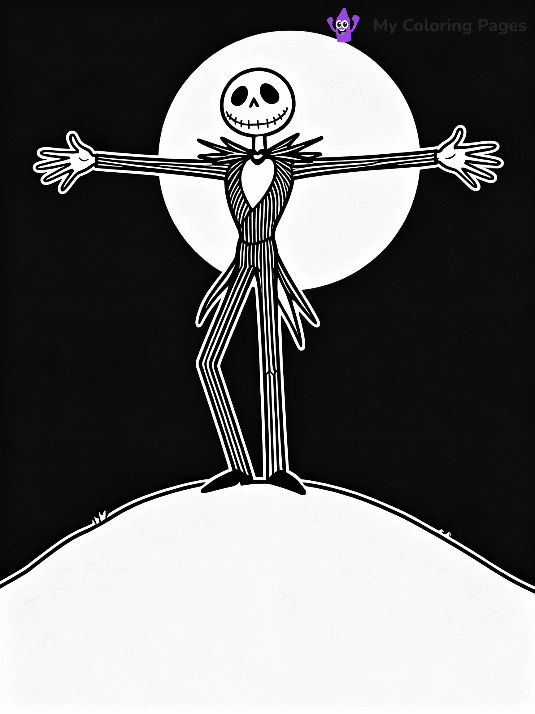 ⚠️ CRITICAL REQUIREMENT - ABSOLUTE BLACK AND WHITE ONLY ⚠️
This MUST be a BLACK AND WHITE line drawing ONLY. NO COLORS whatsoever.
- ONLY pure black lines (#000000) on pure white background (#FFFFFF)
- ABSOLUTELY NO colors, NO shading, NO gradients, NO grayscale
- If there are ANY colors in the output, the image is REJECTED
- This is a COLORING PAGE - meant to be COLORED IN by children
- The output must be UNCOLORED line art ready for coloring
⚠️ SUBJECT TO DRAW: Jack Skellington from The Nightmare Before Christmas in Tim Burton style, standing on a hill, arms outstretched, moon behind
(REMEMBER: Output must be BLACK AND WHITE line art only, NOT colored!)
# COLORING PAGE: BLACK OUTLINES ONLY - WHITE BACKGROUND MANDATORY
Create a **coloring book page** using EXACTLY two values: black lines, white space.
## NON-NEGOTIABLE BINARY RULES
- **ONLY #000000 (black) and #FFFFFF (white)** - NO other values exist
- **EVERY PIXEL = BLACK OR WHITE** - no gray/shading/antialiasing
- **WHITE BACKGROUND MANDATORY** - entire canvas stays white
- **ALL SHAPES HOLLOW** - everything is empty outlines waiting to be colored
- **FORBIDDEN:** fills, shading, gradients, patterns, textures, colors
- **NO SOLID REGIONS** - if it's not a thin line, it's wrong
## Universal Line Standards
- Black outlines ONLY - thin, uniform weight
- Every shape completely empty inside
- Closed contours suitable for coloring
- Simple flat illustration - zero depth/3D/realism
- **Style:** Whimsical Doodle Art Alley - rounded, friendly outlines (unless specified)
## Everything = Outline Only
- Characters/animals: hollow shapes
- Objects/clothing: empty contours
- Backgrounds/scenery: line work only
- Natural elements: outlined forms
- Dark/night areas: don't exist (use outlined symbols)
- Textures/patterns: convert to simple lines
## The Test
Can a child color EVERY white space with crayons? If any area is pre-filled/shaded/gray or colored in, it FAILS. Every shape must be waiting to receive color.
**FINAL OUTPUT**: Binary coloring page. Black lines define shapes. White spaces ready for coloring. Nothing else exists. No exceptions. Print-ready.
⚠️ FINAL REMINDER: Draw the subject "Jack Skellington from The Nightmare Before Christmas in Tim Burton style, standing on a hill, arms outstretched, moon behind" as BLACK AND WHITE line art. Zero colors in output.
