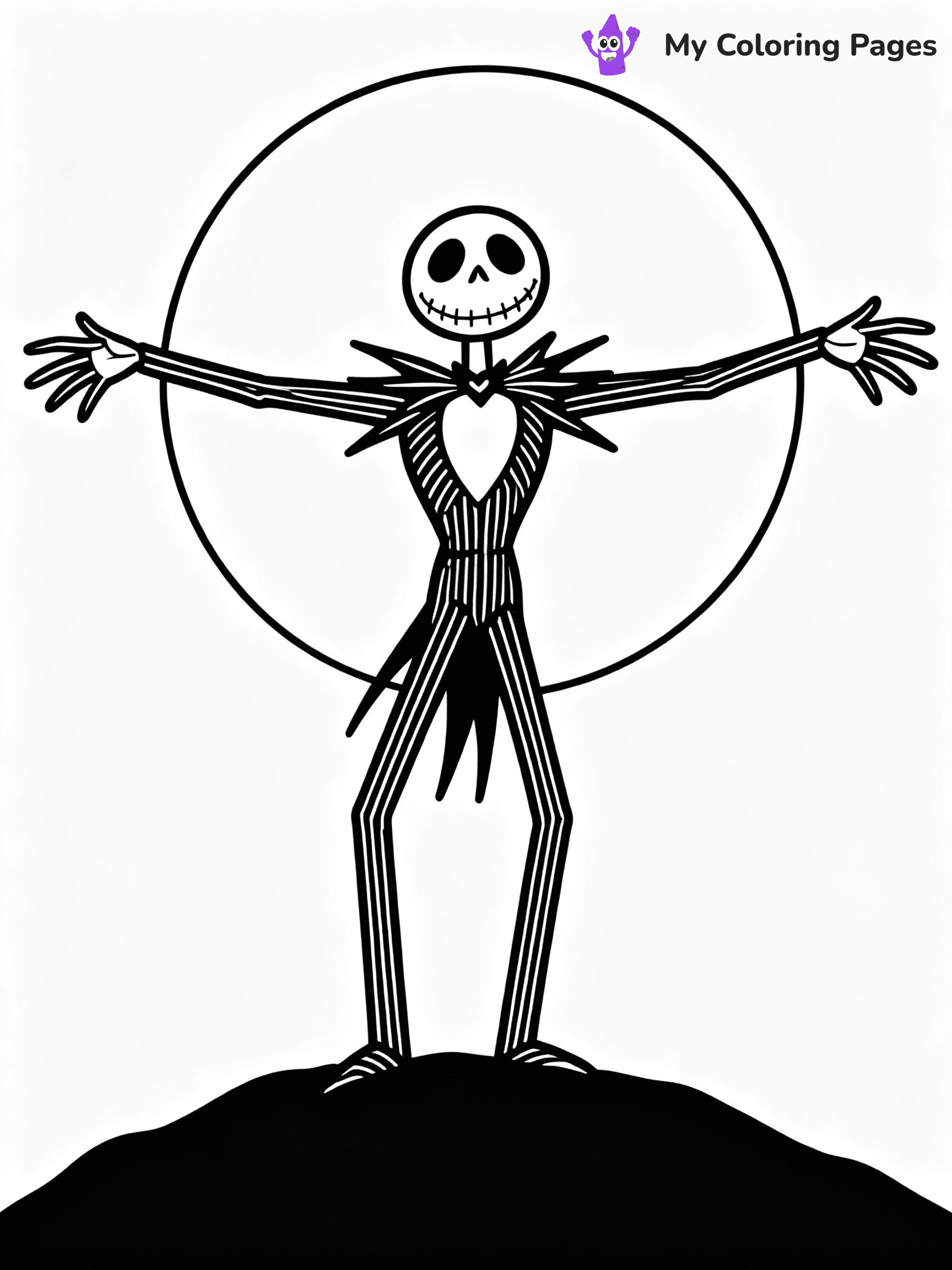 ⚠️ CRITICAL REQUIREMENT - ABSOLUTE BLACK AND WHITE ONLY ⚠️
This MUST be a BLACK AND WHITE line drawing ONLY. NO COLORS whatsoever.
- ONLY pure black lines (#000000) on pure white background (#FFFFFF)
- ABSOLUTELY NO colors, NO shading, NO gradients, NO grayscale
- If there are ANY colors in the output, the image is REJECTED
- This is a COLORING PAGE - meant to be COLORED IN by children
- The output must be UNCOLORED line art ready for coloring
⚠️ SUBJECT TO DRAW: Jack Skellington from The Nightmare Before Christmas in Tim Burton style, standing on a hill, arms outstretched, moon behind
(REMEMBER: Output must be BLACK AND WHITE line art only, NOT colored!)
# COLORING PAGE: BLACK OUTLINES ONLY - WHITE BACKGROUND MANDATORY
Create a **coloring book page** using EXACTLY two values: black lines, white space.
## NON-NEGOTIABLE BINARY RULES
- **ONLY #000000 (black) and #FFFFFF (white)** - NO other values exist
- **EVERY PIXEL = BLACK OR WHITE** - no gray/shading/antialiasing
- **WHITE BACKGROUND MANDATORY** - entire canvas stays white
- **ALL SHAPES HOLLOW** - everything is empty outlines waiting to be colored
- **FORBIDDEN:** fills, shading, gradients, patterns, textures, colors
- **NO SOLID REGIONS** - if it's not a thin line, it's wrong
## Universal Line Standards
- Black outlines ONLY - thin, uniform weight
- Every shape completely empty inside
- Closed contours suitable for coloring
- Simple flat illustration - zero depth/3D/realism
- **Style:** Whimsical Doodle Art Alley - rounded, friendly outlines (unless specified)
## Everything = Outline Only
- Characters/animals: hollow shapes
- Objects/clothing: empty contours
- Backgrounds/scenery: line work only
- Natural elements: outlined forms
- Dark/night areas: don't exist (use outlined symbols)
- Textures/patterns: convert to simple lines
## The Test
Can a child color EVERY white space with crayons? If any area is pre-filled/shaded/gray or colored in, it FAILS. Every shape must be waiting to receive color.
**FINAL OUTPUT**: Binary coloring page. Black lines define shapes. White spaces ready for coloring. Nothing else exists. No exceptions. Print-ready.
⚠️ FINAL REMINDER: Draw the subject "Jack Skellington from The Nightmare Before Christmas in Tim Burton style, standing on a hill, arms outstretched, moon behind" as BLACK AND WHITE line art. Zero colors in output.