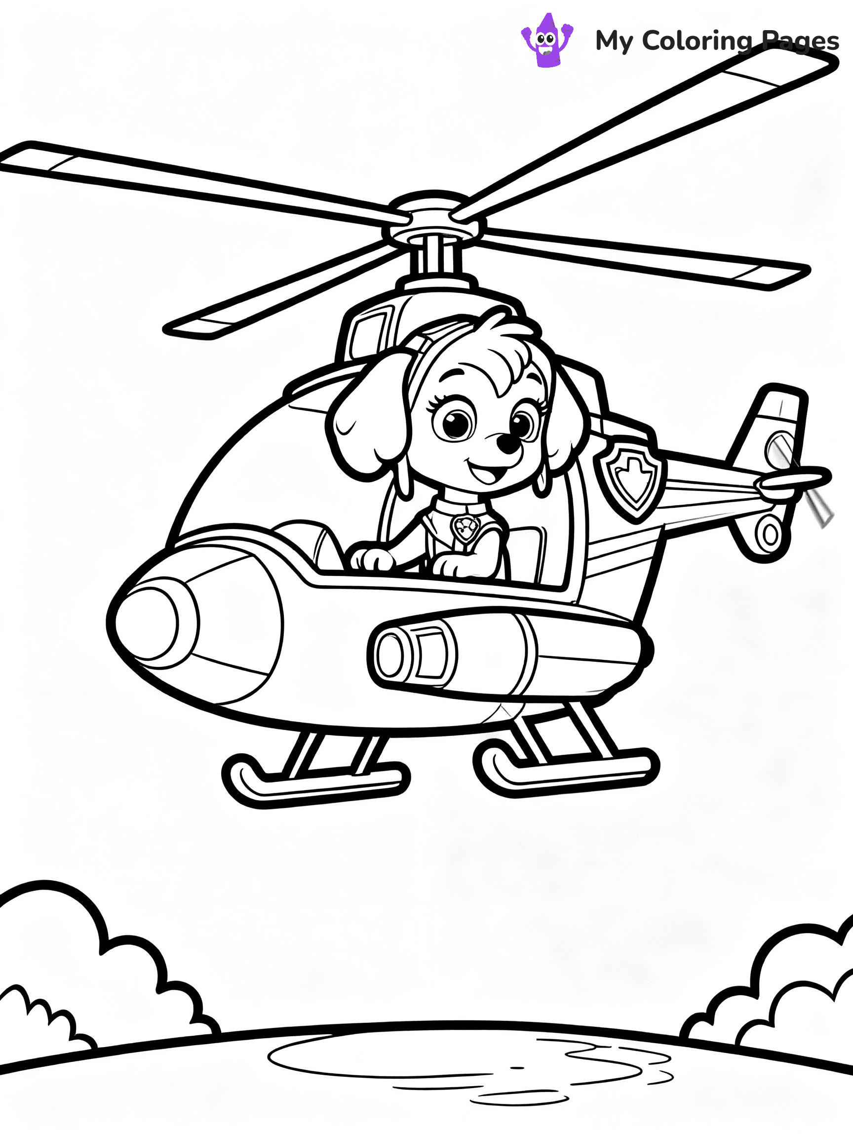 ⚠️ CRITICAL REQUIREMENT - ABSOLUTE BLACK AND WHITE ONLY ⚠️
This MUST be a BLACK AND WHITE line drawing ONLY. NO COLORS whatsoever.
- ONLY pure black lines (#000000) on pure white background (#FFFFFF)
- ABSOLUTELY NO colors, NO shading, NO gradients, NO grayscale
- If there are ANY colors in the output, the image is REJECTED
- This is a COLORING PAGE - meant to be COLORED IN by children
- The output must be UNCOLORED line art ready for coloring
⚠️ SUBJECT TO DRAW: Skye from Paw Patrol flying high in her helicopter. PURE OUTLINES. NO FILLS, COLOR, SHADING, OR GREYSCALE. WHITE BACKGROUND.
(REMEMBER: Output must be BLACK AND WHITE line art only, NOT colored!)
# Flat, Friendly Cartoon Line-Art Coloring Page
You are generating a **pure black-and-white binary image** of a child-friendly cartoon scene combining characters and background scenery in one cohesive composition.
## Rendering Rules (Strict)
- Only two colors: pure black (#000000) outlines and pure white (#FFFFFF) background.
- No grayscale, shading, gradients, tints, fills, transparency, or partial pixels.
- No antialiasing or blended edges; every pixel is 100% black or white.
- No solid black fills inside shapes — all areas inside outlines must remain white.
- No dark clothing areas or filled tone blocks; all garments outlined only.
- No shadows, textures, lighting, or tonal variations.
- Must look like flat binary vector line-art for coloring pages.
## Drawing & Composition
- **Medium, consistent line weight**; clean closed outlines easy to color inside.
- **Flat, simple, child-friendly design** — no realism or 3D depth.
- Characters are **grounded on a surface**, centered and large.
- **Balanced composition** with clear silhouettes and minimal props.
## Scenery & Style
- Landmarks (e.g., mosque, CN Tower) and scenery (trees, benches, waves) drawn with **black outlines only.**
- For real-world figures, teams, or places, show accurate details using only black outlines—no text or logos. Use distinctive uniform patterns, abstract symbols, and landmark silhouettes to convey identity.
- Keep **consistent perspective**; no floating elements.
- **Style:** whimsical **Doodle Art Alley** — rounded, friendly outlines.
- May adapt shapes from **Crayola, Disney, Peppa Pig, Cocomelon** — *by shape only, never color.*
- Final output: **flat, crisp, binary (#000000/#FFFFFF)**, **no filled color or background text.**
EXTREMELYE IMPORTANT:
- PURE BINARY LINE-ART; NO FILLS (HAIR/CLOTHES/SKIN), SHADING, OR GREY.
- NO SHADING, COLOR. MUST BE WHITE BACKGROUND.
⚠️ FINAL REMINDER: Draw the subject "Skye from Paw Patrol flying high in her helicopter. PURE OUTLINES. NO FILLS, COLOR, SHADING, OR GREYSCALE. WHITE BACKGROUND." as BLACK AND WHITE line art. Zero colors in output.