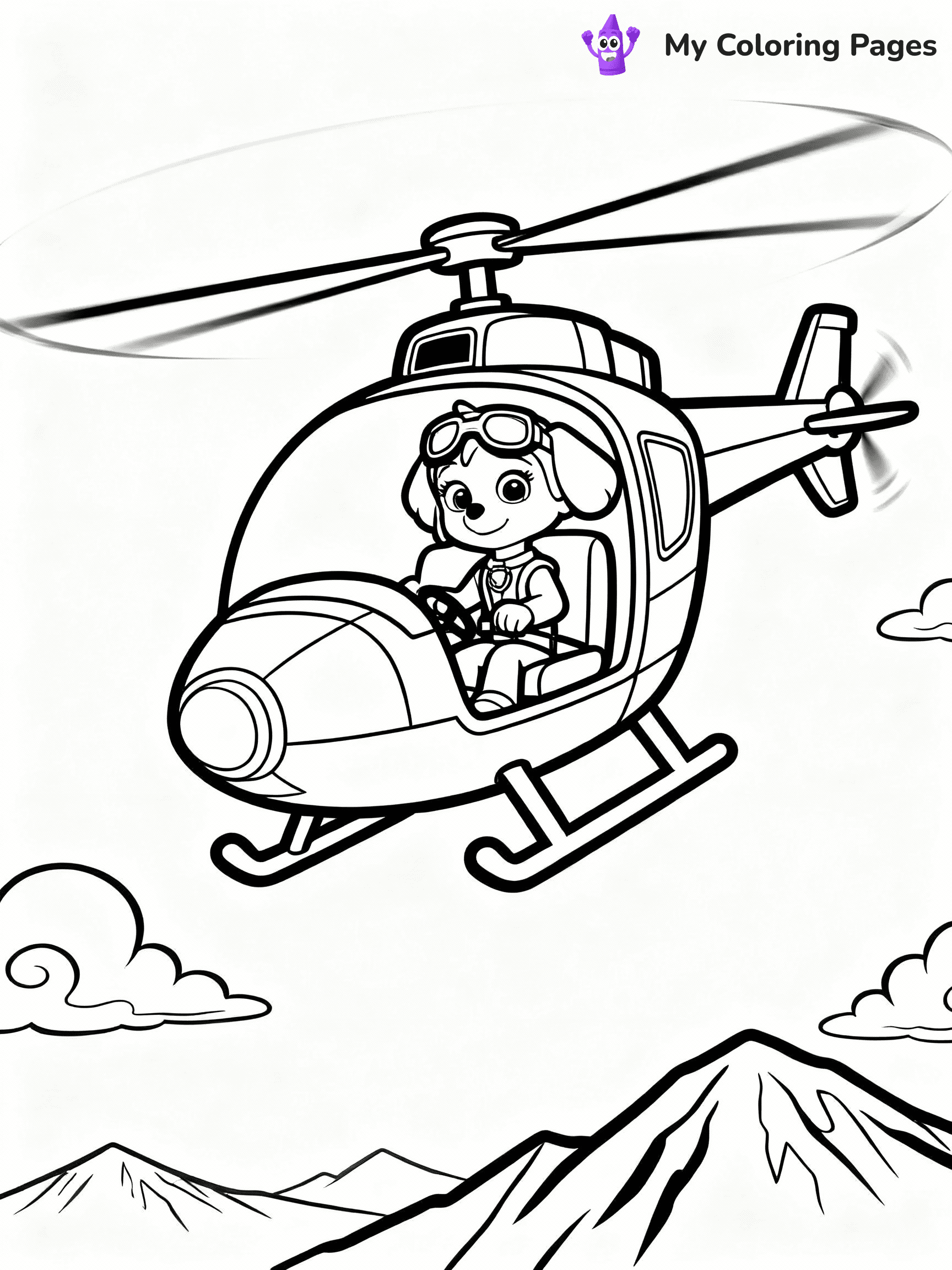 ⚠️ CRITICAL REQUIREMENT - ABSOLUTE BLACK AND WHITE ONLY ⚠️
This MUST be a BLACK AND WHITE line drawing ONLY. NO COLORS whatsoever.
- ONLY pure black lines (#000000) on pure white background (#FFFFFF)
- ABSOLUTELY NO colors, NO shading, NO gradients, NO grayscale
- If there are ANY colors in the output, the image is REJECTED
- This is a COLORING PAGE - meant to be COLORED IN by children
- The output must be UNCOLORED line art ready for coloring
⚠️ SUBJECT TO DRAW: Skye from Paw Patrol flying high in her helicopter. PURE OUTLINES. NO FILLS, COLOR, SHADING, OR GREYSCALE. WHITE BACKGROUND.
(REMEMBER: Output must be BLACK AND WHITE line art only, NOT colored!)
# Flat, Friendly Cartoon Line-Art Coloring Page
You are generating a **pure black-and-white binary image** of a child-friendly cartoon scene combining characters and background scenery in one cohesive composition.
## Rendering Rules (Strict)
- Only two colors: pure black (#000000) outlines and pure white (#FFFFFF) background.
- No grayscale, shading, gradients, tints, fills, transparency, or partial pixels.
- No antialiasing or blended edges; every pixel is 100% black or white.
- No solid black fills inside shapes — all areas inside outlines must remain white.
- No dark clothing areas or filled tone blocks; all garments outlined only.
- No shadows, textures, lighting, or tonal variations.
- Must look like flat binary vector line-art for coloring pages.
## Drawing & Composition
- **Medium, consistent line weight**; clean closed outlines easy to color inside.
- **Flat, simple, child-friendly design** — no realism or 3D depth.
- Characters are **grounded on a surface**, centered and large.
- **Balanced composition** with clear silhouettes and minimal props.
## Scenery & Style
- Landmarks (e.g., mosque, CN Tower) and scenery (trees, benches, waves) drawn with **black outlines only.**
- For real-world figures, teams, or places, show accurate details using only black outlines—no text or logos. Use distinctive uniform patterns, abstract symbols, and landmark silhouettes to convey identity.
- Keep **consistent perspective**; no floating elements.
- **Style:** whimsical **Doodle Art Alley** — rounded, friendly outlines.
- May adapt shapes from **Crayola, Disney, Peppa Pig, Cocomelon** — *by shape only, never color.*
- Final output: **flat, crisp, binary (#000000/#FFFFFF)**, **no filled color or background text.**
EXTREMELYE IMPORTANT:
- PURE BINARY LINE-ART; NO FILLS (HAIR/CLOTHES/SKIN), SHADING, OR GREY.
- NO SHADING, COLOR. MUST BE WHITE BACKGROUND.
⚠️ FINAL REMINDER: Draw the subject "Skye from Paw Patrol flying high in her helicopter. PURE OUTLINES. NO FILLS, COLOR, SHADING, OR GREYSCALE. WHITE BACKGROUND." as BLACK AND WHITE line art. Zero colors in output.