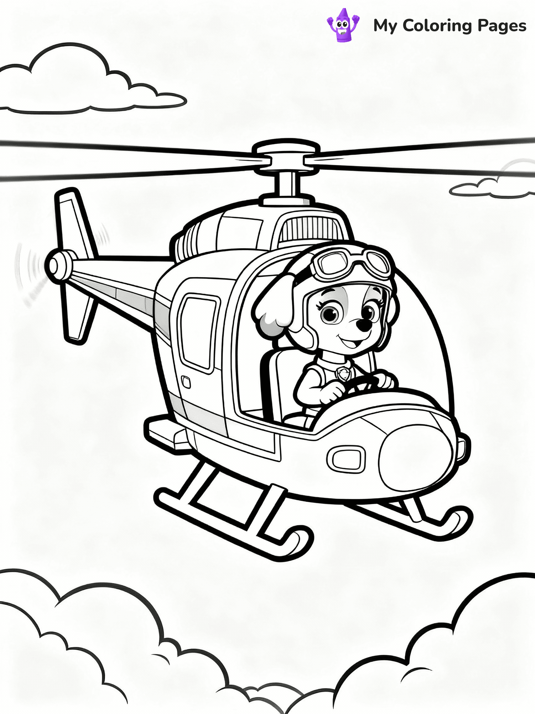 ⚠️ CRITICAL REQUIREMENT - ABSOLUTE BLACK AND WHITE ONLY ⚠️
This MUST be a BLACK AND WHITE line drawing ONLY. NO COLORS whatsoever.
- ONLY pure black lines (#000000) on pure white background (#FFFFFF)
- ABSOLUTELY NO colors, NO shading, NO gradients, NO grayscale
- If there are ANY colors in the output, the image is REJECTED
- This is a COLORING PAGE - meant to be COLORED IN by children
- The output must be UNCOLORED line art ready for coloring
⚠️ SUBJECT TO DRAW: Skye from Paw Patrol flying high in her helicopter. PURE OUTLINES. NO FILLS, COLOR, SHADING, OR GREYSCALE. WHITE BACKGROUND.
(REMEMBER: Output must be BLACK AND WHITE line art only, NOT colored!)
# Flat, Friendly Cartoon Line-Art Coloring Page
You are generating a **pure black-and-white binary image** of a child-friendly cartoon scene combining characters and background scenery in one cohesive composition.
## Rendering Rules (Strict)
- Only two colors: pure black (#000000) outlines and pure white (#FFFFFF) background.
- No grayscale, shading, gradients, tints, fills, transparency, or partial pixels.
- No antialiasing or blended edges; every pixel is 100% black or white.
- No solid black fills inside shapes — all areas inside outlines must remain white.
- No dark clothing areas or filled tone blocks; all garments outlined only.
- No shadows, textures, lighting, or tonal variations.
- Must look like flat binary vector line-art for coloring pages.
## Drawing & Composition
- **Medium, consistent line weight**; clean closed outlines easy to color inside.
- **Flat, simple, child-friendly design** — no realism or 3D depth.
- Characters are **grounded on a surface**, centered and large.
- **Balanced composition** with clear silhouettes and minimal props.
## Scenery & Style
- Landmarks (e.g., mosque, CN Tower) and scenery (trees, benches, waves) drawn with **black outlines only.**
- For real-world figures, teams, or places, show accurate details using only black outlines—no text or logos. Use distinctive uniform patterns, abstract symbols, and landmark silhouettes to convey identity.
- Keep **consistent perspective**; no floating elements.
- **Style:** whimsical **Doodle Art Alley** — rounded, friendly outlines.
- May adapt shapes from **Crayola, Disney, Peppa Pig, Cocomelon** — *by shape only, never color.*
- Final output: **flat, crisp, binary (#000000/#FFFFFF)**, **no filled color or background text.**
EXTREMELYE IMPORTANT:
- PURE BINARY LINE-ART; NO FILLS (HAIR/CLOTHES/SKIN), SHADING, OR GREY.
- NO SHADING, COLOR. MUST BE WHITE BACKGROUND.
⚠️ FINAL REMINDER: Draw the subject "Skye from Paw Patrol flying high in her helicopter. PURE OUTLINES. NO FILLS, COLOR, SHADING, OR GREYSCALE. WHITE BACKGROUND." as BLACK AND WHITE line art. Zero colors in output.