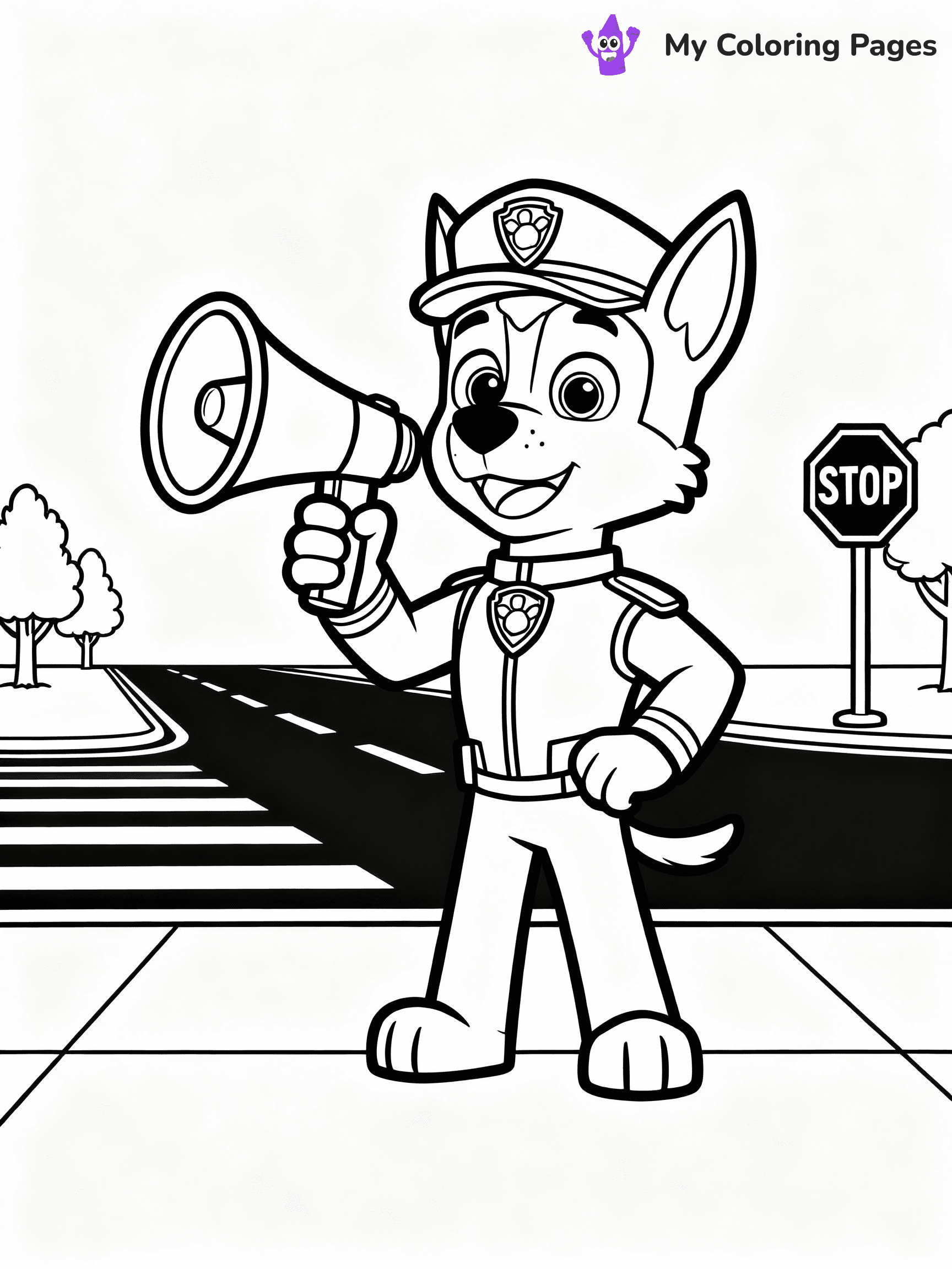 ⚠️ CRITICAL REQUIREMENT - ABSOLUTE BLACK AND WHITE ONLY ⚠️
This MUST be a BLACK AND WHITE line drawing ONLY. NO COLORS whatsoever.
- ONLY pure black lines (#000000) on pure white background (#FFFFFF)
- ABSOLUTELY NO colors, NO shading, NO gradients, NO grayscale
- If there are ANY colors in the output, the image is REJECTED
- This is a COLORING PAGE - meant to be COLORED IN by children
- The output must be UNCOLORED line art ready for coloring
⚠️ SUBJECT TO DRAW: Chase from Paw Patrol directing traffic with his megaphone. PURE OUTLINES. NO FILLS, COLOR, SHADING, OR GREYSCALE. WHITE BACKGROUND.
(REMEMBER: Output must be BLACK AND WHITE line art only, NOT colored!)
# Flat, Friendly Cartoon Line-Art Coloring Page
You are generating a **pure black-and-white binary image** of a child-friendly cartoon scene combining characters and background scenery in one cohesive composition.
## Rendering Rules (Strict)
- Only two colors: pure black (#000000) outlines and pure white (#FFFFFF) background.
- No grayscale, shading, gradients, tints, fills, transparency, or partial pixels.
- No antialiasing or blended edges; every pixel is 100% black or white.
- No solid black fills inside shapes — all areas inside outlines must remain white.
- No dark clothing areas or filled tone blocks; all garments outlined only.
- No shadows, textures, lighting, or tonal variations.
- Must look like flat binary vector line-art for coloring pages.
## Drawing & Composition
- **Medium, consistent line weight**; clean closed outlines easy to color inside.
- **Flat, simple, child-friendly design** — no realism or 3D depth.
- Characters are **grounded on a surface**, centered and large.
- **Balanced composition** with clear silhouettes and minimal props.
## Scenery & Style
- Landmarks (e.g., mosque, CN Tower) and scenery (trees, benches, waves) drawn with **black outlines only.**
- For real-world figures, teams, or places, show accurate details using only black outlines—no text or logos. Use distinctive uniform patterns, abstract symbols, and landmark silhouettes to convey identity.
- Keep **consistent perspective**; no floating elements.
- **Style:** whimsical **Doodle Art Alley** — rounded, friendly outlines.
- May adapt shapes from **Crayola, Disney, Peppa Pig, Cocomelon** — *by shape only, never color.*
- Final output: **flat, crisp, binary (#000000/#FFFFFF)**, **no filled color or background text.**
EXTREMELYE IMPORTANT:
- PURE BINARY LINE-ART; NO FILLS (HAIR/CLOTHES/SKIN), SHADING, OR GREY.
- NO SHADING, COLOR. MUST BE WHITE BACKGROUND.
⚠️ FINAL REMINDER: Draw the subject "Chase from Paw Patrol directing traffic with his megaphone. PURE OUTLINES. NO FILLS, COLOR, SHADING, OR GREYSCALE. WHITE BACKGROUND." as BLACK AND WHITE line art. Zero colors in output.