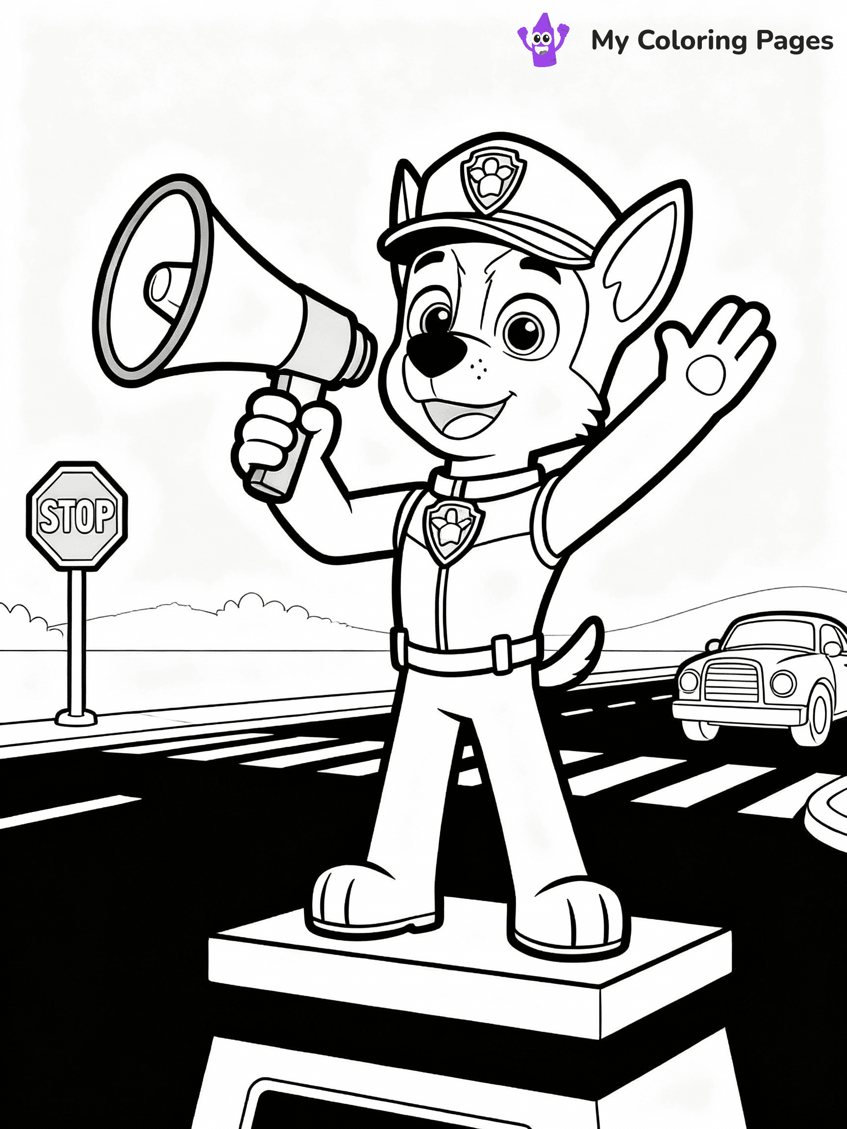 ⚠️ CRITICAL REQUIREMENT - ABSOLUTE BLACK AND WHITE ONLY ⚠️
This MUST be a BLACK AND WHITE line drawing ONLY. NO COLORS whatsoever.
- ONLY pure black lines (#000000) on pure white background (#FFFFFF)
- ABSOLUTELY NO colors, NO shading, NO gradients, NO grayscale
- If there are ANY colors in the output, the image is REJECTED
- This is a COLORING PAGE - meant to be COLORED IN by children
- The output must be UNCOLORED line art ready for coloring
⚠️ SUBJECT TO DRAW: Chase from Paw Patrol directing traffic with his megaphone. PURE OUTLINES. NO FILLS, COLOR, SHADING, OR GREYSCALE. WHITE BACKGROUND.
(REMEMBER: Output must be BLACK AND WHITE line art only, NOT colored!)
# Flat, Friendly Cartoon Line-Art Coloring Page
You are generating a **pure black-and-white binary image** of a child-friendly cartoon scene combining characters and background scenery in one cohesive composition.
## Rendering Rules (Strict)
- Only two colors: pure black (#000000) outlines and pure white (#FFFFFF) background.
- No grayscale, shading, gradients, tints, fills, transparency, or partial pixels.
- No antialiasing or blended edges; every pixel is 100% black or white.
- No solid black fills inside shapes — all areas inside outlines must remain white.
- No dark clothing areas or filled tone blocks; all garments outlined only.
- No shadows, textures, lighting, or tonal variations.
- Must look like flat binary vector line-art for coloring pages.
## Drawing & Composition
- **Medium, consistent line weight**; clean closed outlines easy to color inside.
- **Flat, simple, child-friendly design** — no realism or 3D depth.
- Characters are **grounded on a surface**, centered and large.
- **Balanced composition** with clear silhouettes and minimal props.
## Scenery & Style
- Landmarks (e.g., mosque, CN Tower) and scenery (trees, benches, waves) drawn with **black outlines only.**
- For real-world figures, teams, or places, show accurate details using only black outlines—no text or logos. Use distinctive uniform patterns, abstract symbols, and landmark silhouettes to convey identity.
- Keep **consistent perspective**; no floating elements.
- **Style:** whimsical **Doodle Art Alley** — rounded, friendly outlines.
- May adapt shapes from **Crayola, Disney, Peppa Pig, Cocomelon** — *by shape only, never color.*
- Final output: **flat, crisp, binary (#000000/#FFFFFF)**, **no filled color or background text.**
EXTREMELYE IMPORTANT:
- PURE BINARY LINE-ART; NO FILLS (HAIR/CLOTHES/SKIN), SHADING, OR GREY.
- NO SHADING, COLOR. MUST BE WHITE BACKGROUND.
⚠️ FINAL REMINDER: Draw the subject "Chase from Paw Patrol directing traffic with his megaphone. PURE OUTLINES. NO FILLS, COLOR, SHADING, OR GREYSCALE. WHITE BACKGROUND." as BLACK AND WHITE line art. Zero colors in output.