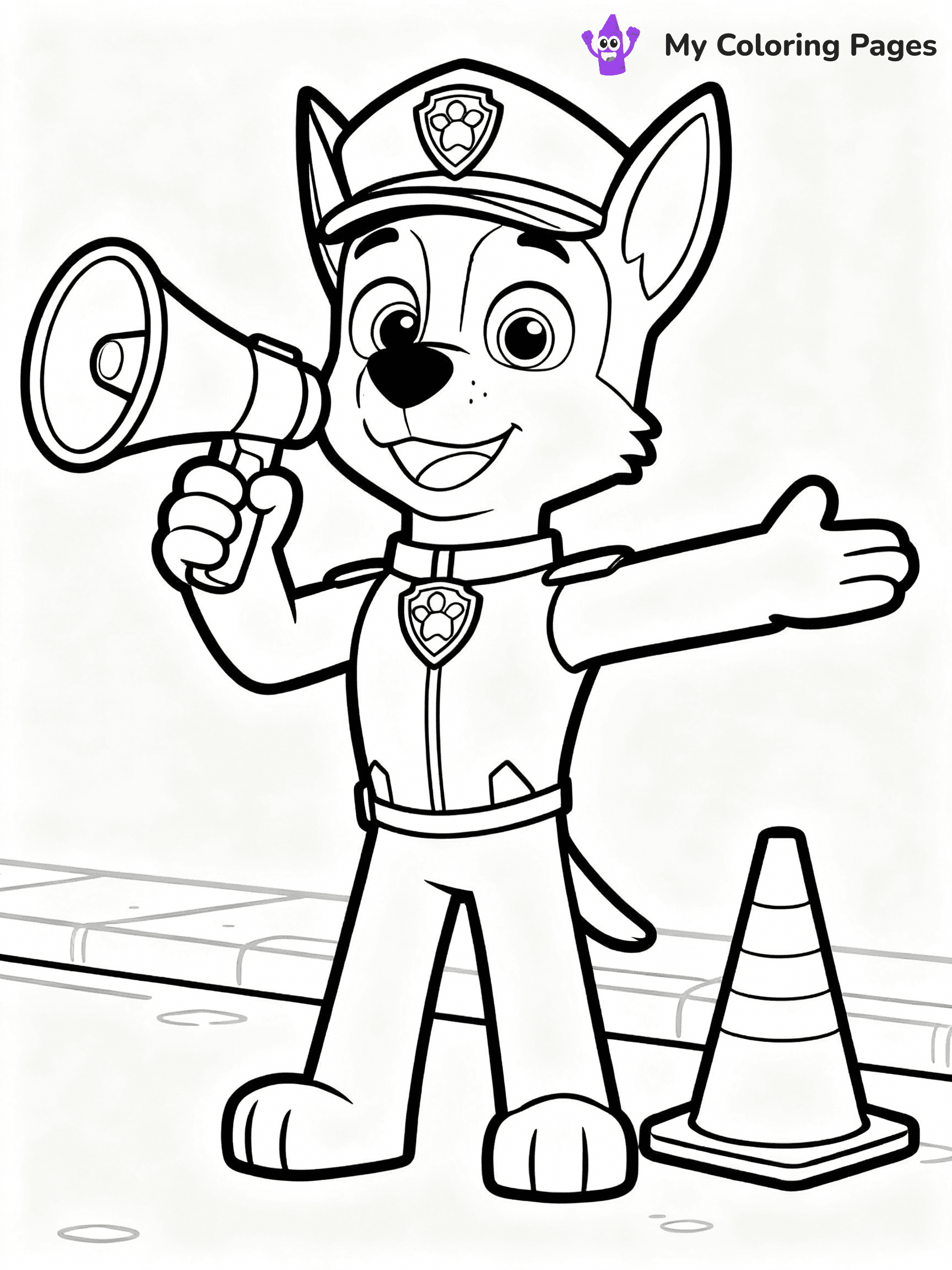 ⚠️ CRITICAL REQUIREMENT - ABSOLUTE BLACK AND WHITE ONLY ⚠️
This MUST be a BLACK AND WHITE line drawing ONLY. NO COLORS whatsoever.
- ONLY pure black lines (#000000) on pure white background (#FFFFFF)
- ABSOLUTELY NO colors, NO shading, NO gradients, NO grayscale
- If there are ANY colors in the output, the image is REJECTED
- This is a COLORING PAGE - meant to be COLORED IN by children
- The output must be UNCOLORED line art ready for coloring
⚠️ SUBJECT TO DRAW: Chase from Paw Patrol directing traffic with his megaphone. PURE OUTLINES. NO FILLS, COLOR, SHADING, OR GREYSCALE. WHITE BACKGROUND.
(REMEMBER: Output must be BLACK AND WHITE line art only, NOT colored!)
# Flat, Friendly Cartoon Line-Art Coloring Page
You are generating a **pure black-and-white binary image** of a child-friendly cartoon scene combining characters and background scenery in one cohesive composition.
## Rendering Rules (Strict)
- Only two colors: pure black (#000000) outlines and pure white (#FFFFFF) background.
- No grayscale, shading, gradients, tints, fills, transparency, or partial pixels.
- No antialiasing or blended edges; every pixel is 100% black or white.
- No solid black fills inside shapes — all areas inside outlines must remain white.
- No dark clothing areas or filled tone blocks; all garments outlined only.
- No shadows, textures, lighting, or tonal variations.
- Must look like flat binary vector line-art for coloring pages.
## Drawing & Composition
- **Medium, consistent line weight**; clean closed outlines easy to color inside.
- **Flat, simple, child-friendly design** — no realism or 3D depth.
- Characters are **grounded on a surface**, centered and large.
- **Balanced composition** with clear silhouettes and minimal props.
## Scenery & Style
- Landmarks (e.g., mosque, CN Tower) and scenery (trees, benches, waves) drawn with **black outlines only.**
- For real-world figures, teams, or places, show accurate details using only black outlines—no text or logos. Use distinctive uniform patterns, abstract symbols, and landmark silhouettes to convey identity.
- Keep **consistent perspective**; no floating elements.
- **Style:** whimsical **Doodle Art Alley** — rounded, friendly outlines.
- May adapt shapes from **Crayola, Disney, Peppa Pig, Cocomelon** — *by shape only, never color.*
- Final output: **flat, crisp, binary (#000000/#FFFFFF)**, **no filled color or background text.**
EXTREMELYE IMPORTANT:
- PURE BINARY LINE-ART; NO FILLS (HAIR/CLOTHES/SKIN), SHADING, OR GREY.
- NO SHADING, COLOR. MUST BE WHITE BACKGROUND.
⚠️ FINAL REMINDER: Draw the subject "Chase from Paw Patrol directing traffic with his megaphone. PURE OUTLINES. NO FILLS, COLOR, SHADING, OR GREYSCALE. WHITE BACKGROUND." as BLACK AND WHITE line art. Zero colors in output.