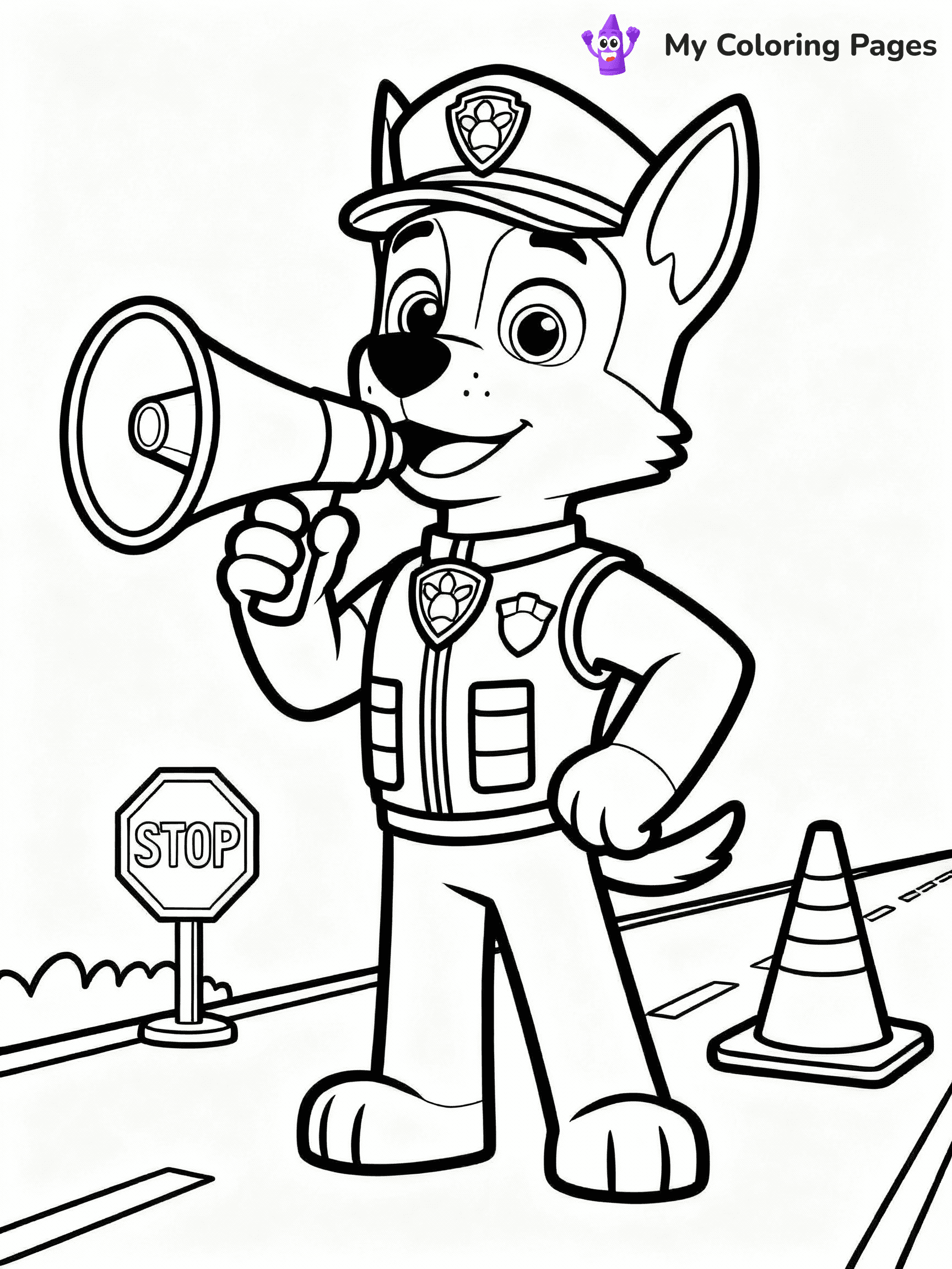 ⚠️ CRITICAL REQUIREMENT - ABSOLUTE BLACK AND WHITE ONLY ⚠️
This MUST be a BLACK AND WHITE line drawing ONLY. NO COLORS whatsoever.
- ONLY pure black lines (#000000) on pure white background (#FFFFFF)
- ABSOLUTELY NO colors, NO shading, NO gradients, NO grayscale
- If there are ANY colors in the output, the image is REJECTED
- This is a COLORING PAGE - meant to be COLORED IN by children
- The output must be UNCOLORED line art ready for coloring
⚠️ SUBJECT TO DRAW: Chase from Paw Patrol directing traffic with his megaphone. PURE OUTLINES. NO FILLS, COLOR, SHADING, OR GREYSCALE. WHITE BACKGROUND.
(REMEMBER: Output must be BLACK AND WHITE line art only, NOT colored!)
# Flat, Friendly Cartoon Line-Art Coloring Page
You are generating a **pure black-and-white binary image** of a child-friendly cartoon scene combining characters and background scenery in one cohesive composition.
## Rendering Rules (Strict)
- Only two colors: pure black (#000000) outlines and pure white (#FFFFFF) background.
- No grayscale, shading, gradients, tints, fills, transparency, or partial pixels.
- No antialiasing or blended edges; every pixel is 100% black or white.
- No solid black fills inside shapes — all areas inside outlines must remain white.
- No dark clothing areas or filled tone blocks; all garments outlined only.
- No shadows, textures, lighting, or tonal variations.
- Must look like flat binary vector line-art for coloring pages.
## Drawing & Composition
- **Medium, consistent line weight**; clean closed outlines easy to color inside.
- **Flat, simple, child-friendly design** — no realism or 3D depth.
- Characters are **grounded on a surface**, centered and large.
- **Balanced composition** with clear silhouettes and minimal props.
## Scenery & Style
- Landmarks (e.g., mosque, CN Tower) and scenery (trees, benches, waves) drawn with **black outlines only.**
- For real-world figures, teams, or places, show accurate details using only black outlines—no text or logos. Use distinctive uniform patterns, abstract symbols, and landmark silhouettes to convey identity.
- Keep **consistent perspective**; no floating elements.
- **Style:** whimsical **Doodle Art Alley** — rounded, friendly outlines.
- May adapt shapes from **Crayola, Disney, Peppa Pig, Cocomelon** — *by shape only, never color.*
- Final output: **flat, crisp, binary (#000000/#FFFFFF)**, **no filled color or background text.**
EXTREMELYE IMPORTANT:
- PURE BINARY LINE-ART; NO FILLS (HAIR/CLOTHES/SKIN), SHADING, OR GREY.
- NO SHADING, COLOR. MUST BE WHITE BACKGROUND.
⚠️ FINAL REMINDER: Draw the subject "Chase from Paw Patrol directing traffic with his megaphone. PURE OUTLINES. NO FILLS, COLOR, SHADING, OR GREYSCALE. WHITE BACKGROUND." as BLACK AND WHITE line art. Zero colors in output.