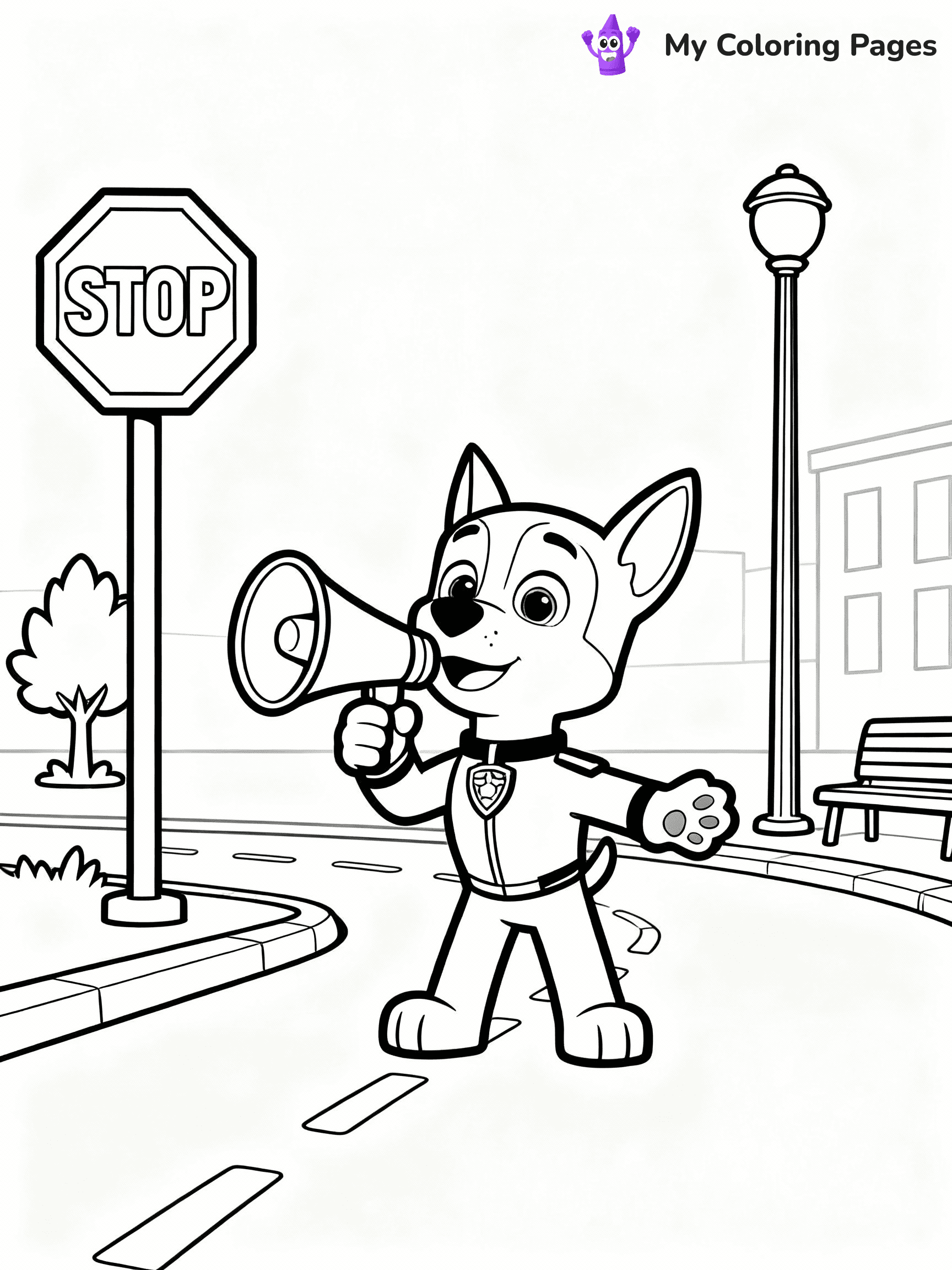 ⚠️ CRITICAL REQUIREMENT - ABSOLUTE BLACK AND WHITE ONLY ⚠️
This MUST be a BLACK AND WHITE line drawing ONLY. NO COLORS whatsoever.
- ONLY pure black lines (#000000) on pure white background (#FFFFFF)
- ABSOLUTELY NO colors, NO shading, NO gradients, NO grayscale
- If there are ANY colors in the output, the image is REJECTED
- This is a COLORING PAGE - meant to be COLORED IN by children
- The output must be UNCOLORED line art ready for coloring
⚠️ SUBJECT TO DRAW: Chase from Paw Patrol directing traffic with his megaphone. PURE OUTLINES. NO FILLS, COLOR, SHADING, OR GREYSCALE. WHITE BACKGROUND.
(REMEMBER: Output must be BLACK AND WHITE line art only, NOT colored!)
# Flat, Friendly Cartoon Line-Art Coloring Page
You are generating a **pure black-and-white binary image** of a child-friendly cartoon scene combining characters and background scenery in one cohesive composition.
## Rendering Rules (Strict)
- Only two colors: pure black (#000000) outlines and pure white (#FFFFFF) background.
- No grayscale, shading, gradients, tints, fills, transparency, or partial pixels.
- No antialiasing or blended edges; every pixel is 100% black or white.
- No solid black fills inside shapes — all areas inside outlines must remain white.
- No dark clothing areas or filled tone blocks; all garments outlined only.
- No shadows, textures, lighting, or tonal variations.
- Must look like flat binary vector line-art for coloring pages.
## Drawing & Composition
- **Medium, consistent line weight**; clean closed outlines easy to color inside.
- **Flat, simple, child-friendly design** — no realism or 3D depth.
- Characters are **grounded on a surface**, centered and large.
- **Balanced composition** with clear silhouettes and minimal props.
## Scenery & Style
- Landmarks (e.g., mosque, CN Tower) and scenery (trees, benches, waves) drawn with **black outlines only.**
- For real-world figures, teams, or places, show accurate details using only black outlines—no text or logos. Use distinctive uniform patterns, abstract symbols, and landmark silhouettes to convey identity.
- Keep **consistent perspective**; no floating elements.
- **Style:** whimsical **Doodle Art Alley** — rounded, friendly outlines.
- May adapt shapes from **Crayola, Disney, Peppa Pig, Cocomelon** — *by shape only, never color.*
- Final output: **flat, crisp, binary (#000000/#FFFFFF)**, **no filled color or background text.**
EXTREMELYE IMPORTANT:
- PURE BINARY LINE-ART; NO FILLS (HAIR/CLOTHES/SKIN), SHADING, OR GREY.
- NO SHADING, COLOR. MUST BE WHITE BACKGROUND.
⚠️ FINAL REMINDER: Draw the subject "Chase from Paw Patrol directing traffic with his megaphone. PURE OUTLINES. NO FILLS, COLOR, SHADING, OR GREYSCALE. WHITE BACKGROUND." as BLACK AND WHITE line art. Zero colors in output.