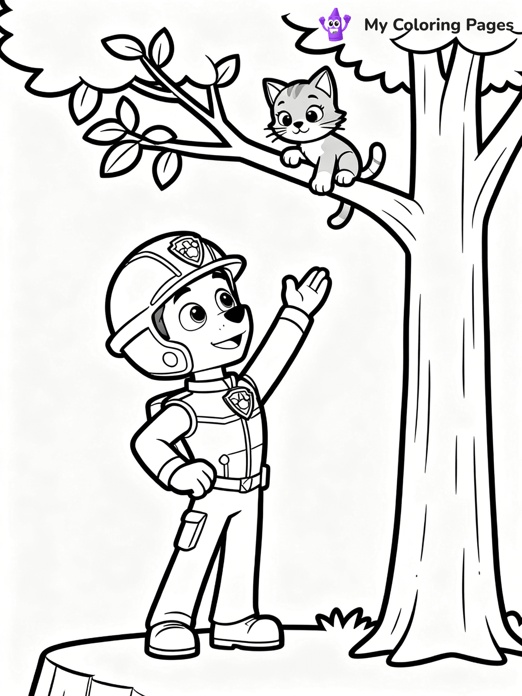 ⚠️ CRITICAL REQUIREMENT - ABSOLUTE BLACK AND WHITE ONLY ⚠️
This MUST be a BLACK AND WHITE line drawing ONLY. NO COLORS whatsoever.
- ONLY pure black lines (#000000) on pure white background (#FFFFFF)
- ABSOLUTELY NO colors, NO shading, NO gradients, NO grayscale
- If there are ANY colors in the output, the image is REJECTED
- This is a COLORING PAGE - meant to be COLORED IN by children
- The output must be UNCOLORED line art ready for coloring
⚠️ SUBJECT TO DRAW: Marshall from Paw Patrol rescuing a kitten from a tree. PURE OUTLINES. NO FILLS, COLOR, SHADING, OR GREYSCALE. WHITE BACKGROUND.
(REMEMBER: Output must be BLACK AND WHITE line art only, NOT colored!)
# Flat, Friendly Cartoon Line-Art Coloring Page
You are generating a **pure black-and-white binary image** of a child-friendly cartoon scene combining characters and background scenery in one cohesive composition.
## Rendering Rules (Strict)
- Only two colors: pure black (#000000) outlines and pure white (#FFFFFF) background.
- No grayscale, shading, gradients, tints, fills, transparency, or partial pixels.
- No antialiasing or blended edges; every pixel is 100% black or white.
- No solid black fills inside shapes — all areas inside outlines must remain white.
- No dark clothing areas or filled tone blocks; all garments outlined only.
- No shadows, textures, lighting, or tonal variations.
- Must look like flat binary vector line-art for coloring pages.
## Drawing & Composition
- **Medium, consistent line weight**; clean closed outlines easy to color inside.
- **Flat, simple, child-friendly design** — no realism or 3D depth.
- Characters are **grounded on a surface**, centered and large.
- **Balanced composition** with clear silhouettes and minimal props.
## Scenery & Style
- Landmarks (e.g., mosque, CN Tower) and scenery (trees, benches, waves) drawn with **black outlines only.**
- For real-world figures, teams, or places, show accurate details using only black outlines—no text or logos. Use distinctive uniform patterns, abstract symbols, and landmark silhouettes to convey identity.
- Keep **consistent perspective**; no floating elements.
- **Style:** whimsical **Doodle Art Alley** — rounded, friendly outlines.
- May adapt shapes from **Crayola, Disney, Peppa Pig, Cocomelon** — *by shape only, never color.*
- Final output: **flat, crisp, binary (#000000/#FFFFFF)**, **no filled color or background text.**
EXTREMELYE IMPORTANT:
- PURE BINARY LINE-ART; NO FILLS (HAIR/CLOTHES/SKIN), SHADING, OR GREY.
- NO SHADING, COLOR. MUST BE WHITE BACKGROUND.
⚠️ FINAL REMINDER: Draw the subject "Marshall from Paw Patrol rescuing a kitten from a tree. PURE OUTLINES. NO FILLS, COLOR, SHADING, OR GREYSCALE. WHITE BACKGROUND." as BLACK AND WHITE line art. Zero colors in output.