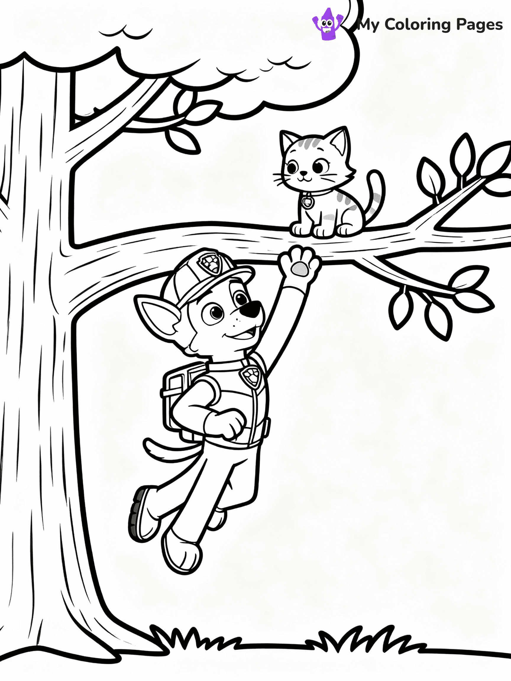 ⚠️ CRITICAL REQUIREMENT - ABSOLUTE BLACK AND WHITE ONLY ⚠️
This MUST be a BLACK AND WHITE line drawing ONLY. NO COLORS whatsoever.
- ONLY pure black lines (#000000) on pure white background (#FFFFFF)
- ABSOLUTELY NO colors, NO shading, NO gradients, NO grayscale
- If there are ANY colors in the output, the image is REJECTED
- This is a COLORING PAGE - meant to be COLORED IN by children
- The output must be UNCOLORED line art ready for coloring
⚠️ SUBJECT TO DRAW: Marshall from Paw Patrol rescuing a kitten from a tree. PURE OUTLINES. NO FILLS, COLOR, SHADING, OR GREYSCALE. WHITE BACKGROUND.
(REMEMBER: Output must be BLACK AND WHITE line art only, NOT colored!)
# Flat, Friendly Cartoon Line-Art Coloring Page
You are generating a **pure black-and-white binary image** of a child-friendly cartoon scene combining characters and background scenery in one cohesive composition.
## Rendering Rules (Strict)
- Only two colors: pure black (#000000) outlines and pure white (#FFFFFF) background.
- No grayscale, shading, gradients, tints, fills, transparency, or partial pixels.
- No antialiasing or blended edges; every pixel is 100% black or white.
- No solid black fills inside shapes — all areas inside outlines must remain white.
- No dark clothing areas or filled tone blocks; all garments outlined only.
- No shadows, textures, lighting, or tonal variations.
- Must look like flat binary vector line-art for coloring pages.
## Drawing & Composition
- **Medium, consistent line weight**; clean closed outlines easy to color inside.
- **Flat, simple, child-friendly design** — no realism or 3D depth.
- Characters are **grounded on a surface**, centered and large.
- **Balanced composition** with clear silhouettes and minimal props.
## Scenery & Style
- Landmarks (e.g., mosque, CN Tower) and scenery (trees, benches, waves) drawn with **black outlines only.**
- For real-world figures, teams, or places, show accurate details using only black outlines—no text or logos. Use distinctive uniform patterns, abstract symbols, and landmark silhouettes to convey identity.
- Keep **consistent perspective**; no floating elements.
- **Style:** whimsical **Doodle Art Alley** — rounded, friendly outlines.
- May adapt shapes from **Crayola, Disney, Peppa Pig, Cocomelon** — *by shape only, never color.*
- Final output: **flat, crisp, binary (#000000/#FFFFFF)**, **no filled color or background text.**
EXTREMELYE IMPORTANT:
- PURE BINARY LINE-ART; NO FILLS (HAIR/CLOTHES/SKIN), SHADING, OR GREY.
- NO SHADING, COLOR. MUST BE WHITE BACKGROUND.
⚠️ FINAL REMINDER: Draw the subject "Marshall from Paw Patrol rescuing a kitten from a tree. PURE OUTLINES. NO FILLS, COLOR, SHADING, OR GREYSCALE. WHITE BACKGROUND." as BLACK AND WHITE line art. Zero colors in output.