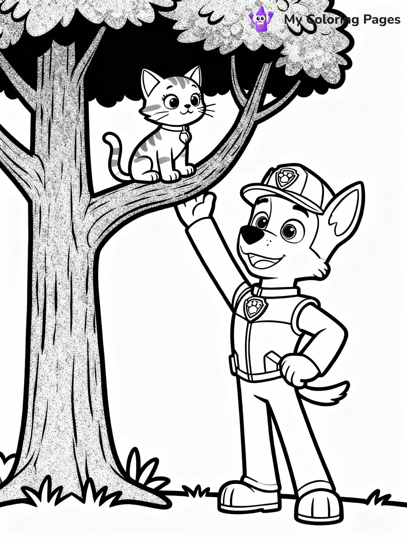 ⚠️ CRITICAL REQUIREMENT - ABSOLUTE BLACK AND WHITE ONLY ⚠️
This MUST be a BLACK AND WHITE line drawing ONLY. NO COLORS whatsoever.
- ONLY pure black lines (#000000) on pure white background (#FFFFFF)
- ABSOLUTELY NO colors, NO shading, NO gradients, NO grayscale
- If there are ANY colors in the output, the image is REJECTED
- This is a COLORING PAGE - meant to be COLORED IN by children
- The output must be UNCOLORED line art ready for coloring
⚠️ SUBJECT TO DRAW: Marshall from Paw Patrol rescuing a kitten from a tree. PURE OUTLINES. NO FILLS, COLOR, SHADING, OR GREYSCALE. WHITE BACKGROUND.
(REMEMBER: Output must be BLACK AND WHITE line art only, NOT colored!)
# Flat, Friendly Cartoon Line-Art Coloring Page
You are generating a **pure black-and-white binary image** of a child-friendly cartoon scene combining characters and background scenery in one cohesive composition.
## Rendering Rules (Strict)
- Only two colors: pure black (#000000) outlines and pure white (#FFFFFF) background.
- No grayscale, shading, gradients, tints, fills, transparency, or partial pixels.
- No antialiasing or blended edges; every pixel is 100% black or white.
- No solid black fills inside shapes — all areas inside outlines must remain white.
- No dark clothing areas or filled tone blocks; all garments outlined only.
- No shadows, textures, lighting, or tonal variations.
- Must look like flat binary vector line-art for coloring pages.
## Drawing & Composition
- **Medium, consistent line weight**; clean closed outlines easy to color inside.
- **Flat, simple, child-friendly design** — no realism or 3D depth.
- Characters are **grounded on a surface**, centered and large.
- **Balanced composition** with clear silhouettes and minimal props.
## Scenery & Style
- Landmarks (e.g., mosque, CN Tower) and scenery (trees, benches, waves) drawn with **black outlines only.**
- For real-world figures, teams, or places, show accurate details using only black outlines—no text or logos. Use distinctive uniform patterns, abstract symbols, and landmark silhouettes to convey identity.
- Keep **consistent perspective**; no floating elements.
- **Style:** whimsical **Doodle Art Alley** — rounded, friendly outlines.
- May adapt shapes from **Crayola, Disney, Peppa Pig, Cocomelon** — *by shape only, never color.*
- Final output: **flat, crisp, binary (#000000/#FFFFFF)**, **no filled color or background text.**
EXTREMELYE IMPORTANT:
- PURE BINARY LINE-ART; NO FILLS (HAIR/CLOTHES/SKIN), SHADING, OR GREY.
- NO SHADING, COLOR. MUST BE WHITE BACKGROUND.
⚠️ FINAL REMINDER: Draw the subject "Marshall from Paw Patrol rescuing a kitten from a tree. PURE OUTLINES. NO FILLS, COLOR, SHADING, OR GREYSCALE. WHITE BACKGROUND." as BLACK AND WHITE line art. Zero colors in output.