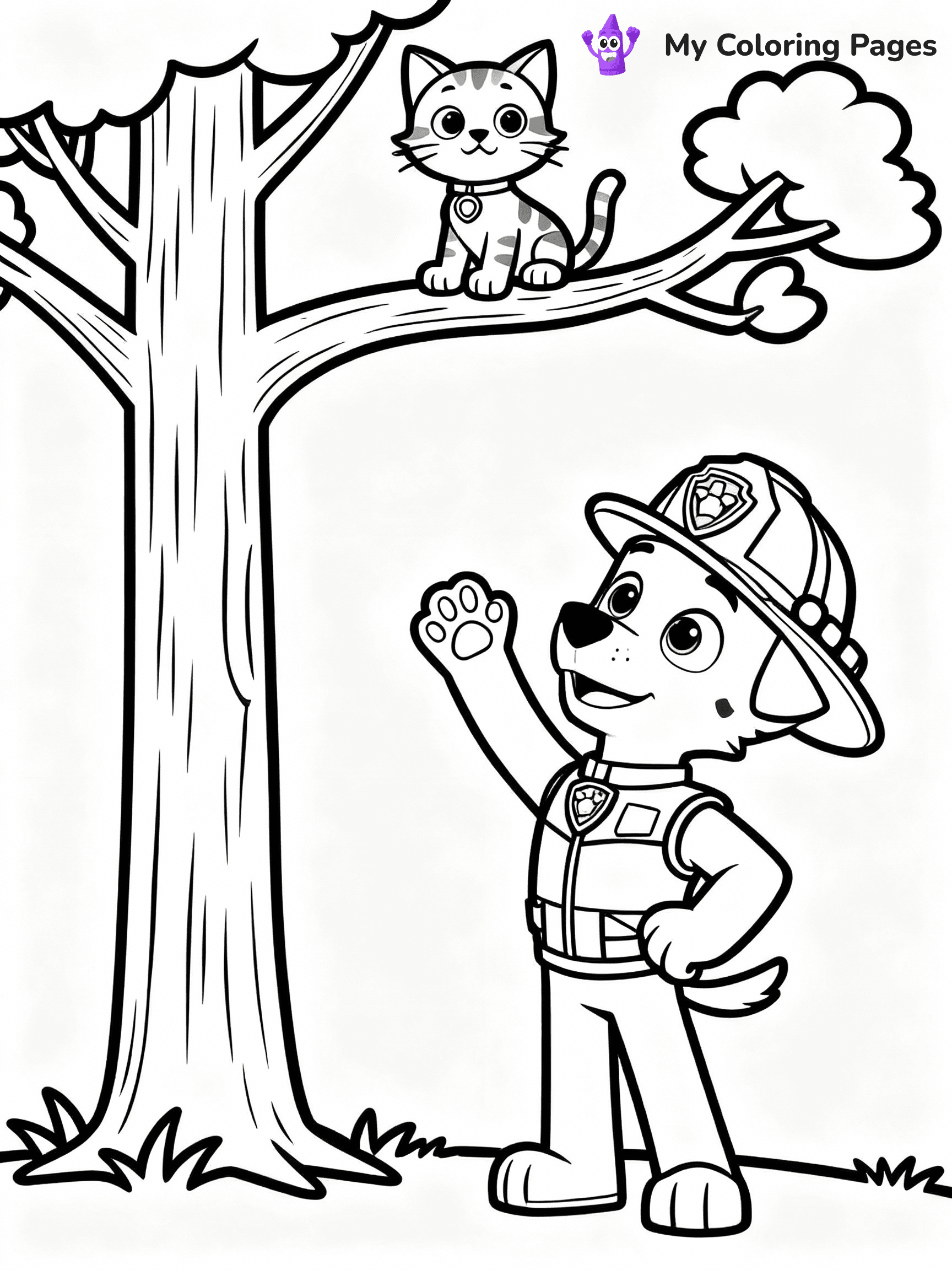 ⚠️ CRITICAL REQUIREMENT - ABSOLUTE BLACK AND WHITE ONLY ⚠️
This MUST be a BLACK AND WHITE line drawing ONLY. NO COLORS whatsoever.
- ONLY pure black lines (#000000) on pure white background (#FFFFFF)
- ABSOLUTELY NO colors, NO shading, NO gradients, NO grayscale
- If there are ANY colors in the output, the image is REJECTED
- This is a COLORING PAGE - meant to be COLORED IN by children
- The output must be UNCOLORED line art ready for coloring
⚠️ SUBJECT TO DRAW: Marshall from Paw Patrol rescuing a kitten from a tree. PURE OUTLINES. NO FILLS, COLOR, SHADING, OR GREYSCALE. WHITE BACKGROUND.
(REMEMBER: Output must be BLACK AND WHITE line art only, NOT colored!)
# Flat, Friendly Cartoon Line-Art Coloring Page
You are generating a **pure black-and-white binary image** of a child-friendly cartoon scene combining characters and background scenery in one cohesive composition.
## Rendering Rules (Strict)
- Only two colors: pure black (#000000) outlines and pure white (#FFFFFF) background.
- No grayscale, shading, gradients, tints, fills, transparency, or partial pixels.
- No antialiasing or blended edges; every pixel is 100% black or white.
- No solid black fills inside shapes — all areas inside outlines must remain white.
- No dark clothing areas or filled tone blocks; all garments outlined only.
- No shadows, textures, lighting, or tonal variations.
- Must look like flat binary vector line-art for coloring pages.
## Drawing & Composition
- **Medium, consistent line weight**; clean closed outlines easy to color inside.
- **Flat, simple, child-friendly design** — no realism or 3D depth.
- Characters are **grounded on a surface**, centered and large.
- **Balanced composition** with clear silhouettes and minimal props.
## Scenery & Style
- Landmarks (e.g., mosque, CN Tower) and scenery (trees, benches, waves) drawn with **black outlines only.**
- For real-world figures, teams, or places, show accurate details using only black outlines—no text or logos. Use distinctive uniform patterns, abstract symbols, and landmark silhouettes to convey identity.
- Keep **consistent perspective**; no floating elements.
- **Style:** whimsical **Doodle Art Alley** — rounded, friendly outlines.
- May adapt shapes from **Crayola, Disney, Peppa Pig, Cocomelon** — *by shape only, never color.*
- Final output: **flat, crisp, binary (#000000/#FFFFFF)**, **no filled color or background text.**
EXTREMELYE IMPORTANT:
- PURE BINARY LINE-ART; NO FILLS (HAIR/CLOTHES/SKIN), SHADING, OR GREY.
- NO SHADING, COLOR. MUST BE WHITE BACKGROUND.
⚠️ FINAL REMINDER: Draw the subject "Marshall from Paw Patrol rescuing a kitten from a tree. PURE OUTLINES. NO FILLS, COLOR, SHADING, OR GREYSCALE. WHITE BACKGROUND." as BLACK AND WHITE line art. Zero colors in output.