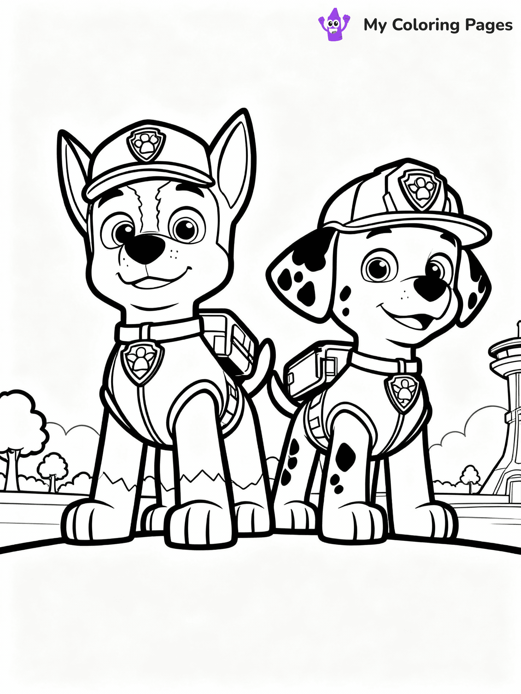 ⚠️ CRITICAL REQUIREMENT - ABSOLUTE BLACK AND WHITE ONLY ⚠️
This MUST be a BLACK AND WHITE line drawing ONLY. NO COLORS whatsoever.
- ONLY pure black lines (#000000) on pure white background (#FFFFFF)
- ABSOLUTELY NO colors, NO shading, NO gradients, NO grayscale
- If there are ANY colors in the output, the image is REJECTED
- This is a COLORING PAGE - meant to be COLORED IN by children
- The output must be UNCOLORED line art ready for coloring
⚠️ SUBJECT TO DRAW: Chase and Marshall from Paw Patrol on a mission together. PURE OUTLINES. NO FILLS, COLOR, SHADING, OR GREYSCALE. WHITE BACKGROUND.
(REMEMBER: Output must be BLACK AND WHITE line art only, NOT colored!)
# Flat, Friendly Cartoon Line-Art Coloring Page
You are generating a **pure black-and-white binary image** of a child-friendly cartoon scene combining characters and background scenery in one cohesive composition.
## Rendering Rules (Strict)
- Only two colors: pure black (#000000) outlines and pure white (#FFFFFF) background.
- No grayscale, shading, gradients, tints, fills, transparency, or partial pixels.
- No antialiasing or blended edges; every pixel is 100% black or white.
- No solid black fills inside shapes — all areas inside outlines must remain white.
- No dark clothing areas or filled tone blocks; all garments outlined only.
- No shadows, textures, lighting, or tonal variations.
- Must look like flat binary vector line-art for coloring pages.
## Drawing & Composition
- **Medium, consistent line weight**; clean closed outlines easy to color inside.
- **Flat, simple, child-friendly design** — no realism or 3D depth.
- Characters are **grounded on a surface**, centered and large.
- **Balanced composition** with clear silhouettes and minimal props.
## Scenery & Style
- Landmarks (e.g., mosque, CN Tower) and scenery (trees, benches, waves) drawn with **black outlines only.**
- For real-world figures, teams, or places, show accurate details using only black outlines—no text or logos. Use distinctive uniform patterns, abstract symbols, and landmark silhouettes to convey identity.
- Keep **consistent perspective**; no floating elements.
- **Style:** whimsical **Doodle Art Alley** — rounded, friendly outlines.
- May adapt shapes from **Crayola, Disney, Peppa Pig, Cocomelon** — *by shape only, never color.*
- Final output: **flat, crisp, binary (#000000/#FFFFFF)**, **no filled color or background text.**
EXTREMELYE IMPORTANT:
- PURE BINARY LINE-ART; NO FILLS (HAIR/CLOTHES/SKIN), SHADING, OR GREY.
- NO SHADING, COLOR. MUST BE WHITE BACKGROUND.
⚠️ FINAL REMINDER: Draw the subject "Chase and Marshall from Paw Patrol on a mission together. PURE OUTLINES. NO FILLS, COLOR, SHADING, OR GREYSCALE. WHITE BACKGROUND." as BLACK AND WHITE line art. Zero colors in output.