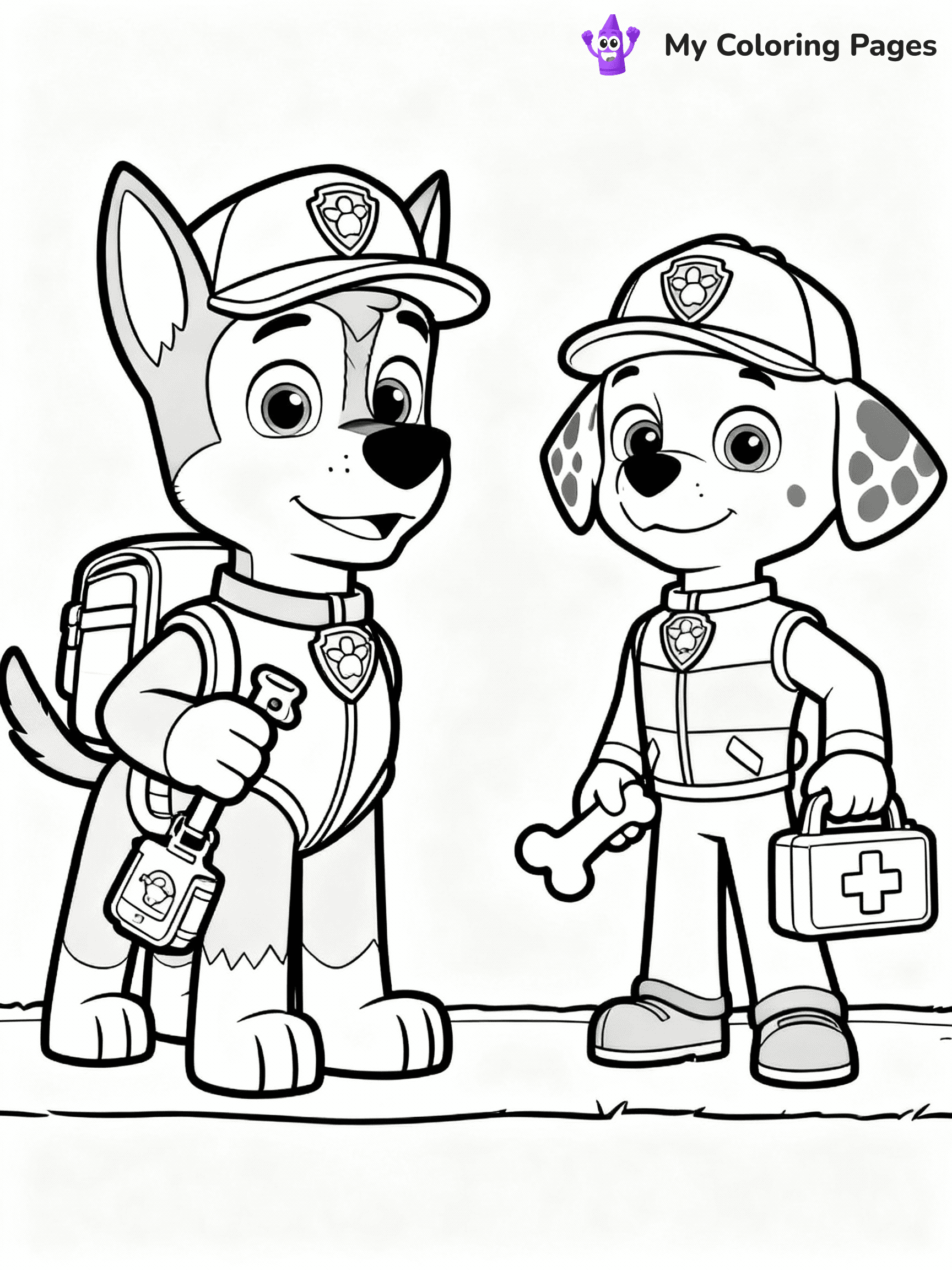 ⚠️ CRITICAL REQUIREMENT - ABSOLUTE BLACK AND WHITE ONLY ⚠️
This MUST be a BLACK AND WHITE line drawing ONLY. NO COLORS whatsoever.
- ONLY pure black lines (#000000) on pure white background (#FFFFFF)
- ABSOLUTELY NO colors, NO shading, NO gradients, NO grayscale
- If there are ANY colors in the output, the image is REJECTED
- This is a COLORING PAGE - meant to be COLORED IN by children
- The output must be UNCOLORED line art ready for coloring
⚠️ SUBJECT TO DRAW: Chase and Marshall from Paw Patrol on a mission together. PURE OUTLINES. NO FILLS, COLOR, SHADING, OR GREYSCALE. WHITE BACKGROUND.
(REMEMBER: Output must be BLACK AND WHITE line art only, NOT colored!)
# Flat, Friendly Cartoon Line-Art Coloring Page
You are generating a **pure black-and-white binary image** of a child-friendly cartoon scene combining characters and background scenery in one cohesive composition.
## Rendering Rules (Strict)
- Only two colors: pure black (#000000) outlines and pure white (#FFFFFF) background.
- No grayscale, shading, gradients, tints, fills, transparency, or partial pixels.
- No antialiasing or blended edges; every pixel is 100% black or white.
- No solid black fills inside shapes — all areas inside outlines must remain white.
- No dark clothing areas or filled tone blocks; all garments outlined only.
- No shadows, textures, lighting, or tonal variations.
- Must look like flat binary vector line-art for coloring pages.
## Drawing & Composition
- **Medium, consistent line weight**; clean closed outlines easy to color inside.
- **Flat, simple, child-friendly design** — no realism or 3D depth.
- Characters are **grounded on a surface**, centered and large.
- **Balanced composition** with clear silhouettes and minimal props.
## Scenery & Style
- Landmarks (e.g., mosque, CN Tower) and scenery (trees, benches, waves) drawn with **black outlines only.**
- For real-world figures, teams, or places, show accurate details using only black outlines—no text or logos. Use distinctive uniform patterns, abstract symbols, and landmark silhouettes to convey identity.
- Keep **consistent perspective**; no floating elements.
- **Style:** whimsical **Doodle Art Alley** — rounded, friendly outlines.
- May adapt shapes from **Crayola, Disney, Peppa Pig, Cocomelon** — *by shape only, never color.*
- Final output: **flat, crisp, binary (#000000/#FFFFFF)**, **no filled color or background text.**
EXTREMELYE IMPORTANT:
- PURE BINARY LINE-ART; NO FILLS (HAIR/CLOTHES/SKIN), SHADING, OR GREY.
- NO SHADING, COLOR. MUST BE WHITE BACKGROUND.
⚠️ FINAL REMINDER: Draw the subject "Chase and Marshall from Paw Patrol on a mission together. PURE OUTLINES. NO FILLS, COLOR, SHADING, OR GREYSCALE. WHITE BACKGROUND." as BLACK AND WHITE line art. Zero colors in output.