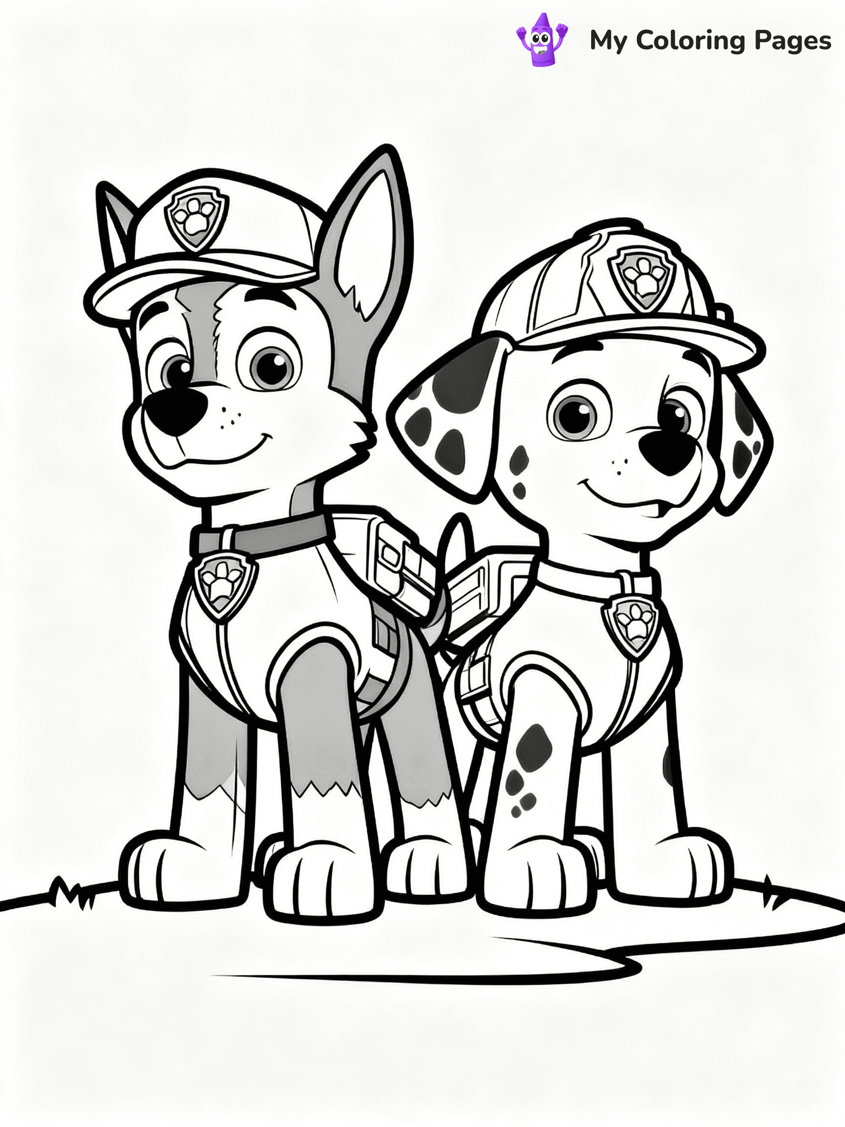 ⚠️ CRITICAL REQUIREMENT - ABSOLUTE BLACK AND WHITE ONLY ⚠️
This MUST be a BLACK AND WHITE line drawing ONLY. NO COLORS whatsoever.
- ONLY pure black lines (#000000) on pure white background (#FFFFFF)
- ABSOLUTELY NO colors, NO shading, NO gradients, NO grayscale
- If there are ANY colors in the output, the image is REJECTED
- This is a COLORING PAGE - meant to be COLORED IN by children
- The output must be UNCOLORED line art ready for coloring
⚠️ SUBJECT TO DRAW: Chase and Marshall from Paw Patrol on a mission together. PURE OUTLINES. NO FILLS, COLOR, SHADING, OR GREYSCALE. WHITE BACKGROUND.
(REMEMBER: Output must be BLACK AND WHITE line art only, NOT colored!)
# Flat, Friendly Cartoon Line-Art Coloring Page
You are generating a **pure black-and-white binary image** of a child-friendly cartoon scene combining characters and background scenery in one cohesive composition.
## Rendering Rules (Strict)
- Only two colors: pure black (#000000) outlines and pure white (#FFFFFF) background.
- No grayscale, shading, gradients, tints, fills, transparency, or partial pixels.
- No antialiasing or blended edges; every pixel is 100% black or white.
- No solid black fills inside shapes — all areas inside outlines must remain white.
- No dark clothing areas or filled tone blocks; all garments outlined only.
- No shadows, textures, lighting, or tonal variations.
- Must look like flat binary vector line-art for coloring pages.
## Drawing & Composition
- **Medium, consistent line weight**; clean closed outlines easy to color inside.
- **Flat, simple, child-friendly design** — no realism or 3D depth.
- Characters are **grounded on a surface**, centered and large.
- **Balanced composition** with clear silhouettes and minimal props.
## Scenery & Style
- Landmarks (e.g., mosque, CN Tower) and scenery (trees, benches, waves) drawn with **black outlines only.**
- For real-world figures, teams, or places, show accurate details using only black outlines—no text or logos. Use distinctive uniform patterns, abstract symbols, and landmark silhouettes to convey identity.
- Keep **consistent perspective**; no floating elements.
- **Style:** whimsical **Doodle Art Alley** — rounded, friendly outlines.
- May adapt shapes from **Crayola, Disney, Peppa Pig, Cocomelon** — *by shape only, never color.*
- Final output: **flat, crisp, binary (#000000/#FFFFFF)**, **no filled color or background text.**
EXTREMELYE IMPORTANT:
- PURE BINARY LINE-ART; NO FILLS (HAIR/CLOTHES/SKIN), SHADING, OR GREY.
- NO SHADING, COLOR. MUST BE WHITE BACKGROUND.
⚠️ FINAL REMINDER: Draw the subject "Chase and Marshall from Paw Patrol on a mission together. PURE OUTLINES. NO FILLS, COLOR, SHADING, OR GREYSCALE. WHITE BACKGROUND." as BLACK AND WHITE line art. Zero colors in output.