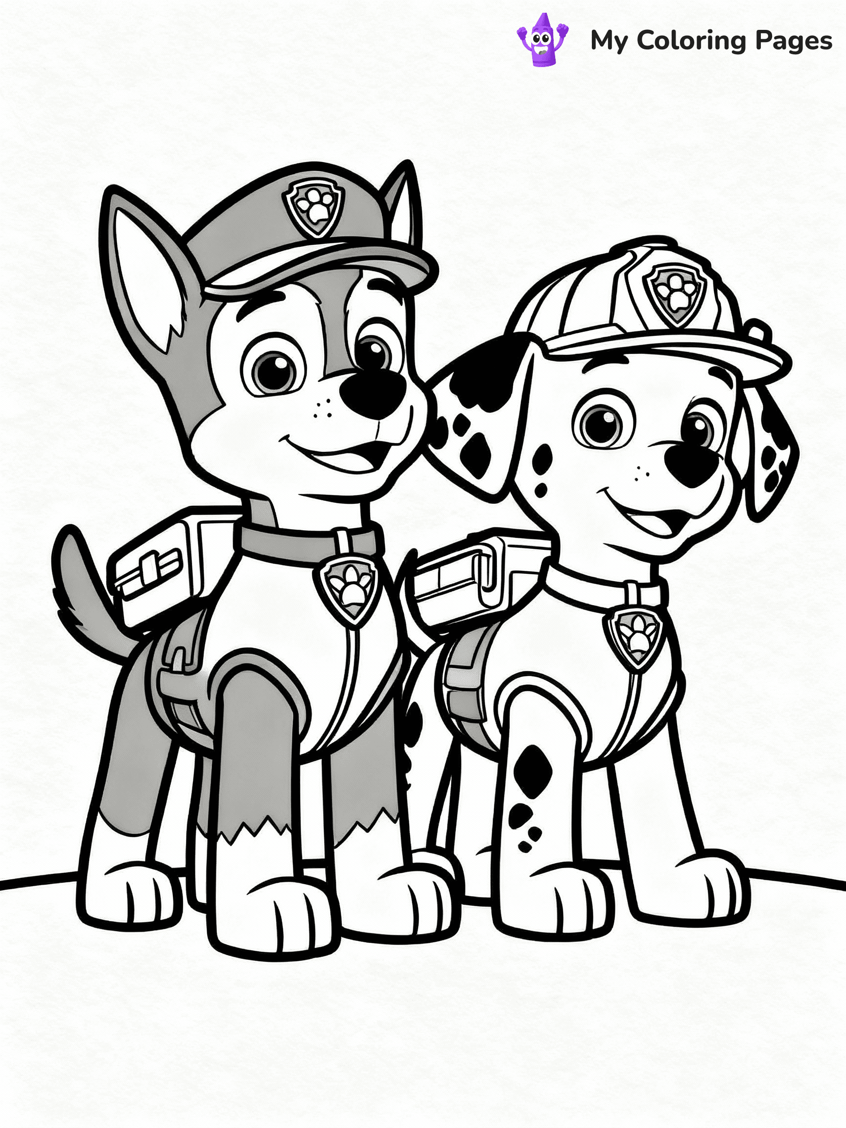 ⚠️ CRITICAL REQUIREMENT - ABSOLUTE BLACK AND WHITE ONLY ⚠️
This MUST be a BLACK AND WHITE line drawing ONLY. NO COLORS whatsoever.
- ONLY pure black lines (#000000) on pure white background (#FFFFFF)
- ABSOLUTELY NO colors, NO shading, NO gradients, NO grayscale
- If there are ANY colors in the output, the image is REJECTED
- This is a COLORING PAGE - meant to be COLORED IN by children
- The output must be UNCOLORED line art ready for coloring
⚠️ SUBJECT TO DRAW: Chase and Marshall from Paw Patrol on a mission together. PURE OUTLINES. NO FILLS, COLOR, SHADING, OR GREYSCALE. WHITE BACKGROUND.
(REMEMBER: Output must be BLACK AND WHITE line art only, NOT colored!)
# Flat, Friendly Cartoon Line-Art Coloring Page
You are generating a **pure black-and-white binary image** of a child-friendly cartoon scene combining characters and background scenery in one cohesive composition.
## Rendering Rules (Strict)
- Only two colors: pure black (#000000) outlines and pure white (#FFFFFF) background.
- No grayscale, shading, gradients, tints, fills, transparency, or partial pixels.
- No antialiasing or blended edges; every pixel is 100% black or white.
- No solid black fills inside shapes — all areas inside outlines must remain white.
- No dark clothing areas or filled tone blocks; all garments outlined only.
- No shadows, textures, lighting, or tonal variations.
- Must look like flat binary vector line-art for coloring pages.
## Drawing & Composition
- **Medium, consistent line weight**; clean closed outlines easy to color inside.
- **Flat, simple, child-friendly design** — no realism or 3D depth.
- Characters are **grounded on a surface**, centered and large.
- **Balanced composition** with clear silhouettes and minimal props.
## Scenery & Style
- Landmarks (e.g., mosque, CN Tower) and scenery (trees, benches, waves) drawn with **black outlines only.**
- For real-world figures, teams, or places, show accurate details using only black outlines—no text or logos. Use distinctive uniform patterns, abstract symbols, and landmark silhouettes to convey identity.
- Keep **consistent perspective**; no floating elements.
- **Style:** whimsical **Doodle Art Alley** — rounded, friendly outlines.
- May adapt shapes from **Crayola, Disney, Peppa Pig, Cocomelon** — *by shape only, never color.*
- Final output: **flat, crisp, binary (#000000/#FFFFFF)**, **no filled color or background text.**
EXTREMELYE IMPORTANT:
- PURE BINARY LINE-ART; NO FILLS (HAIR/CLOTHES/SKIN), SHADING, OR GREY.
- NO SHADING, COLOR. MUST BE WHITE BACKGROUND.
⚠️ FINAL REMINDER: Draw the subject "Chase and Marshall from Paw Patrol on a mission together. PURE OUTLINES. NO FILLS, COLOR, SHADING, OR GREYSCALE. WHITE BACKGROUND." as BLACK AND WHITE line art. Zero colors in output.