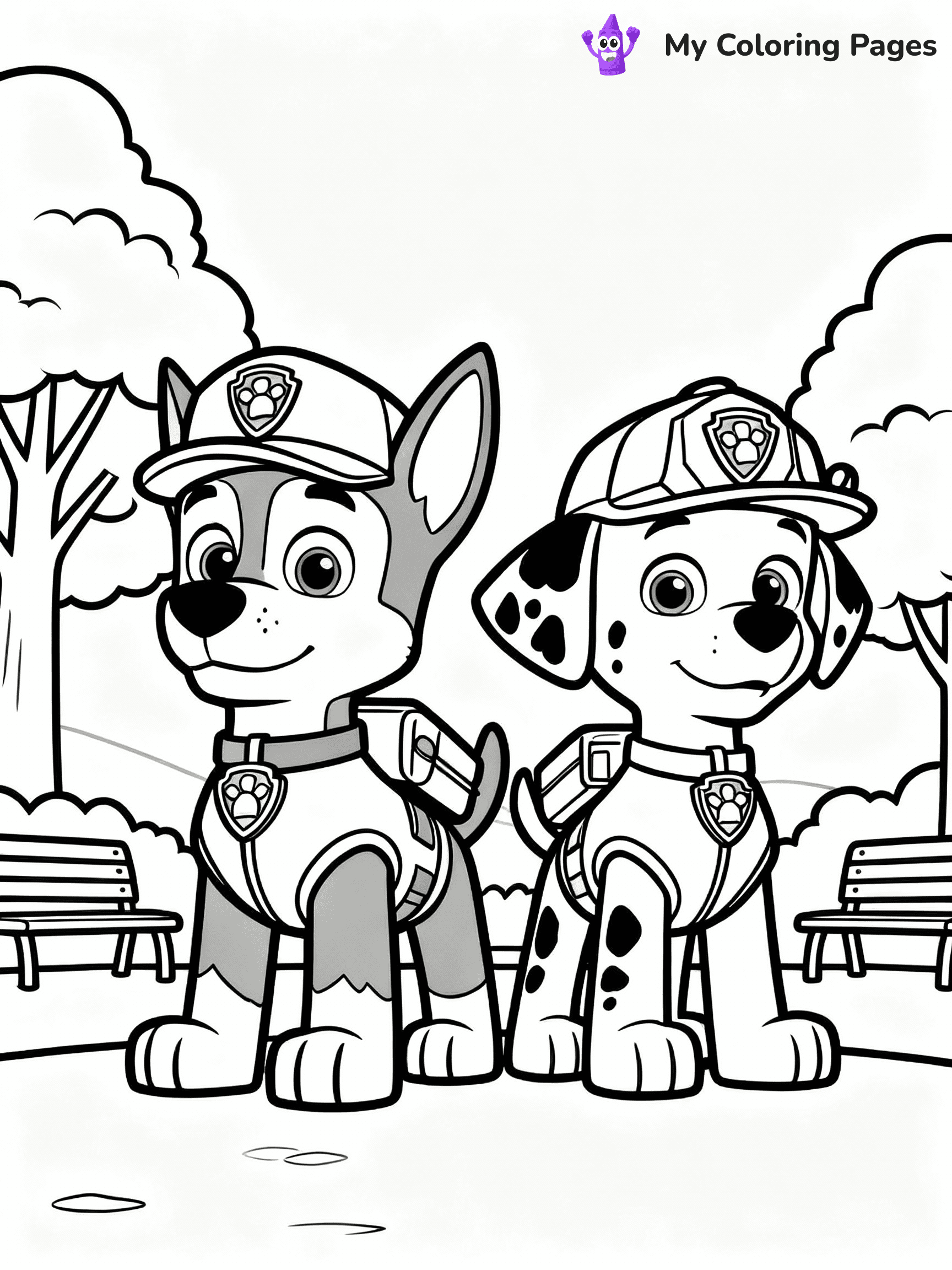 ⚠️ CRITICAL REQUIREMENT - ABSOLUTE BLACK AND WHITE ONLY ⚠️
This MUST be a BLACK AND WHITE line drawing ONLY. NO COLORS whatsoever.
- ONLY pure black lines (#000000) on pure white background (#FFFFFF)
- ABSOLUTELY NO colors, NO shading, NO gradients, NO grayscale
- If there are ANY colors in the output, the image is REJECTED
- This is a COLORING PAGE - meant to be COLORED IN by children
- The output must be UNCOLORED line art ready for coloring
⚠️ SUBJECT TO DRAW: Chase and Marshall from Paw Patrol on a mission together. PURE OUTLINES. NO FILLS, COLOR, SHADING, OR GREYSCALE. WHITE BACKGROUND.
(REMEMBER: Output must be BLACK AND WHITE line art only, NOT colored!)
# Flat, Friendly Cartoon Line-Art Coloring Page
You are generating a **pure black-and-white binary image** of a child-friendly cartoon scene combining characters and background scenery in one cohesive composition.
## Rendering Rules (Strict)
- Only two colors: pure black (#000000) outlines and pure white (#FFFFFF) background.
- No grayscale, shading, gradients, tints, fills, transparency, or partial pixels.
- No antialiasing or blended edges; every pixel is 100% black or white.
- No solid black fills inside shapes — all areas inside outlines must remain white.
- No dark clothing areas or filled tone blocks; all garments outlined only.
- No shadows, textures, lighting, or tonal variations.
- Must look like flat binary vector line-art for coloring pages.
## Drawing & Composition
- **Medium, consistent line weight**; clean closed outlines easy to color inside.
- **Flat, simple, child-friendly design** — no realism or 3D depth.
- Characters are **grounded on a surface**, centered and large.
- **Balanced composition** with clear silhouettes and minimal props.
## Scenery & Style
- Landmarks (e.g., mosque, CN Tower) and scenery (trees, benches, waves) drawn with **black outlines only.**
- For real-world figures, teams, or places, show accurate details using only black outlines—no text or logos. Use distinctive uniform patterns, abstract symbols, and landmark silhouettes to convey identity.
- Keep **consistent perspective**; no floating elements.
- **Style:** whimsical **Doodle Art Alley** — rounded, friendly outlines.
- May adapt shapes from **Crayola, Disney, Peppa Pig, Cocomelon** — *by shape only, never color.*
- Final output: **flat, crisp, binary (#000000/#FFFFFF)**, **no filled color or background text.**
EXTREMELYE IMPORTANT:
- PURE BINARY LINE-ART; NO FILLS (HAIR/CLOTHES/SKIN), SHADING, OR GREY.
- NO SHADING, COLOR. MUST BE WHITE BACKGROUND.
⚠️ FINAL REMINDER: Draw the subject "Chase and Marshall from Paw Patrol on a mission together. PURE OUTLINES. NO FILLS, COLOR, SHADING, OR GREYSCALE. WHITE BACKGROUND." as BLACK AND WHITE line art. Zero colors in output.