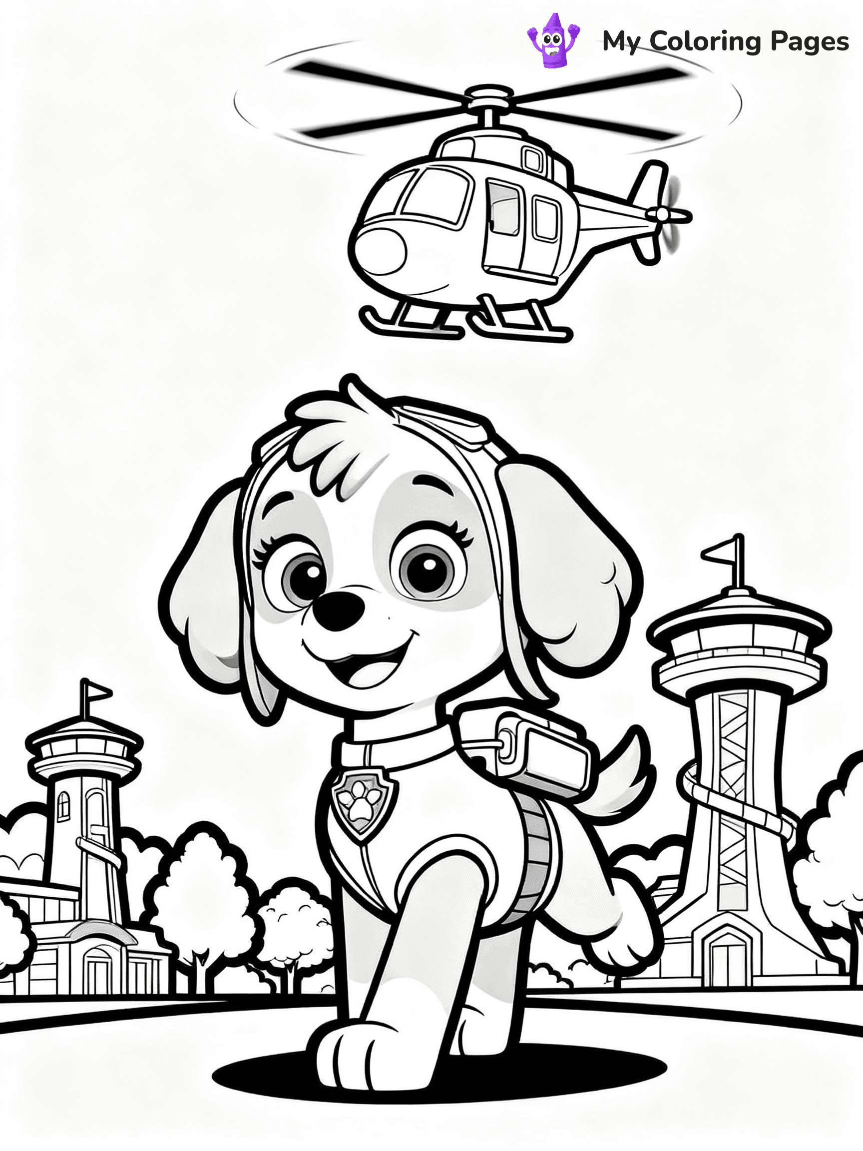 ⚠️ CRITICAL REQUIREMENT - ABSOLUTE BLACK AND WHITE ONLY ⚠️
This MUST be a BLACK AND WHITE line drawing ONLY. NO COLORS whatsoever.
- ONLY pure black lines (#000000) on pure white background (#FFFFFF)
- ABSOLUTELY NO colors, NO shading, NO gradients, NO grayscale
- If there are ANY colors in the output, the image is REJECTED
- This is a COLORING PAGE - meant to be COLORED IN by children
- The output must be UNCOLORED line art ready for coloring
⚠️ SUBJECT TO DRAW: Skye flying over Adventure Bay in her helicopter from Paw Patrol. PURE OUTLINES. NO FILLS, COLOR, SHADING, OR GREYSCALE. WHITE BACKGROUND.
(REMEMBER: Output must be BLACK AND WHITE line art only, NOT colored!)
# Flat, Friendly Cartoon Line-Art Coloring Page
You are generating a **pure black-and-white binary image** of a child-friendly cartoon scene combining characters and background scenery in one cohesive composition.
## Rendering Rules (Strict)
- Only two colors: pure black (#000000) outlines and pure white (#FFFFFF) background.
- No grayscale, shading, gradients, tints, fills, transparency, or partial pixels.
- No antialiasing or blended edges; every pixel is 100% black or white.
- No solid black fills inside shapes — all areas inside outlines must remain white.
- No dark clothing areas or filled tone blocks; all garments outlined only.
- No shadows, textures, lighting, or tonal variations.
- Must look like flat binary vector line-art for coloring pages.
## Drawing & Composition
- **Medium, consistent line weight**; clean closed outlines easy to color inside.
- **Flat, simple, child-friendly design** — no realism or 3D depth.
- Characters are **grounded on a surface**, centered and large.
- **Balanced composition** with clear silhouettes and minimal props.
## Scenery & Style
- Landmarks (e.g., mosque, CN Tower) and scenery (trees, benches, waves) drawn with **black outlines only.**
- For real-world figures, teams, or places, show accurate details using only black outlines—no text or logos. Use distinctive uniform patterns, abstract symbols, and landmark silhouettes to convey identity.
- Keep **consistent perspective**; no floating elements.
- **Style:** whimsical **Doodle Art Alley** — rounded, friendly outlines.
- May adapt shapes from **Crayola, Disney, Peppa Pig, Cocomelon** — *by shape only, never color.*
- Final output: **flat, crisp, binary (#000000/#FFFFFF)**, **no filled color or background text.**
EXTREMELYE IMPORTANT:
- PURE BINARY LINE-ART; NO FILLS (HAIR/CLOTHES/SKIN), SHADING, OR GREY.
- NO SHADING, COLOR. MUST BE WHITE BACKGROUND.
⚠️ FINAL REMINDER: Draw the subject "Skye flying over Adventure Bay in her helicopter from Paw Patrol. PURE OUTLINES. NO FILLS, COLOR, SHADING, OR GREYSCALE. WHITE BACKGROUND." as BLACK AND WHITE line art. Zero colors in output.