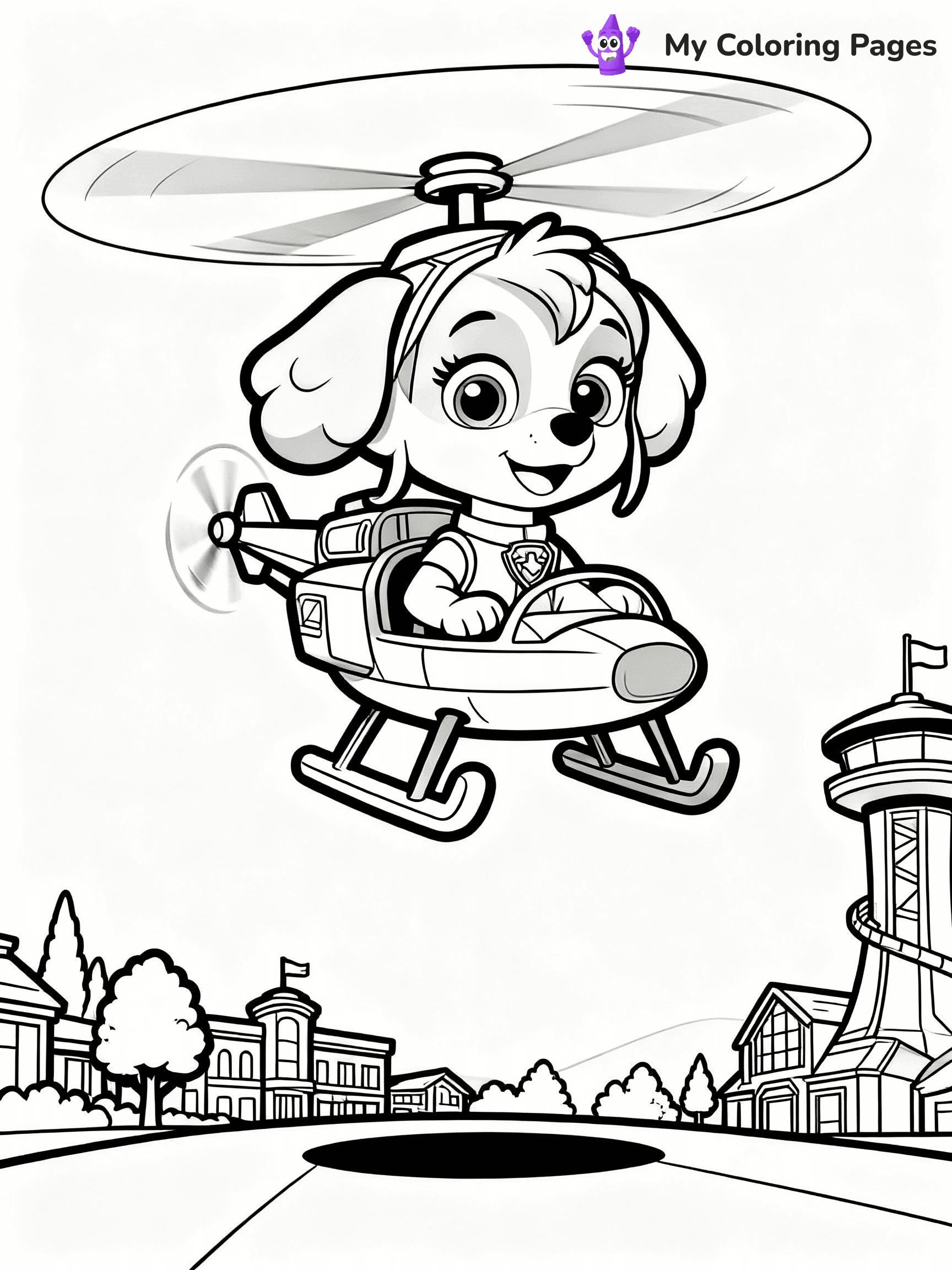 ⚠️ CRITICAL REQUIREMENT - ABSOLUTE BLACK AND WHITE ONLY ⚠️
This MUST be a BLACK AND WHITE line drawing ONLY. NO COLORS whatsoever.
- ONLY pure black lines (#000000) on pure white background (#FFFFFF)
- ABSOLUTELY NO colors, NO shading, NO gradients, NO grayscale
- If there are ANY colors in the output, the image is REJECTED
- This is a COLORING PAGE - meant to be COLORED IN by children
- The output must be UNCOLORED line art ready for coloring
⚠️ SUBJECT TO DRAW: Skye flying over Adventure Bay in her helicopter from Paw Patrol. PURE OUTLINES. NO FILLS, COLOR, SHADING, OR GREYSCALE. WHITE BACKGROUND.
(REMEMBER: Output must be BLACK AND WHITE line art only, NOT colored!)
# Flat, Friendly Cartoon Line-Art Coloring Page
You are generating a **pure black-and-white binary image** of a child-friendly cartoon scene combining characters and background scenery in one cohesive composition.
## Rendering Rules (Strict)
- Only two colors: pure black (#000000) outlines and pure white (#FFFFFF) background.
- No grayscale, shading, gradients, tints, fills, transparency, or partial pixels.
- No antialiasing or blended edges; every pixel is 100% black or white.
- No solid black fills inside shapes — all areas inside outlines must remain white.
- No dark clothing areas or filled tone blocks; all garments outlined only.
- No shadows, textures, lighting, or tonal variations.
- Must look like flat binary vector line-art for coloring pages.
## Drawing & Composition
- **Medium, consistent line weight**; clean closed outlines easy to color inside.
- **Flat, simple, child-friendly design** — no realism or 3D depth.
- Characters are **grounded on a surface**, centered and large.
- **Balanced composition** with clear silhouettes and minimal props.
## Scenery & Style
- Landmarks (e.g., mosque, CN Tower) and scenery (trees, benches, waves) drawn with **black outlines only.**
- For real-world figures, teams, or places, show accurate details using only black outlines—no text or logos. Use distinctive uniform patterns, abstract symbols, and landmark silhouettes to convey identity.
- Keep **consistent perspective**; no floating elements.
- **Style:** whimsical **Doodle Art Alley** — rounded, friendly outlines.
- May adapt shapes from **Crayola, Disney, Peppa Pig, Cocomelon** — *by shape only, never color.*
- Final output: **flat, crisp, binary (#000000/#FFFFFF)**, **no filled color or background text.**
EXTREMELYE IMPORTANT:
- PURE BINARY LINE-ART; NO FILLS (HAIR/CLOTHES/SKIN), SHADING, OR GREY.
- NO SHADING, COLOR. MUST BE WHITE BACKGROUND.
⚠️ FINAL REMINDER: Draw the subject "Skye flying over Adventure Bay in her helicopter from Paw Patrol. PURE OUTLINES. NO FILLS, COLOR, SHADING, OR GREYSCALE. WHITE BACKGROUND." as BLACK AND WHITE line art. Zero colors in output.