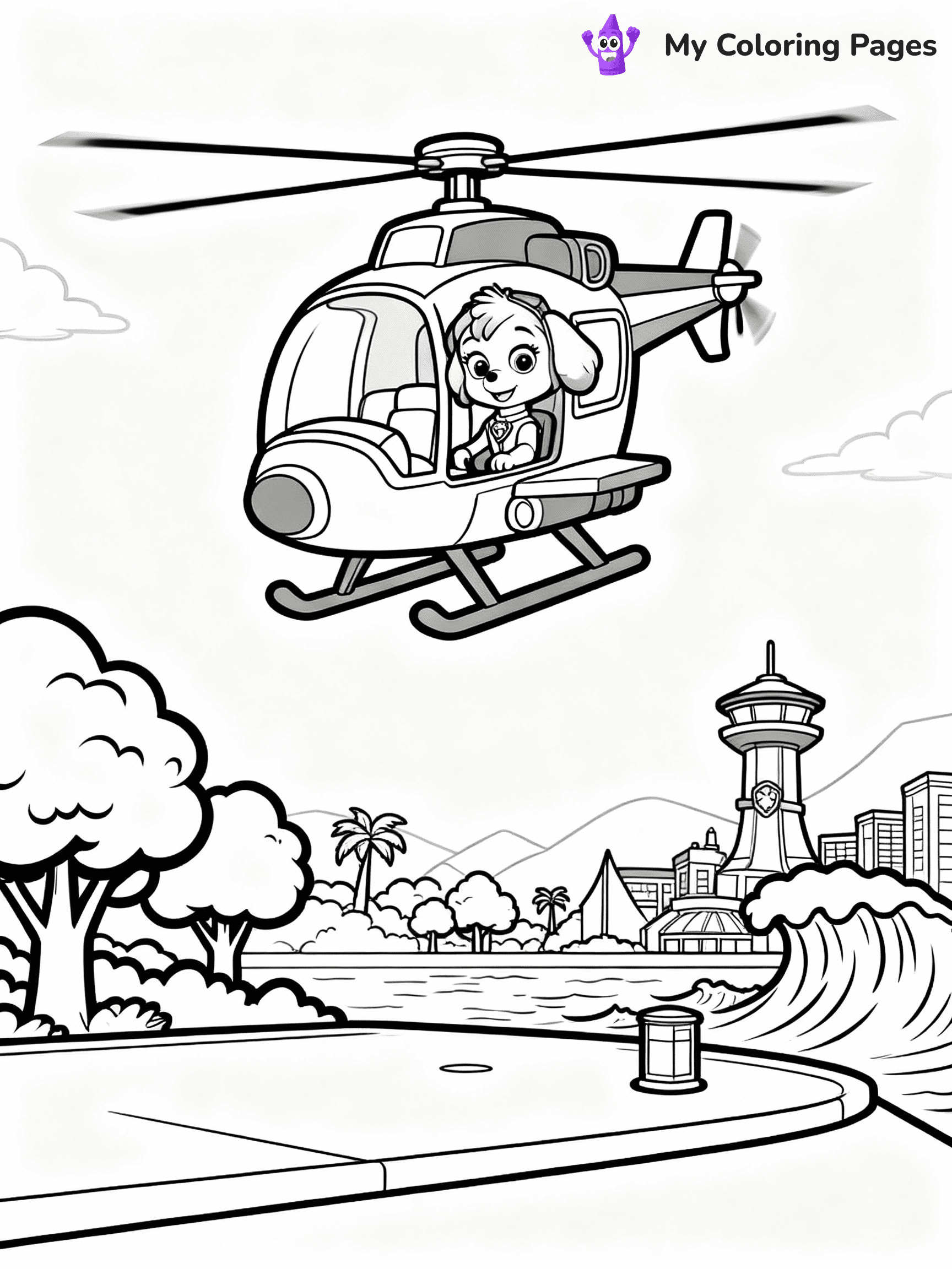 ⚠️ CRITICAL REQUIREMENT - ABSOLUTE BLACK AND WHITE ONLY ⚠️
This MUST be a BLACK AND WHITE line drawing ONLY. NO COLORS whatsoever.
- ONLY pure black lines (#000000) on pure white background (#FFFFFF)
- ABSOLUTELY NO colors, NO shading, NO gradients, NO grayscale
- If there are ANY colors in the output, the image is REJECTED
- This is a COLORING PAGE - meant to be COLORED IN by children
- The output must be UNCOLORED line art ready for coloring
⚠️ SUBJECT TO DRAW: Skye flying over Adventure Bay in her helicopter from Paw Patrol. PURE OUTLINES. NO FILLS, COLOR, SHADING, OR GREYSCALE. WHITE BACKGROUND.
(REMEMBER: Output must be BLACK AND WHITE line art only, NOT colored!)
# Flat, Friendly Cartoon Line-Art Coloring Page
You are generating a **pure black-and-white binary image** of a child-friendly cartoon scene combining characters and background scenery in one cohesive composition.
## Rendering Rules (Strict)
- Only two colors: pure black (#000000) outlines and pure white (#FFFFFF) background.
- No grayscale, shading, gradients, tints, fills, transparency, or partial pixels.
- No antialiasing or blended edges; every pixel is 100% black or white.
- No solid black fills inside shapes — all areas inside outlines must remain white.
- No dark clothing areas or filled tone blocks; all garments outlined only.
- No shadows, textures, lighting, or tonal variations.
- Must look like flat binary vector line-art for coloring pages.
## Drawing & Composition
- **Medium, consistent line weight**; clean closed outlines easy to color inside.
- **Flat, simple, child-friendly design** — no realism or 3D depth.
- Characters are **grounded on a surface**, centered and large.
- **Balanced composition** with clear silhouettes and minimal props.
## Scenery & Style
- Landmarks (e.g., mosque, CN Tower) and scenery (trees, benches, waves) drawn with **black outlines only.**
- For real-world figures, teams, or places, show accurate details using only black outlines—no text or logos. Use distinctive uniform patterns, abstract symbols, and landmark silhouettes to convey identity.
- Keep **consistent perspective**; no floating elements.
- **Style:** whimsical **Doodle Art Alley** — rounded, friendly outlines.
- May adapt shapes from **Crayola, Disney, Peppa Pig, Cocomelon** — *by shape only, never color.*
- Final output: **flat, crisp, binary (#000000/#FFFFFF)**, **no filled color or background text.**
EXTREMELYE IMPORTANT:
- PURE BINARY LINE-ART; NO FILLS (HAIR/CLOTHES/SKIN), SHADING, OR GREY.
- NO SHADING, COLOR. MUST BE WHITE BACKGROUND.
⚠️ FINAL REMINDER: Draw the subject "Skye flying over Adventure Bay in her helicopter from Paw Patrol. PURE OUTLINES. NO FILLS, COLOR, SHADING, OR GREYSCALE. WHITE BACKGROUND." as BLACK AND WHITE line art. Zero colors in output.