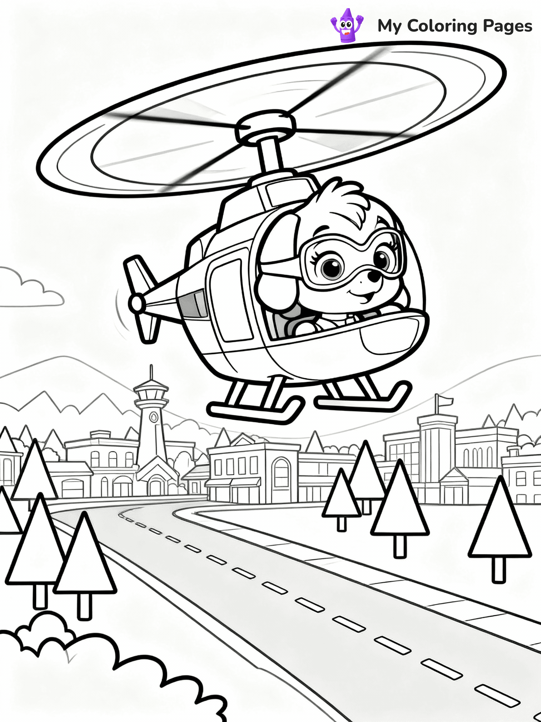 ⚠️ CRITICAL REQUIREMENT - ABSOLUTE BLACK AND WHITE ONLY ⚠️
This MUST be a BLACK AND WHITE line drawing ONLY. NO COLORS whatsoever.
- ONLY pure black lines (#000000) on pure white background (#FFFFFF)
- ABSOLUTELY NO colors, NO shading, NO gradients, NO grayscale
- If there are ANY colors in the output, the image is REJECTED
- This is a COLORING PAGE - meant to be COLORED IN by children
- The output must be UNCOLORED line art ready for coloring
⚠️ SUBJECT TO DRAW: Skye flying over Adventure Bay in her helicopter from Paw Patrol. PURE OUTLINES. NO FILLS, COLOR, SHADING, OR GREYSCALE. WHITE BACKGROUND.
(REMEMBER: Output must be BLACK AND WHITE line art only, NOT colored!)
# Flat, Friendly Cartoon Line-Art Coloring Page
You are generating a **pure black-and-white binary image** of a child-friendly cartoon scene combining characters and background scenery in one cohesive composition.
## Rendering Rules (Strict)
- Only two colors: pure black (#000000) outlines and pure white (#FFFFFF) background.
- No grayscale, shading, gradients, tints, fills, transparency, or partial pixels.
- No antialiasing or blended edges; every pixel is 100% black or white.
- No solid black fills inside shapes — all areas inside outlines must remain white.
- No dark clothing areas or filled tone blocks; all garments outlined only.
- No shadows, textures, lighting, or tonal variations.
- Must look like flat binary vector line-art for coloring pages.
## Drawing & Composition
- **Medium, consistent line weight**; clean closed outlines easy to color inside.
- **Flat, simple, child-friendly design** — no realism or 3D depth.
- Characters are **grounded on a surface**, centered and large.
- **Balanced composition** with clear silhouettes and minimal props.
## Scenery & Style
- Landmarks (e.g., mosque, CN Tower) and scenery (trees, benches, waves) drawn with **black outlines only.**
- For real-world figures, teams, or places, show accurate details using only black outlines—no text or logos. Use distinctive uniform patterns, abstract symbols, and landmark silhouettes to convey identity.
- Keep **consistent perspective**; no floating elements.
- **Style:** whimsical **Doodle Art Alley** — rounded, friendly outlines.
- May adapt shapes from **Crayola, Disney, Peppa Pig, Cocomelon** — *by shape only, never color.*
- Final output: **flat, crisp, binary (#000000/#FFFFFF)**, **no filled color or background text.**
EXTREMELYE IMPORTANT:
- PURE BINARY LINE-ART; NO FILLS (HAIR/CLOTHES/SKIN), SHADING, OR GREY.
- NO SHADING, COLOR. MUST BE WHITE BACKGROUND.
⚠️ FINAL REMINDER: Draw the subject "Skye flying over Adventure Bay in her helicopter from Paw Patrol. PURE OUTLINES. NO FILLS, COLOR, SHADING, OR GREYSCALE. WHITE BACKGROUND." as BLACK AND WHITE line art. Zero colors in output.