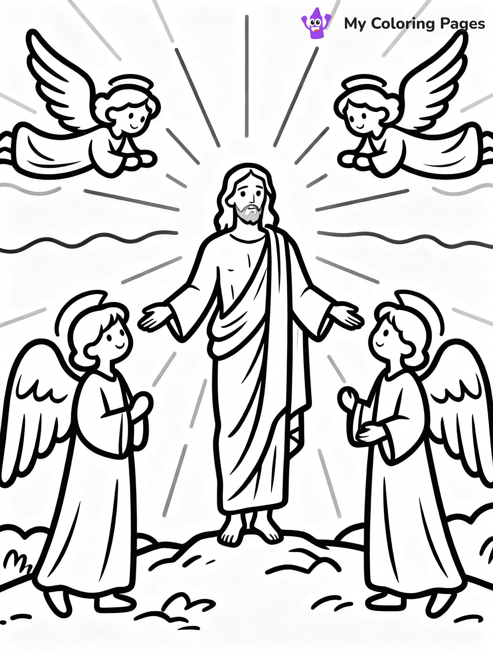 ⚠️ CRITICAL REQUIREMENT - ABSOLUTE BLACK AND WHITE ONLY ⚠️
This MUST be a BLACK AND WHITE line drawing ONLY. NO COLORS whatsoever.
- ONLY pure black lines (#000000) on pure white background (#FFFFFF)
- ABSOLUTELY NO colors, NO shading, NO gradients, NO grayscale
- If there are ANY colors in the output, the image is REJECTED
- This is a COLORING PAGE - meant to be COLORED IN by children
- The output must be UNCOLORED line art ready for coloring
⚠️ SUBJECT TO DRAW: The Resurrection of Jesus, surrounded by angels, in traditional Biblical art style, radiant light shining.
(REMEMBER: Output must be BLACK AND WHITE line art only, NOT colored!)
# COLORING PAGE: BLACK OUTLINES ONLY - WHITE BACKGROUND MANDATORY
Create a **coloring book page** using EXACTLY two values: black lines, white space.
## NON-NEGOTIABLE BINARY RULES
- **ONLY #000000 (black) and #FFFFFF (white)** - NO other values exist
- **EVERY PIXEL = BLACK OR WHITE** - no gray/shading/antialiasing
- **WHITE BACKGROUND MANDATORY** - entire canvas stays white
- **ALL SHAPES HOLLOW** - everything is empty outlines waiting to be colored
- **FORBIDDEN:** fills, shading, gradients, patterns, textures, colors
- **NO SOLID REGIONS** - if it's not a thin line, it's wrong
## Universal Line Standards
- Black outlines ONLY - thin, uniform weight
- Every shape completely empty inside
- Closed contours suitable for coloring
- Simple flat illustration - zero depth/3D/realism
- **Style:** Whimsical Doodle Art Alley - rounded, friendly outlines (unless specified)
## Everything = Outline Only
- Characters/animals: hollow shapes
- Objects/clothing: empty contours
- Backgrounds/scenery: line work only
- Natural elements: outlined forms
- Dark/night areas: don't exist (use outlined symbols)
- Textures/patterns: convert to simple lines
## The Test
Can a child color EVERY white space with crayons? If any area is pre-filled/shaded/gray or colored in, it FAILS. Every shape must be waiting to receive color.
**FINAL OUTPUT**: Binary coloring page. Black lines define shapes. White spaces ready for coloring. Nothing else exists. No exceptions. Print-ready.
⚠️ FINAL REMINDER: Draw the subject "The Resurrection of Jesus, surrounded by angels, in traditional Biblical art style, radiant light shining." as BLACK AND WHITE line art. Zero colors in output.