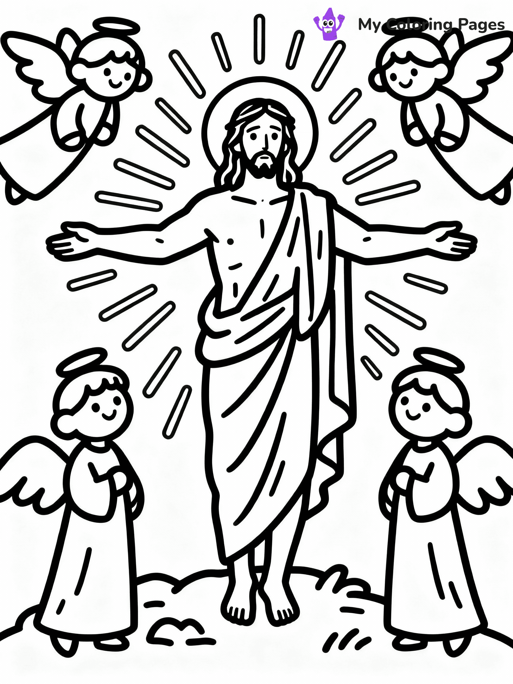 ⚠️ CRITICAL REQUIREMENT - ABSOLUTE BLACK AND WHITE ONLY ⚠️
This MUST be a BLACK AND WHITE line drawing ONLY. NO COLORS whatsoever.
- ONLY pure black lines (#000000) on pure white background (#FFFFFF)
- ABSOLUTELY NO colors, NO shading, NO gradients, NO grayscale
- If there are ANY colors in the output, the image is REJECTED
- This is a COLORING PAGE - meant to be COLORED IN by children
- The output must be UNCOLORED line art ready for coloring
⚠️ SUBJECT TO DRAW: The Resurrection of Jesus, surrounded by angels, in traditional Biblical art style, radiant light shining.
(REMEMBER: Output must be BLACK AND WHITE line art only, NOT colored!)
# COLORING PAGE: BLACK OUTLINES ONLY - WHITE BACKGROUND MANDATORY
Create a **coloring book page** using EXACTLY two values: black lines, white space.
## NON-NEGOTIABLE BINARY RULES
- **ONLY #000000 (black) and #FFFFFF (white)** - NO other values exist
- **EVERY PIXEL = BLACK OR WHITE** - no gray/shading/antialiasing
- **WHITE BACKGROUND MANDATORY** - entire canvas stays white
- **ALL SHAPES HOLLOW** - everything is empty outlines waiting to be colored
- **FORBIDDEN:** fills, shading, gradients, patterns, textures, colors
- **NO SOLID REGIONS** - if it's not a thin line, it's wrong
## Universal Line Standards
- Black outlines ONLY - thin, uniform weight
- Every shape completely empty inside
- Closed contours suitable for coloring
- Simple flat illustration - zero depth/3D/realism
- **Style:** Whimsical Doodle Art Alley - rounded, friendly outlines (unless specified)
## Everything = Outline Only
- Characters/animals: hollow shapes
- Objects/clothing: empty contours
- Backgrounds/scenery: line work only
- Natural elements: outlined forms
- Dark/night areas: don't exist (use outlined symbols)
- Textures/patterns: convert to simple lines
## The Test
Can a child color EVERY white space with crayons? If any area is pre-filled/shaded/gray or colored in, it FAILS. Every shape must be waiting to receive color.
**FINAL OUTPUT**: Binary coloring page. Black lines define shapes. White spaces ready for coloring. Nothing else exists. No exceptions. Print-ready.
⚠️ FINAL REMINDER: Draw the subject "The Resurrection of Jesus, surrounded by angels, in traditional Biblical art style, radiant light shining." as BLACK AND WHITE line art. Zero colors in output.