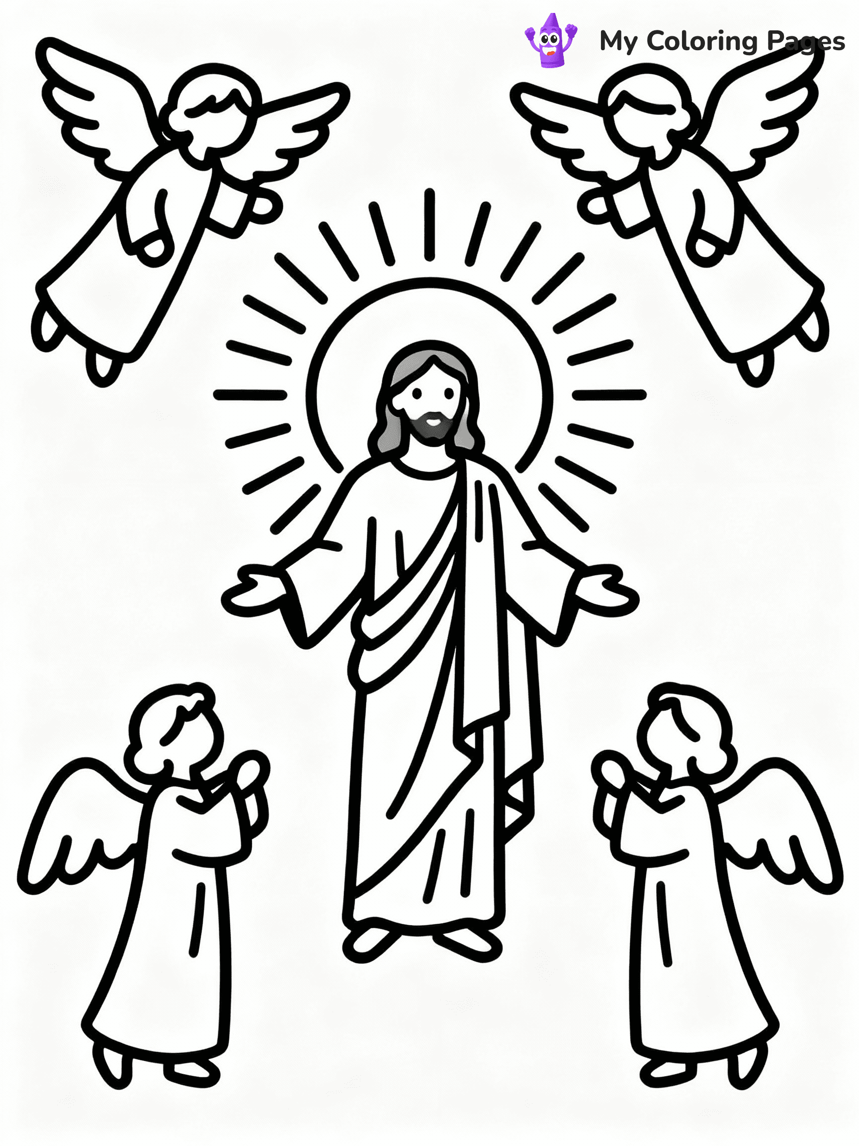 ⚠️ CRITICAL REQUIREMENT - ABSOLUTE BLACK AND WHITE ONLY ⚠️
This MUST be a BLACK AND WHITE line drawing ONLY. NO COLORS whatsoever.
- ONLY pure black lines (#000000) on pure white background (#FFFFFF)
- ABSOLUTELY NO colors, NO shading, NO gradients, NO grayscale
- If there are ANY colors in the output, the image is REJECTED
- This is a COLORING PAGE - meant to be COLORED IN by children
- The output must be UNCOLORED line art ready for coloring
⚠️ SUBJECT TO DRAW: The Resurrection of Jesus, surrounded by angels, in traditional Biblical art style, radiant light shining.
(REMEMBER: Output must be BLACK AND WHITE line art only, NOT colored!)
# COLORING PAGE: BLACK OUTLINES ONLY - WHITE BACKGROUND MANDATORY
Create a **coloring book page** using EXACTLY two values: black lines, white space.
## NON-NEGOTIABLE BINARY RULES
- **ONLY #000000 (black) and #FFFFFF (white)** - NO other values exist
- **EVERY PIXEL = BLACK OR WHITE** - no gray/shading/antialiasing
- **WHITE BACKGROUND MANDATORY** - entire canvas stays white
- **ALL SHAPES HOLLOW** - everything is empty outlines waiting to be colored
- **FORBIDDEN:** fills, shading, gradients, patterns, textures, colors
- **NO SOLID REGIONS** - if it's not a thin line, it's wrong
## Universal Line Standards
- Black outlines ONLY - thin, uniform weight
- Every shape completely empty inside
- Closed contours suitable for coloring
- Simple flat illustration - zero depth/3D/realism
- **Style:** Whimsical Doodle Art Alley - rounded, friendly outlines (unless specified)
## Everything = Outline Only
- Characters/animals: hollow shapes
- Objects/clothing: empty contours
- Backgrounds/scenery: line work only
- Natural elements: outlined forms
- Dark/night areas: don't exist (use outlined symbols)
- Textures/patterns: convert to simple lines
## The Test
Can a child color EVERY white space with crayons? If any area is pre-filled/shaded/gray or colored in, it FAILS. Every shape must be waiting to receive color.
**FINAL OUTPUT**: Binary coloring page. Black lines define shapes. White spaces ready for coloring. Nothing else exists. No exceptions. Print-ready.
⚠️ FINAL REMINDER: Draw the subject "The Resurrection of Jesus, surrounded by angels, in traditional Biblical art style, radiant light shining." as BLACK AND WHITE line art. Zero colors in output.