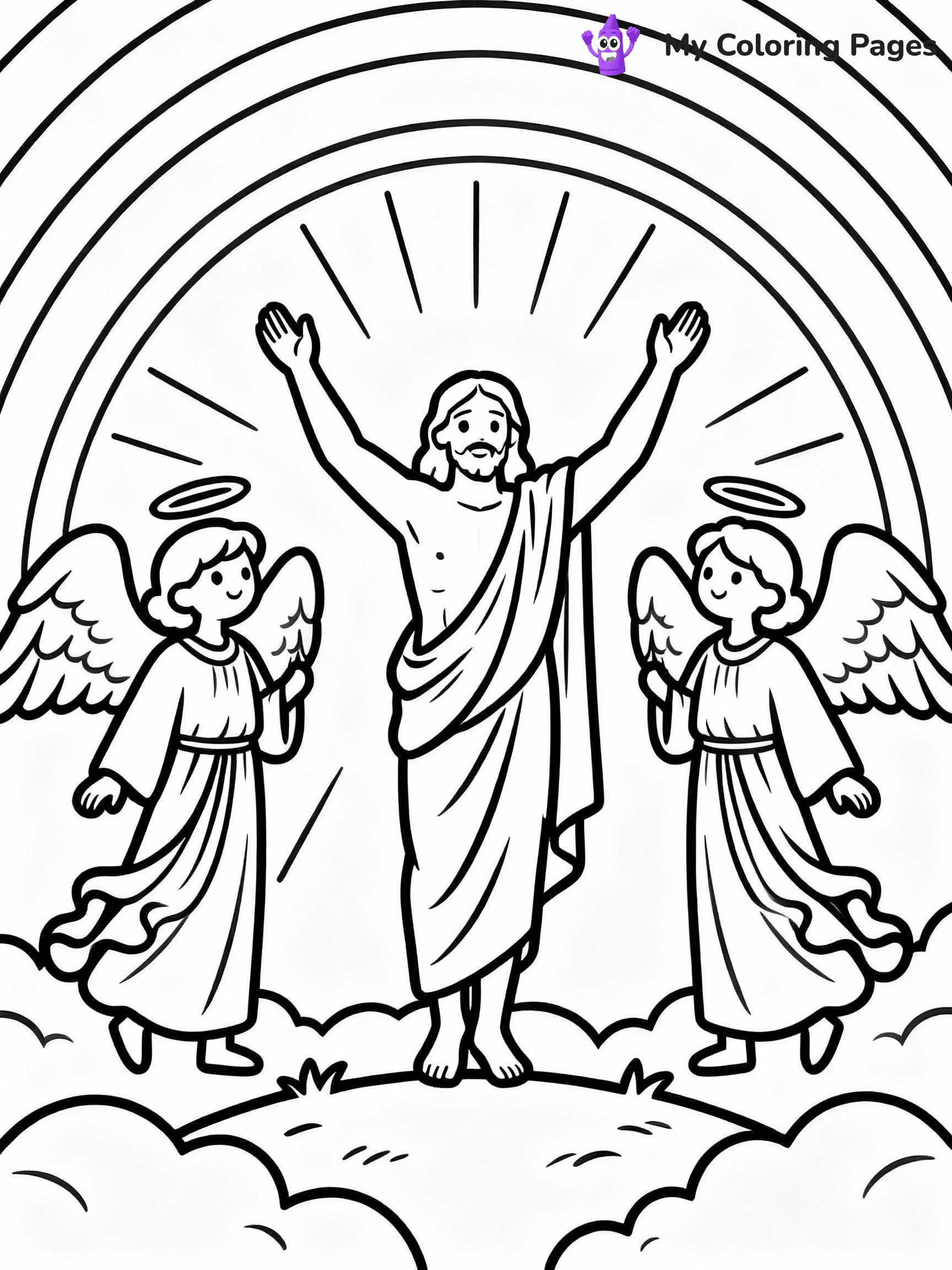 ⚠️ CRITICAL REQUIREMENT - ABSOLUTE BLACK AND WHITE ONLY ⚠️
This MUST be a BLACK AND WHITE line drawing ONLY. NO COLORS whatsoever.
- ONLY pure black lines (#000000) on pure white background (#FFFFFF)
- ABSOLUTELY NO colors, NO shading, NO gradients, NO grayscale
- If there are ANY colors in the output, the image is REJECTED
- This is a COLORING PAGE - meant to be COLORED IN by children
- The output must be UNCOLORED line art ready for coloring
⚠️ SUBJECT TO DRAW: The Resurrection of Jesus, surrounded by angels, in traditional Biblical art style, radiant light shining.
(REMEMBER: Output must be BLACK AND WHITE line art only, NOT colored!)
# COLORING PAGE: BLACK OUTLINES ONLY - WHITE BACKGROUND MANDATORY
Create a **coloring book page** using EXACTLY two values: black lines, white space.
## NON-NEGOTIABLE BINARY RULES
- **ONLY #000000 (black) and #FFFFFF (white)** - NO other values exist
- **EVERY PIXEL = BLACK OR WHITE** - no gray/shading/antialiasing
- **WHITE BACKGROUND MANDATORY** - entire canvas stays white
- **ALL SHAPES HOLLOW** - everything is empty outlines waiting to be colored
- **FORBIDDEN:** fills, shading, gradients, patterns, textures, colors
- **NO SOLID REGIONS** - if it's not a thin line, it's wrong
## Universal Line Standards
- Black outlines ONLY - thin, uniform weight
- Every shape completely empty inside
- Closed contours suitable for coloring
- Simple flat illustration - zero depth/3D/realism
- **Style:** Whimsical Doodle Art Alley - rounded, friendly outlines (unless specified)
## Everything = Outline Only
- Characters/animals: hollow shapes
- Objects/clothing: empty contours
- Backgrounds/scenery: line work only
- Natural elements: outlined forms
- Dark/night areas: don't exist (use outlined symbols)
- Textures/patterns: convert to simple lines
## The Test
Can a child color EVERY white space with crayons? If any area is pre-filled/shaded/gray or colored in, it FAILS. Every shape must be waiting to receive color.
**FINAL OUTPUT**: Binary coloring page. Black lines define shapes. White spaces ready for coloring. Nothing else exists. No exceptions. Print-ready.
⚠️ FINAL REMINDER: Draw the subject "The Resurrection of Jesus, surrounded by angels, in traditional Biblical art style, radiant light shining." as BLACK AND WHITE line art. Zero colors in output.