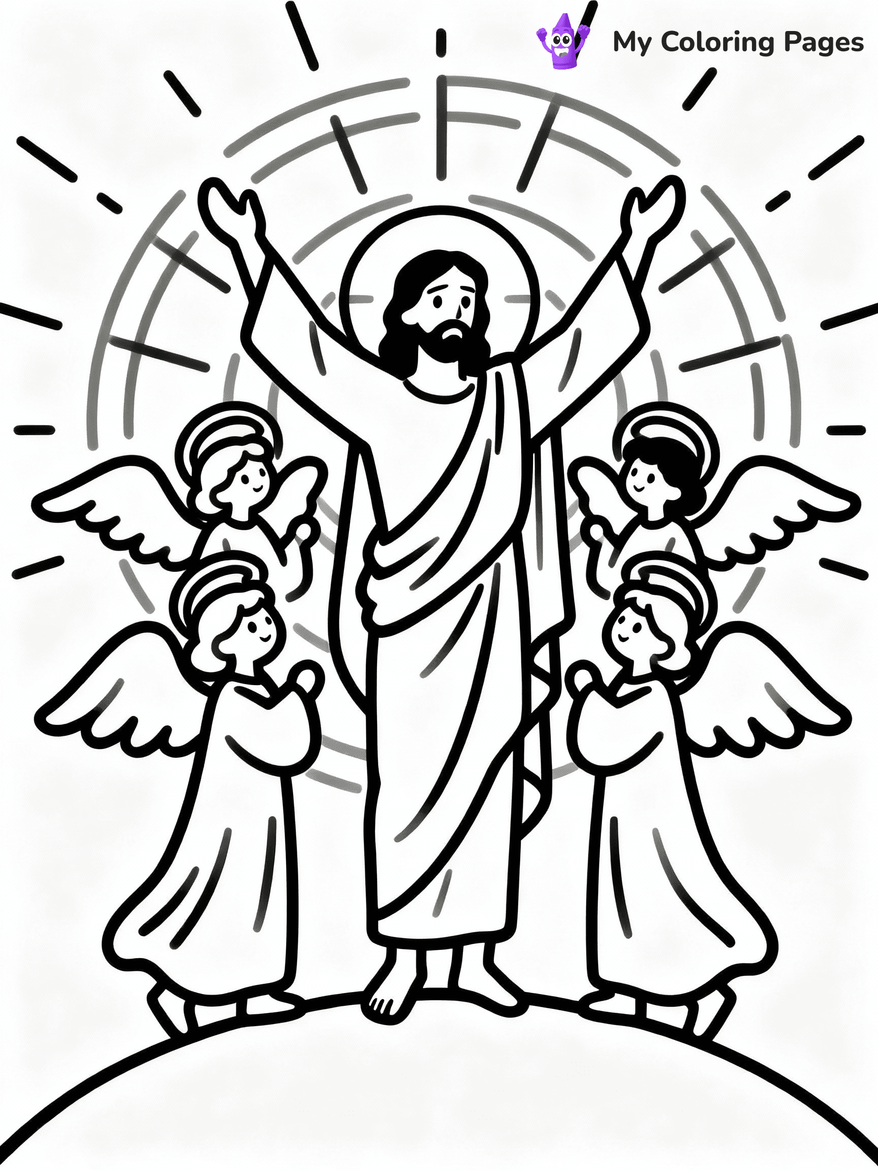 ⚠️ CRITICAL REQUIREMENT - ABSOLUTE BLACK AND WHITE ONLY ⚠️
This MUST be a BLACK AND WHITE line drawing ONLY. NO COLORS whatsoever.
- ONLY pure black lines (#000000) on pure white background (#FFFFFF)
- ABSOLUTELY NO colors, NO shading, NO gradients, NO grayscale
- If there are ANY colors in the output, the image is REJECTED
- This is a COLORING PAGE - meant to be COLORED IN by children
- The output must be UNCOLORED line art ready for coloring
⚠️ SUBJECT TO DRAW: The Resurrection of Jesus, surrounded by angels, in traditional Biblical art style, radiant light shining.
(REMEMBER: Output must be BLACK AND WHITE line art only, NOT colored!)
# COLORING PAGE: BLACK OUTLINES ONLY - WHITE BACKGROUND MANDATORY
Create a **coloring book page** using EXACTLY two values: black lines, white space.
## NON-NEGOTIABLE BINARY RULES
- **ONLY #000000 (black) and #FFFFFF (white)** - NO other values exist
- **EVERY PIXEL = BLACK OR WHITE** - no gray/shading/antialiasing
- **WHITE BACKGROUND MANDATORY** - entire canvas stays white
- **ALL SHAPES HOLLOW** - everything is empty outlines waiting to be colored
- **FORBIDDEN:** fills, shading, gradients, patterns, textures, colors
- **NO SOLID REGIONS** - if it's not a thin line, it's wrong
## Universal Line Standards
- Black outlines ONLY - thin, uniform weight
- Every shape completely empty inside
- Closed contours suitable for coloring
- Simple flat illustration - zero depth/3D/realism
- **Style:** Whimsical Doodle Art Alley - rounded, friendly outlines (unless specified)
## Everything = Outline Only
- Characters/animals: hollow shapes
- Objects/clothing: empty contours
- Backgrounds/scenery: line work only
- Natural elements: outlined forms
- Dark/night areas: don't exist (use outlined symbols)
- Textures/patterns: convert to simple lines
## The Test
Can a child color EVERY white space with crayons? If any area is pre-filled/shaded/gray or colored in, it FAILS. Every shape must be waiting to receive color.
**FINAL OUTPUT**: Binary coloring page. Black lines define shapes. White spaces ready for coloring. Nothing else exists. No exceptions. Print-ready.
⚠️ FINAL REMINDER: Draw the subject "The Resurrection of Jesus, surrounded by angels, in traditional Biblical art style, radiant light shining." as BLACK AND WHITE line art. Zero colors in output.