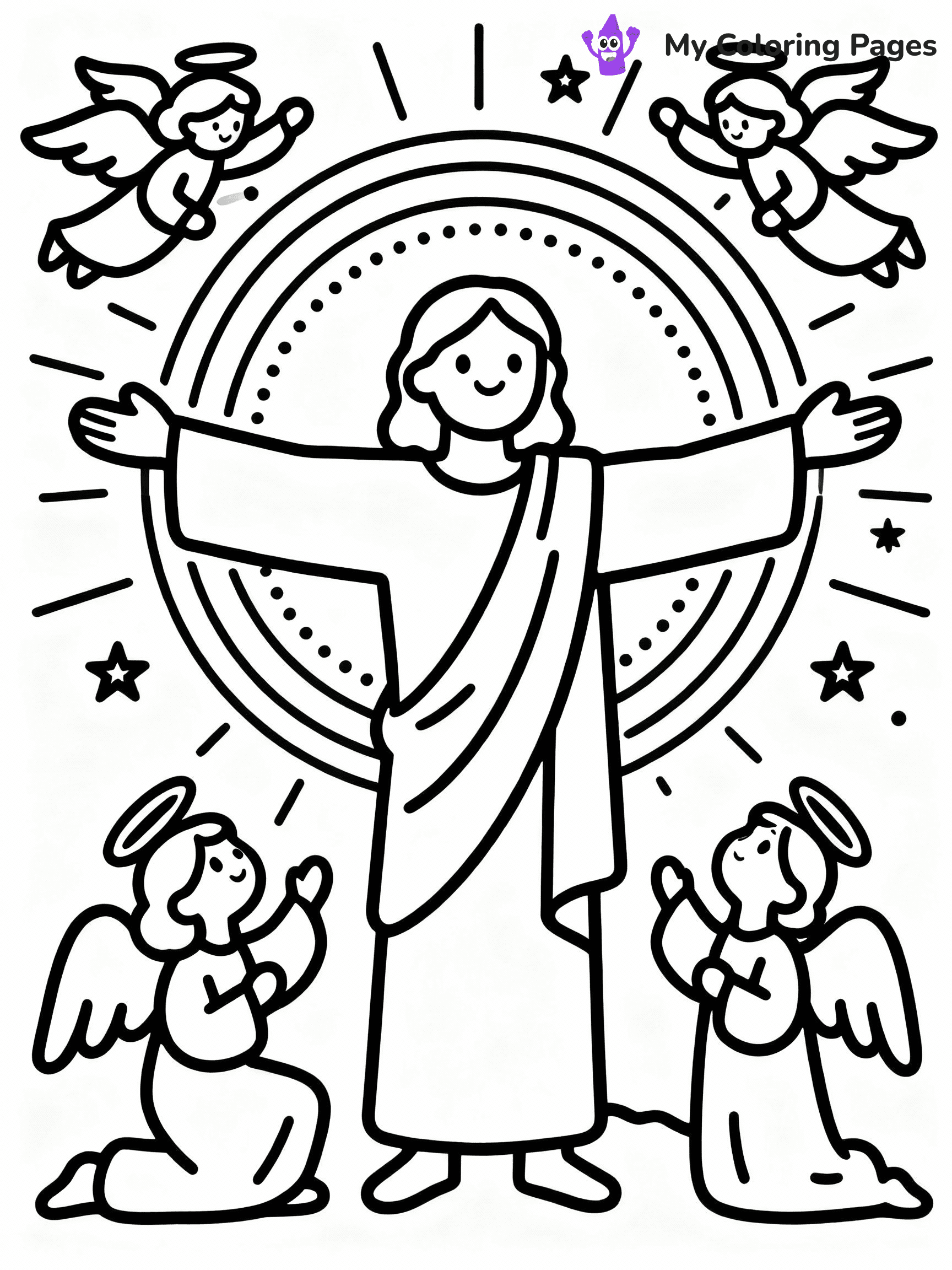 ⚠️ CRITICAL REQUIREMENT - ABSOLUTE BLACK AND WHITE ONLY ⚠️
This MUST be a BLACK AND WHITE line drawing ONLY. NO COLORS whatsoever.
- ONLY pure black lines (#000000) on pure white background (#FFFFFF)
- ABSOLUTELY NO colors, NO shading, NO gradients, NO grayscale
- If there are ANY colors in the output, the image is REJECTED
- This is a COLORING PAGE - meant to be COLORED IN by children
- The output must be UNCOLORED line art ready for coloring
⚠️ SUBJECT TO DRAW: The Resurrection of Jesus, surrounded by angels, in traditional Biblical art style, radiant light shining.
(REMEMBER: Output must be BLACK AND WHITE line art only, NOT colored!)
# COLORING PAGE: BLACK OUTLINES ONLY - WHITE BACKGROUND MANDATORY
Create a **coloring book page** using EXACTLY two values: black lines, white space.
## NON-NEGOTIABLE BINARY RULES
- **ONLY #000000 (black) and #FFFFFF (white)** - NO other values exist
- **EVERY PIXEL = BLACK OR WHITE** - no gray/shading/antialiasing
- **WHITE BACKGROUND MANDATORY** - entire canvas stays white
- **ALL SHAPES HOLLOW** - everything is empty outlines waiting to be colored
- **FORBIDDEN:** fills, shading, gradients, patterns, textures, colors
- **NO SOLID REGIONS** - if it's not a thin line, it's wrong
## Universal Line Standards
- Black outlines ONLY - thin, uniform weight
- Every shape completely empty inside
- Closed contours suitable for coloring
- Simple flat illustration - zero depth/3D/realism
- **Style:** Whimsical Doodle Art Alley - rounded, friendly outlines (unless specified)
## Everything = Outline Only
- Characters/animals: hollow shapes
- Objects/clothing: empty contours
- Backgrounds/scenery: line work only
- Natural elements: outlined forms
- Dark/night areas: don't exist (use outlined symbols)
- Textures/patterns: convert to simple lines
## The Test
Can a child color EVERY white space with crayons? If any area is pre-filled/shaded/gray or colored in, it FAILS. Every shape must be waiting to receive color.
**FINAL OUTPUT**: Binary coloring page. Black lines define shapes. White spaces ready for coloring. Nothing else exists. No exceptions. Print-ready.
⚠️ FINAL REMINDER: Draw the subject "The Resurrection of Jesus, surrounded by angels, in traditional Biblical art style, radiant light shining." as BLACK AND WHITE line art. Zero colors in output.