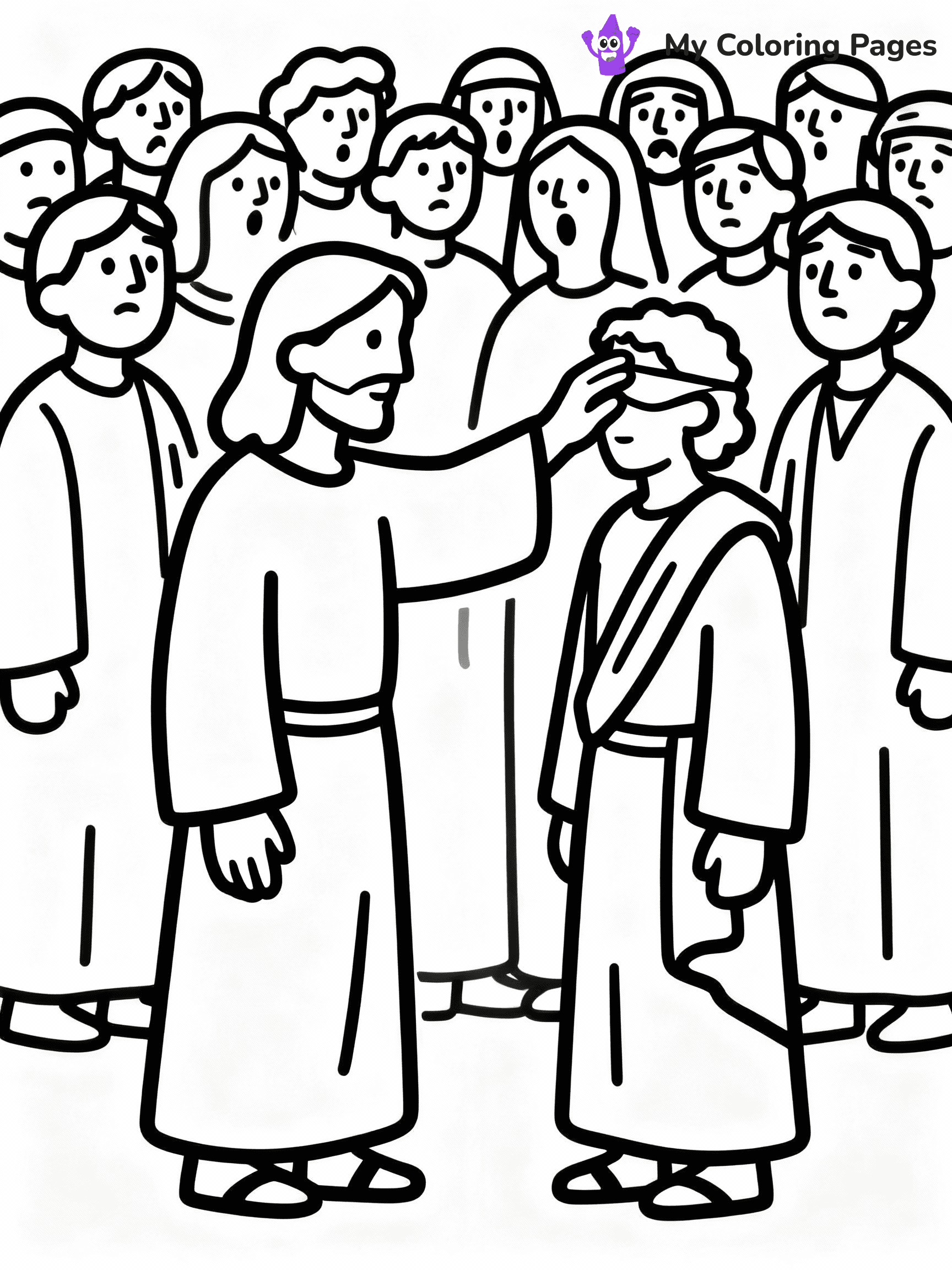 ⚠️ CRITICAL REQUIREMENT - ABSOLUTE BLACK AND WHITE ONLY ⚠️
This MUST be a BLACK AND WHITE line drawing ONLY. NO COLORS whatsoever.
- ONLY pure black lines (#000000) on pure white background (#FFFFFF)
- ABSOLUTELY NO colors, NO shading, NO gradients, NO grayscale
- If there are ANY colors in the output, the image is REJECTED
- This is a COLORING PAGE - meant to be COLORED IN by children
- The output must be UNCOLORED line art ready for coloring
⚠️ SUBJECT TO DRAW: Jesus healing the sick, touching a blind man, in traditional Biblical art style, crowd watching in awe.
(REMEMBER: Output must be BLACK AND WHITE line art only, NOT colored!)
# COLORING PAGE: BLACK OUTLINES ONLY - WHITE BACKGROUND MANDATORY
Create a **coloring book page** using EXACTLY two values: black lines, white space.
## NON-NEGOTIABLE BINARY RULES
- **ONLY #000000 (black) and #FFFFFF (white)** - NO other values exist
- **EVERY PIXEL = BLACK OR WHITE** - no gray/shading/antialiasing
- **WHITE BACKGROUND MANDATORY** - entire canvas stays white
- **ALL SHAPES HOLLOW** - everything is empty outlines waiting to be colored
- **FORBIDDEN:** fills, shading, gradients, patterns, textures, colors
- **NO SOLID REGIONS** - if it's not a thin line, it's wrong
## Universal Line Standards
- Black outlines ONLY - thin, uniform weight
- Every shape completely empty inside
- Closed contours suitable for coloring
- Simple flat illustration - zero depth/3D/realism
- **Style:** Whimsical Doodle Art Alley - rounded, friendly outlines (unless specified)
## Everything = Outline Only
- Characters/animals: hollow shapes
- Objects/clothing: empty contours
- Backgrounds/scenery: line work only
- Natural elements: outlined forms
- Dark/night areas: don't exist (use outlined symbols)
- Textures/patterns: convert to simple lines
## The Test
Can a child color EVERY white space with crayons? If any area is pre-filled/shaded/gray or colored in, it FAILS. Every shape must be waiting to receive color.
**FINAL OUTPUT**: Binary coloring page. Black lines define shapes. White spaces ready for coloring. Nothing else exists. No exceptions. Print-ready.
⚠️ FINAL REMINDER: Draw the subject "Jesus healing the sick, touching a blind man, in traditional Biblical art style, crowd watching in awe." as BLACK AND WHITE line art. Zero colors in output.