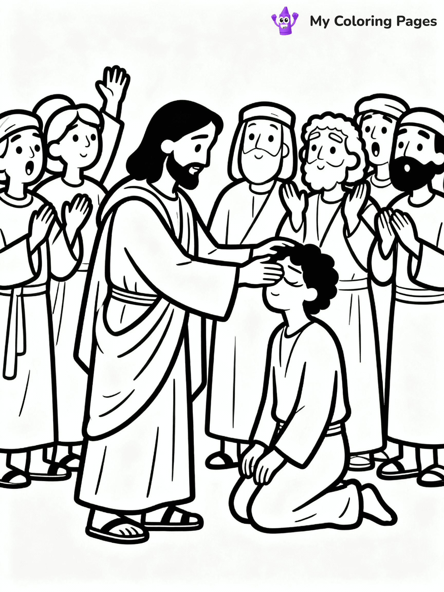 ⚠️ CRITICAL REQUIREMENT - ABSOLUTE BLACK AND WHITE ONLY ⚠️
This MUST be a BLACK AND WHITE line drawing ONLY. NO COLORS whatsoever.
- ONLY pure black lines (#000000) on pure white background (#FFFFFF)
- ABSOLUTELY NO colors, NO shading, NO gradients, NO grayscale
- If there are ANY colors in the output, the image is REJECTED
- This is a COLORING PAGE - meant to be COLORED IN by children
- The output must be UNCOLORED line art ready for coloring
⚠️ SUBJECT TO DRAW: Jesus healing the sick, touching a blind man, in traditional Biblical art style, crowd watching in awe.
(REMEMBER: Output must be BLACK AND WHITE line art only, NOT colored!)
# COLORING PAGE: BLACK OUTLINES ONLY - WHITE BACKGROUND MANDATORY
Create a **coloring book page** using EXACTLY two values: black lines, white space.
## NON-NEGOTIABLE BINARY RULES
- **ONLY #000000 (black) and #FFFFFF (white)** - NO other values exist
- **EVERY PIXEL = BLACK OR WHITE** - no gray/shading/antialiasing
- **WHITE BACKGROUND MANDATORY** - entire canvas stays white
- **ALL SHAPES HOLLOW** - everything is empty outlines waiting to be colored
- **FORBIDDEN:** fills, shading, gradients, patterns, textures, colors
- **NO SOLID REGIONS** - if it's not a thin line, it's wrong
## Universal Line Standards
- Black outlines ONLY - thin, uniform weight
- Every shape completely empty inside
- Closed contours suitable for coloring
- Simple flat illustration - zero depth/3D/realism
- **Style:** Whimsical Doodle Art Alley - rounded, friendly outlines (unless specified)
## Everything = Outline Only
- Characters/animals: hollow shapes
- Objects/clothing: empty contours
- Backgrounds/scenery: line work only
- Natural elements: outlined forms
- Dark/night areas: don't exist (use outlined symbols)
- Textures/patterns: convert to simple lines
## The Test
Can a child color EVERY white space with crayons? If any area is pre-filled/shaded/gray or colored in, it FAILS. Every shape must be waiting to receive color.
**FINAL OUTPUT**: Binary coloring page. Black lines define shapes. White spaces ready for coloring. Nothing else exists. No exceptions. Print-ready.
⚠️ FINAL REMINDER: Draw the subject "Jesus healing the sick, touching a blind man, in traditional Biblical art style, crowd watching in awe." as BLACK AND WHITE line art. Zero colors in output.