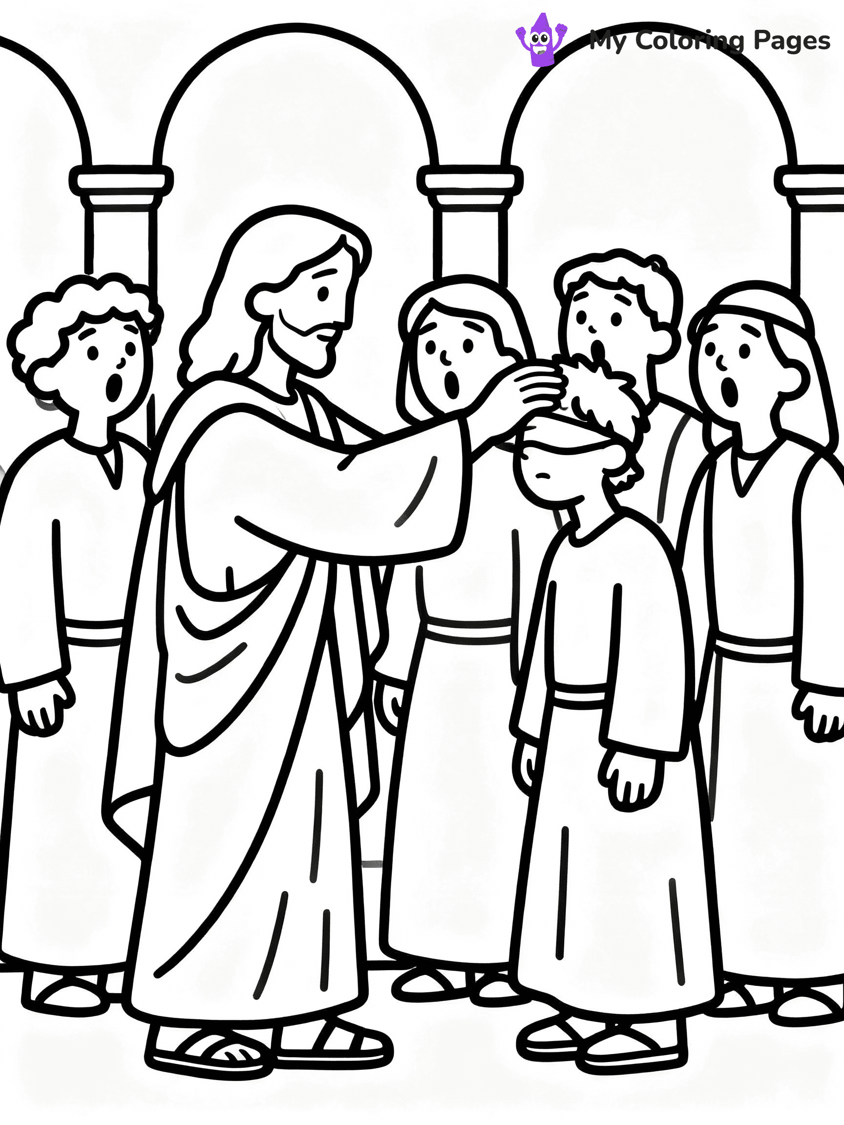 ⚠️ CRITICAL REQUIREMENT - ABSOLUTE BLACK AND WHITE ONLY ⚠️
This MUST be a BLACK AND WHITE line drawing ONLY. NO COLORS whatsoever.
- ONLY pure black lines (#000000) on pure white background (#FFFFFF)
- ABSOLUTELY NO colors, NO shading, NO gradients, NO grayscale
- If there are ANY colors in the output, the image is REJECTED
- This is a COLORING PAGE - meant to be COLORED IN by children
- The output must be UNCOLORED line art ready for coloring
⚠️ SUBJECT TO DRAW: Jesus healing the sick, touching a blind man, in traditional Biblical art style, crowd watching in awe.
(REMEMBER: Output must be BLACK AND WHITE line art only, NOT colored!)
# COLORING PAGE: BLACK OUTLINES ONLY - WHITE BACKGROUND MANDATORY
Create a **coloring book page** using EXACTLY two values: black lines, white space.
## NON-NEGOTIABLE BINARY RULES
- **ONLY #000000 (black) and #FFFFFF (white)** - NO other values exist
- **EVERY PIXEL = BLACK OR WHITE** - no gray/shading/antialiasing
- **WHITE BACKGROUND MANDATORY** - entire canvas stays white
- **ALL SHAPES HOLLOW** - everything is empty outlines waiting to be colored
- **FORBIDDEN:** fills, shading, gradients, patterns, textures, colors
- **NO SOLID REGIONS** - if it's not a thin line, it's wrong
## Universal Line Standards
- Black outlines ONLY - thin, uniform weight
- Every shape completely empty inside
- Closed contours suitable for coloring
- Simple flat illustration - zero depth/3D/realism
- **Style:** Whimsical Doodle Art Alley - rounded, friendly outlines (unless specified)
## Everything = Outline Only
- Characters/animals: hollow shapes
- Objects/clothing: empty contours
- Backgrounds/scenery: line work only
- Natural elements: outlined forms
- Dark/night areas: don't exist (use outlined symbols)
- Textures/patterns: convert to simple lines
## The Test
Can a child color EVERY white space with crayons? If any area is pre-filled/shaded/gray or colored in, it FAILS. Every shape must be waiting to receive color.
**FINAL OUTPUT**: Binary coloring page. Black lines define shapes. White spaces ready for coloring. Nothing else exists. No exceptions. Print-ready.
⚠️ FINAL REMINDER: Draw the subject "Jesus healing the sick, touching a blind man, in traditional Biblical art style, crowd watching in awe." as BLACK AND WHITE line art. Zero colors in output.