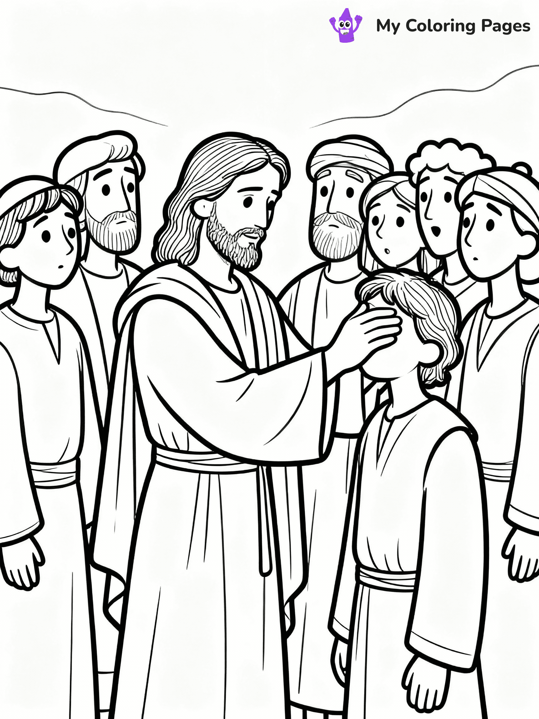 ⚠️ CRITICAL REQUIREMENT - ABSOLUTE BLACK AND WHITE ONLY ⚠️
This MUST be a BLACK AND WHITE line drawing ONLY. NO COLORS whatsoever.
- ONLY pure black lines (#000000) on pure white background (#FFFFFF)
- ABSOLUTELY NO colors, NO shading, NO gradients, NO grayscale
- If there are ANY colors in the output, the image is REJECTED
- This is a COLORING PAGE - meant to be COLORED IN by children
- The output must be UNCOLORED line art ready for coloring
⚠️ SUBJECT TO DRAW: Jesus healing the sick, touching a blind man, in traditional Biblical art style, crowd watching in awe.
(REMEMBER: Output must be BLACK AND WHITE line art only, NOT colored!)
# COLORING PAGE: BLACK OUTLINES ONLY - WHITE BACKGROUND MANDATORY
Create a **coloring book page** using EXACTLY two values: black lines, white space.
## NON-NEGOTIABLE BINARY RULES
- **ONLY #000000 (black) and #FFFFFF (white)** - NO other values exist
- **EVERY PIXEL = BLACK OR WHITE** - no gray/shading/antialiasing
- **WHITE BACKGROUND MANDATORY** - entire canvas stays white
- **ALL SHAPES HOLLOW** - everything is empty outlines waiting to be colored
- **FORBIDDEN:** fills, shading, gradients, patterns, textures, colors
- **NO SOLID REGIONS** - if it's not a thin line, it's wrong
## Universal Line Standards
- Black outlines ONLY - thin, uniform weight
- Every shape completely empty inside
- Closed contours suitable for coloring
- Simple flat illustration - zero depth/3D/realism
- **Style:** Whimsical Doodle Art Alley - rounded, friendly outlines (unless specified)
## Everything = Outline Only
- Characters/animals: hollow shapes
- Objects/clothing: empty contours
- Backgrounds/scenery: line work only
- Natural elements: outlined forms
- Dark/night areas: don't exist (use outlined symbols)
- Textures/patterns: convert to simple lines
## The Test
Can a child color EVERY white space with crayons? If any area is pre-filled/shaded/gray or colored in, it FAILS. Every shape must be waiting to receive color.
**FINAL OUTPUT**: Binary coloring page. Black lines define shapes. White spaces ready for coloring. Nothing else exists. No exceptions. Print-ready.
⚠️ FINAL REMINDER: Draw the subject "Jesus healing the sick, touching a blind man, in traditional Biblical art style, crowd watching in awe." as BLACK AND WHITE line art. Zero colors in output.