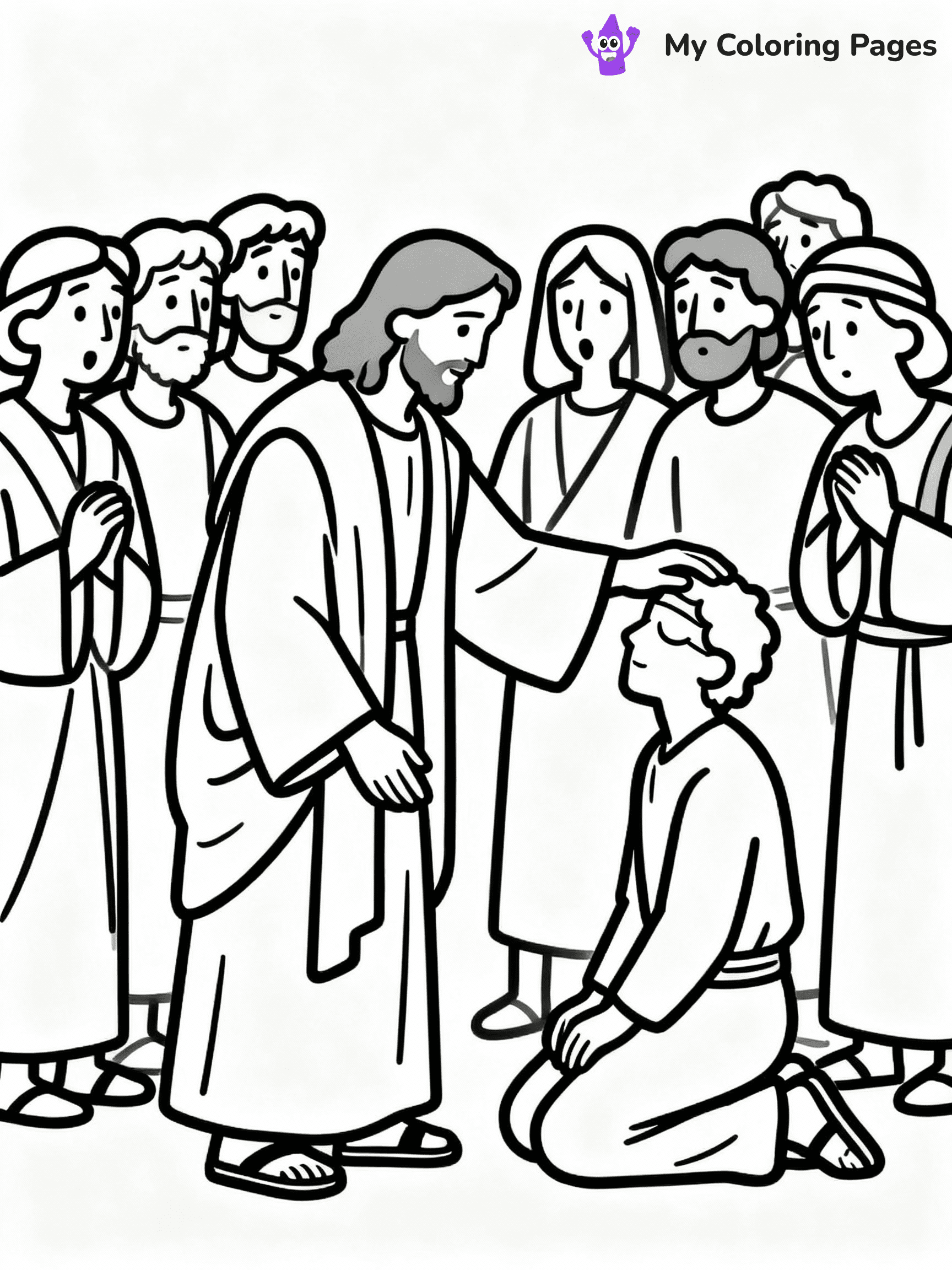 ⚠️ CRITICAL REQUIREMENT - ABSOLUTE BLACK AND WHITE ONLY ⚠️
This MUST be a BLACK AND WHITE line drawing ONLY. NO COLORS whatsoever.
- ONLY pure black lines (#000000) on pure white background (#FFFFFF)
- ABSOLUTELY NO colors, NO shading, NO gradients, NO grayscale
- If there are ANY colors in the output, the image is REJECTED
- This is a COLORING PAGE - meant to be COLORED IN by children
- The output must be UNCOLORED line art ready for coloring
⚠️ SUBJECT TO DRAW: Jesus healing the sick, touching a blind man, in traditional Biblical art style, crowd watching in awe.
(REMEMBER: Output must be BLACK AND WHITE line art only, NOT colored!)
# COLORING PAGE: BLACK OUTLINES ONLY - WHITE BACKGROUND MANDATORY
Create a **coloring book page** using EXACTLY two values: black lines, white space.
## NON-NEGOTIABLE BINARY RULES
- **ONLY #000000 (black) and #FFFFFF (white)** - NO other values exist
- **EVERY PIXEL = BLACK OR WHITE** - no gray/shading/antialiasing
- **WHITE BACKGROUND MANDATORY** - entire canvas stays white
- **ALL SHAPES HOLLOW** - everything is empty outlines waiting to be colored
- **FORBIDDEN:** fills, shading, gradients, patterns, textures, colors
- **NO SOLID REGIONS** - if it's not a thin line, it's wrong
## Universal Line Standards
- Black outlines ONLY - thin, uniform weight
- Every shape completely empty inside
- Closed contours suitable for coloring
- Simple flat illustration - zero depth/3D/realism
- **Style:** Whimsical Doodle Art Alley - rounded, friendly outlines (unless specified)
## Everything = Outline Only
- Characters/animals: hollow shapes
- Objects/clothing: empty contours
- Backgrounds/scenery: line work only
- Natural elements: outlined forms
- Dark/night areas: don't exist (use outlined symbols)
- Textures/patterns: convert to simple lines
## The Test
Can a child color EVERY white space with crayons? If any area is pre-filled/shaded/gray or colored in, it FAILS. Every shape must be waiting to receive color.
**FINAL OUTPUT**: Binary coloring page. Black lines define shapes. White spaces ready for coloring. Nothing else exists. No exceptions. Print-ready.
⚠️ FINAL REMINDER: Draw the subject "Jesus healing the sick, touching a blind man, in traditional Biblical art style, crowd watching in awe." as BLACK AND WHITE line art. Zero colors in output.