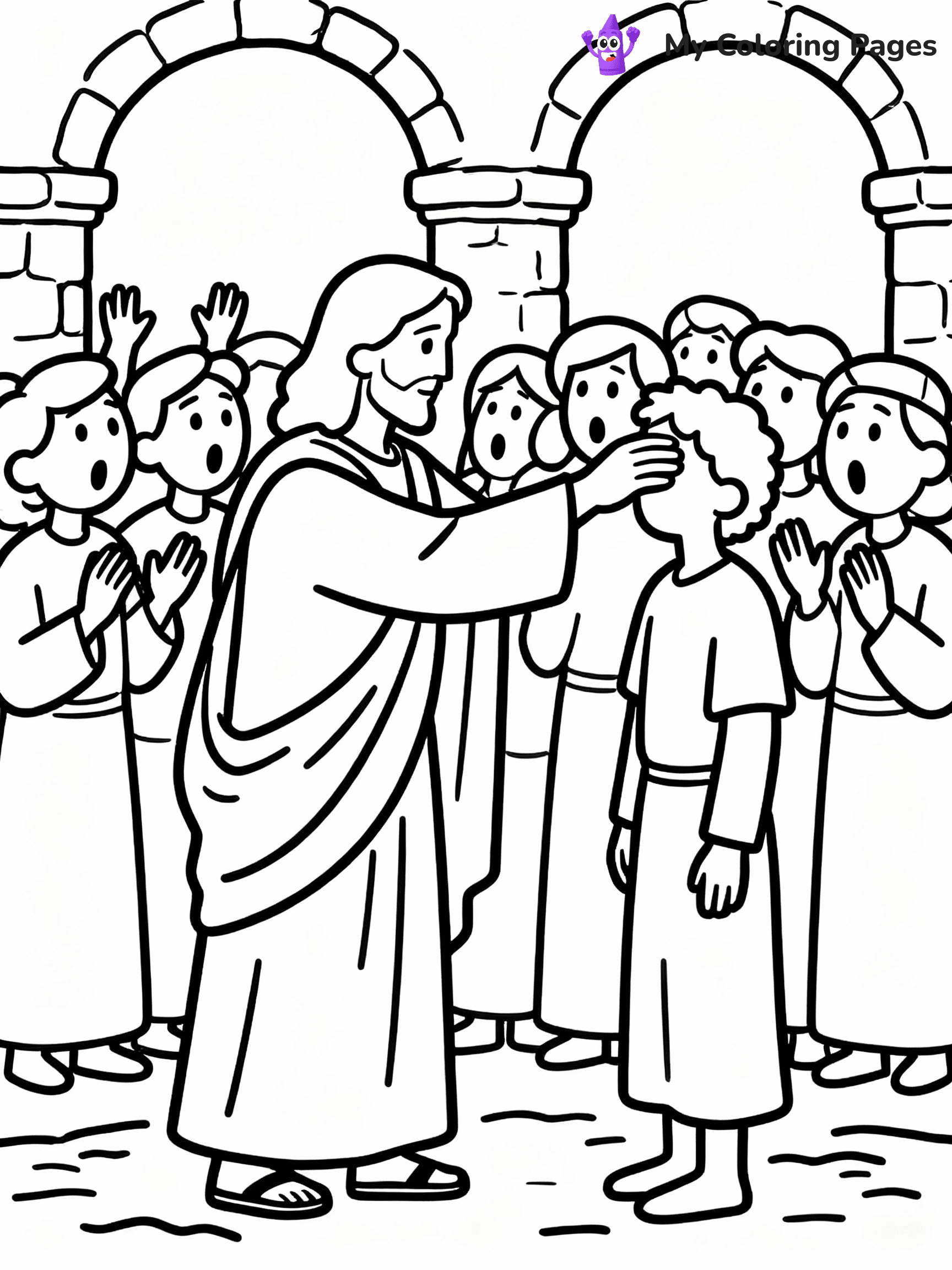 ⚠️ CRITICAL REQUIREMENT - ABSOLUTE BLACK AND WHITE ONLY ⚠️
This MUST be a BLACK AND WHITE line drawing ONLY. NO COLORS whatsoever.
- ONLY pure black lines (#000000) on pure white background (#FFFFFF)
- ABSOLUTELY NO colors, NO shading, NO gradients, NO grayscale
- If there are ANY colors in the output, the image is REJECTED
- This is a COLORING PAGE - meant to be COLORED IN by children
- The output must be UNCOLORED line art ready for coloring
⚠️ SUBJECT TO DRAW: Jesus healing the sick, touching a blind man, in traditional Biblical art style, crowd watching in awe.
(REMEMBER: Output must be BLACK AND WHITE line art only, NOT colored!)
# COLORING PAGE: BLACK OUTLINES ONLY - WHITE BACKGROUND MANDATORY
Create a **coloring book page** using EXACTLY two values: black lines, white space.
## NON-NEGOTIABLE BINARY RULES
- **ONLY #000000 (black) and #FFFFFF (white)** - NO other values exist
- **EVERY PIXEL = BLACK OR WHITE** - no gray/shading/antialiasing
- **WHITE BACKGROUND MANDATORY** - entire canvas stays white
- **ALL SHAPES HOLLOW** - everything is empty outlines waiting to be colored
- **FORBIDDEN:** fills, shading, gradients, patterns, textures, colors
- **NO SOLID REGIONS** - if it's not a thin line, it's wrong
## Universal Line Standards
- Black outlines ONLY - thin, uniform weight
- Every shape completely empty inside
- Closed contours suitable for coloring
- Simple flat illustration - zero depth/3D/realism
- **Style:** Whimsical Doodle Art Alley - rounded, friendly outlines (unless specified)
## Everything = Outline Only
- Characters/animals: hollow shapes
- Objects/clothing: empty contours
- Backgrounds/scenery: line work only
- Natural elements: outlined forms
- Dark/night areas: don't exist (use outlined symbols)
- Textures/patterns: convert to simple lines
## The Test
Can a child color EVERY white space with crayons? If any area is pre-filled/shaded/gray or colored in, it FAILS. Every shape must be waiting to receive color.
**FINAL OUTPUT**: Binary coloring page. Black lines define shapes. White spaces ready for coloring. Nothing else exists. No exceptions. Print-ready.
⚠️ FINAL REMINDER: Draw the subject "Jesus healing the sick, touching a blind man, in traditional Biblical art style, crowd watching in awe." as BLACK AND WHITE line art. Zero colors in output.