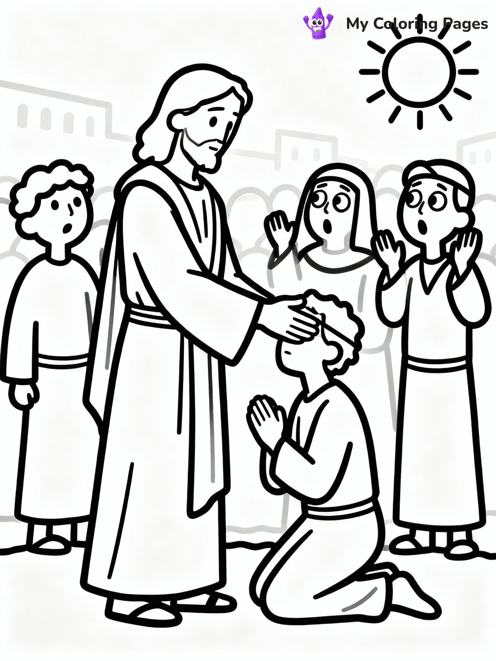 ⚠️ CRITICAL REQUIREMENT - ABSOLUTE BLACK AND WHITE ONLY ⚠️
This MUST be a BLACK AND WHITE line drawing ONLY. NO COLORS whatsoever.
- ONLY pure black lines (#000000) on pure white background (#FFFFFF)
- ABSOLUTELY NO colors, NO shading, NO gradients, NO grayscale
- If there are ANY colors in the output, the image is REJECTED
- This is a COLORING PAGE - meant to be COLORED IN by children
- The output must be UNCOLORED line art ready for coloring
⚠️ SUBJECT TO DRAW: Jesus healing the sick, touching a blind man, in traditional Biblical art style, crowd watching in awe.
(REMEMBER: Output must be BLACK AND WHITE line art only, NOT colored!)
# COLORING PAGE: BLACK OUTLINES ONLY - WHITE BACKGROUND MANDATORY
Create a **coloring book page** using EXACTLY two values: black lines, white space.
## NON-NEGOTIABLE BINARY RULES
- **ONLY #000000 (black) and #FFFFFF (white)** - NO other values exist
- **EVERY PIXEL = BLACK OR WHITE** - no gray/shading/antialiasing
- **WHITE BACKGROUND MANDATORY** - entire canvas stays white
- **ALL SHAPES HOLLOW** - everything is empty outlines waiting to be colored
- **FORBIDDEN:** fills, shading, gradients, patterns, textures, colors
- **NO SOLID REGIONS** - if it's not a thin line, it's wrong
## Universal Line Standards
- Black outlines ONLY - thin, uniform weight
- Every shape completely empty inside
- Closed contours suitable for coloring
- Simple flat illustration - zero depth/3D/realism
- **Style:** Whimsical Doodle Art Alley - rounded, friendly outlines (unless specified)
## Everything = Outline Only
- Characters/animals: hollow shapes
- Objects/clothing: empty contours
- Backgrounds/scenery: line work only
- Natural elements: outlined forms
- Dark/night areas: don't exist (use outlined symbols)
- Textures/patterns: convert to simple lines
## The Test
Can a child color EVERY white space with crayons? If any area is pre-filled/shaded/gray or colored in, it FAILS. Every shape must be waiting to receive color.
**FINAL OUTPUT**: Binary coloring page. Black lines define shapes. White spaces ready for coloring. Nothing else exists. No exceptions. Print-ready.
⚠️ FINAL REMINDER: Draw the subject "Jesus healing the sick, touching a blind man, in traditional Biblical art style, crowd watching in awe." as BLACK AND WHITE line art. Zero colors in output.