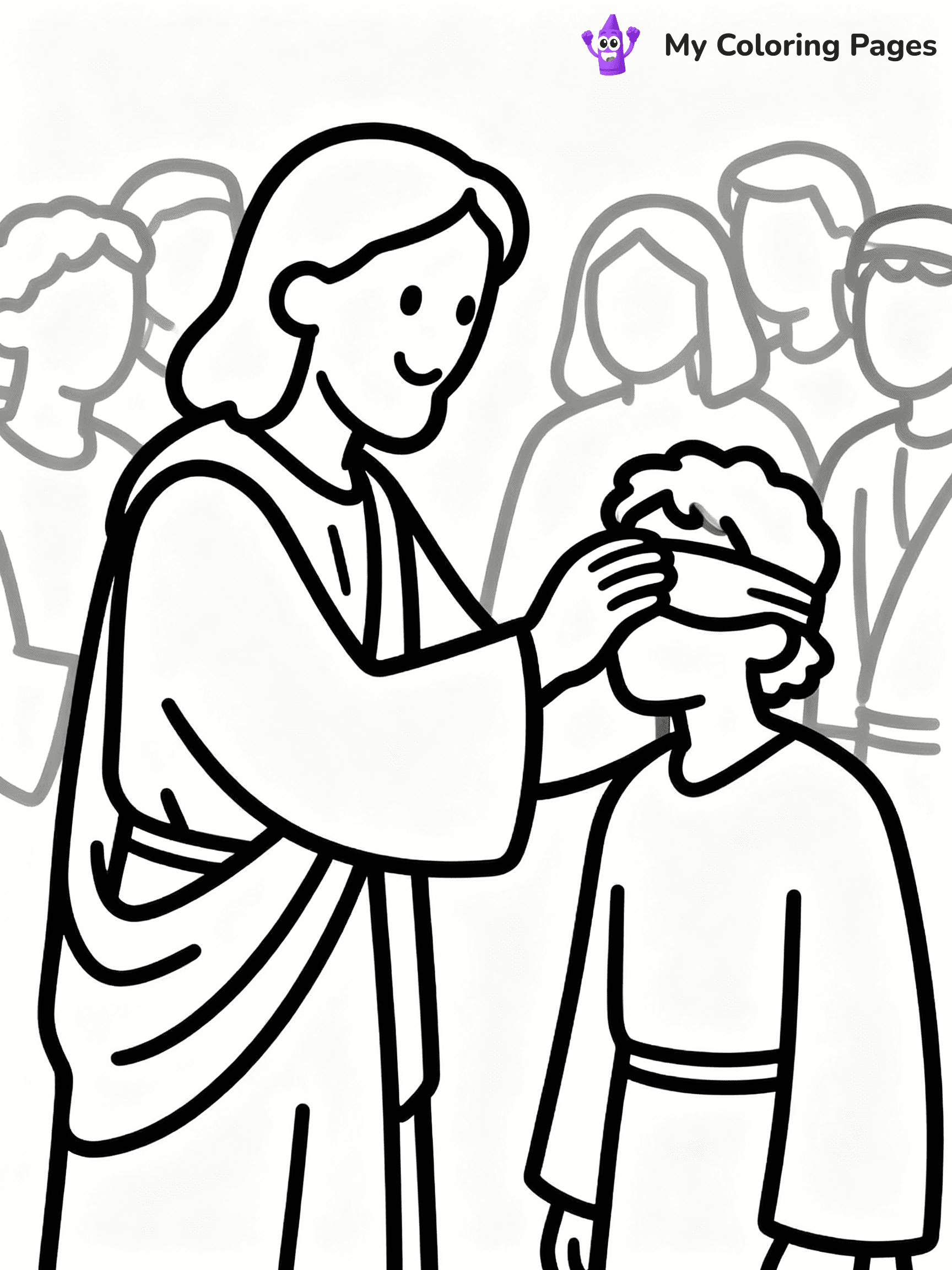 ⚠️ CRITICAL REQUIREMENT - ABSOLUTE BLACK AND WHITE ONLY ⚠️
This MUST be a BLACK AND WHITE line drawing ONLY. NO COLORS whatsoever.
- ONLY pure black lines (#000000) on pure white background (#FFFFFF)
- ABSOLUTELY NO colors, NO shading, NO gradients, NO grayscale
- If there are ANY colors in the output, the image is REJECTED
- This is a COLORING PAGE - meant to be COLORED IN by children
- The output must be UNCOLORED line art ready for coloring
⚠️ SUBJECT TO DRAW: Jesus healing the sick, touching a blind man, in traditional Biblical art style, crowd watching in awe.
(REMEMBER: Output must be BLACK AND WHITE line art only, NOT colored!)
# COLORING PAGE: BLACK OUTLINES ONLY - WHITE BACKGROUND MANDATORY
Create a **coloring book page** using EXACTLY two values: black lines, white space.
## NON-NEGOTIABLE BINARY RULES
- **ONLY #000000 (black) and #FFFFFF (white)** - NO other values exist
- **EVERY PIXEL = BLACK OR WHITE** - no gray/shading/antialiasing
- **WHITE BACKGROUND MANDATORY** - entire canvas stays white
- **ALL SHAPES HOLLOW** - everything is empty outlines waiting to be colored
- **FORBIDDEN:** fills, shading, gradients, patterns, textures, colors
- **NO SOLID REGIONS** - if it's not a thin line, it's wrong
## Universal Line Standards
- Black outlines ONLY - thin, uniform weight
- Every shape completely empty inside
- Closed contours suitable for coloring
- Simple flat illustration - zero depth/3D/realism
- **Style:** Whimsical Doodle Art Alley - rounded, friendly outlines (unless specified)
## Everything = Outline Only
- Characters/animals: hollow shapes
- Objects/clothing: empty contours
- Backgrounds/scenery: line work only
- Natural elements: outlined forms
- Dark/night areas: don't exist (use outlined symbols)
- Textures/patterns: convert to simple lines
## The Test
Can a child color EVERY white space with crayons? If any area is pre-filled/shaded/gray or colored in, it FAILS. Every shape must be waiting to receive color.
**FINAL OUTPUT**: Binary coloring page. Black lines define shapes. White spaces ready for coloring. Nothing else exists. No exceptions. Print-ready.
⚠️ FINAL REMINDER: Draw the subject "Jesus healing the sick, touching a blind man, in traditional Biblical art style, crowd watching in awe." as BLACK AND WHITE line art. Zero colors in output.