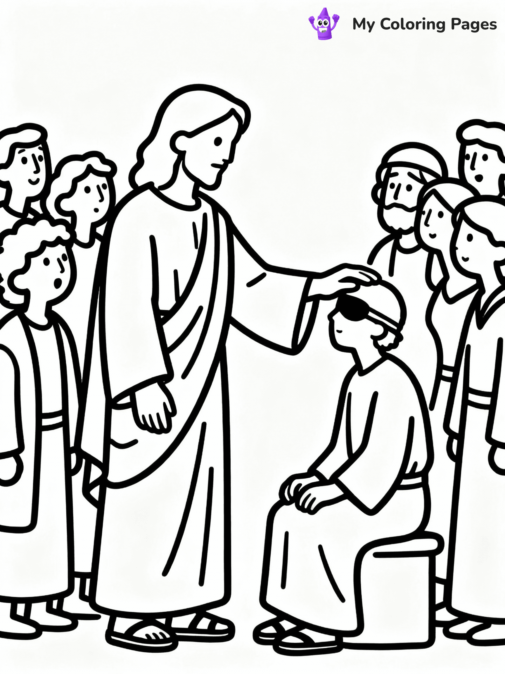 ⚠️ CRITICAL REQUIREMENT - ABSOLUTE BLACK AND WHITE ONLY ⚠️
This MUST be a BLACK AND WHITE line drawing ONLY. NO COLORS whatsoever.
- ONLY pure black lines (#000000) on pure white background (#FFFFFF)
- ABSOLUTELY NO colors, NO shading, NO gradients, NO grayscale
- If there are ANY colors in the output, the image is REJECTED
- This is a COLORING PAGE - meant to be COLORED IN by children
- The output must be UNCOLORED line art ready for coloring
⚠️ SUBJECT TO DRAW: Jesus healing the sick, touching a blind man, in traditional Biblical art style, crowd watching in awe.
(REMEMBER: Output must be BLACK AND WHITE line art only, NOT colored!)
# COLORING PAGE: BLACK OUTLINES ONLY - WHITE BACKGROUND MANDATORY
Create a **coloring book page** using EXACTLY two values: black lines, white space.
## NON-NEGOTIABLE BINARY RULES
- **ONLY #000000 (black) and #FFFFFF (white)** - NO other values exist
- **EVERY PIXEL = BLACK OR WHITE** - no gray/shading/antialiasing
- **WHITE BACKGROUND MANDATORY** - entire canvas stays white
- **ALL SHAPES HOLLOW** - everything is empty outlines waiting to be colored
- **FORBIDDEN:** fills, shading, gradients, patterns, textures, colors
- **NO SOLID REGIONS** - if it's not a thin line, it's wrong
## Universal Line Standards
- Black outlines ONLY - thin, uniform weight
- Every shape completely empty inside
- Closed contours suitable for coloring
- Simple flat illustration - zero depth/3D/realism
- **Style:** Whimsical Doodle Art Alley - rounded, friendly outlines (unless specified)
## Everything = Outline Only
- Characters/animals: hollow shapes
- Objects/clothing: empty contours
- Backgrounds/scenery: line work only
- Natural elements: outlined forms
- Dark/night areas: don't exist (use outlined symbols)
- Textures/patterns: convert to simple lines
## The Test
Can a child color EVERY white space with crayons? If any area is pre-filled/shaded/gray or colored in, it FAILS. Every shape must be waiting to receive color.
**FINAL OUTPUT**: Binary coloring page. Black lines define shapes. White spaces ready for coloring. Nothing else exists. No exceptions. Print-ready.
⚠️ FINAL REMINDER: Draw the subject "Jesus healing the sick, touching a blind man, in traditional Biblical art style, crowd watching in awe." as BLACK AND WHITE line art. Zero colors in output.