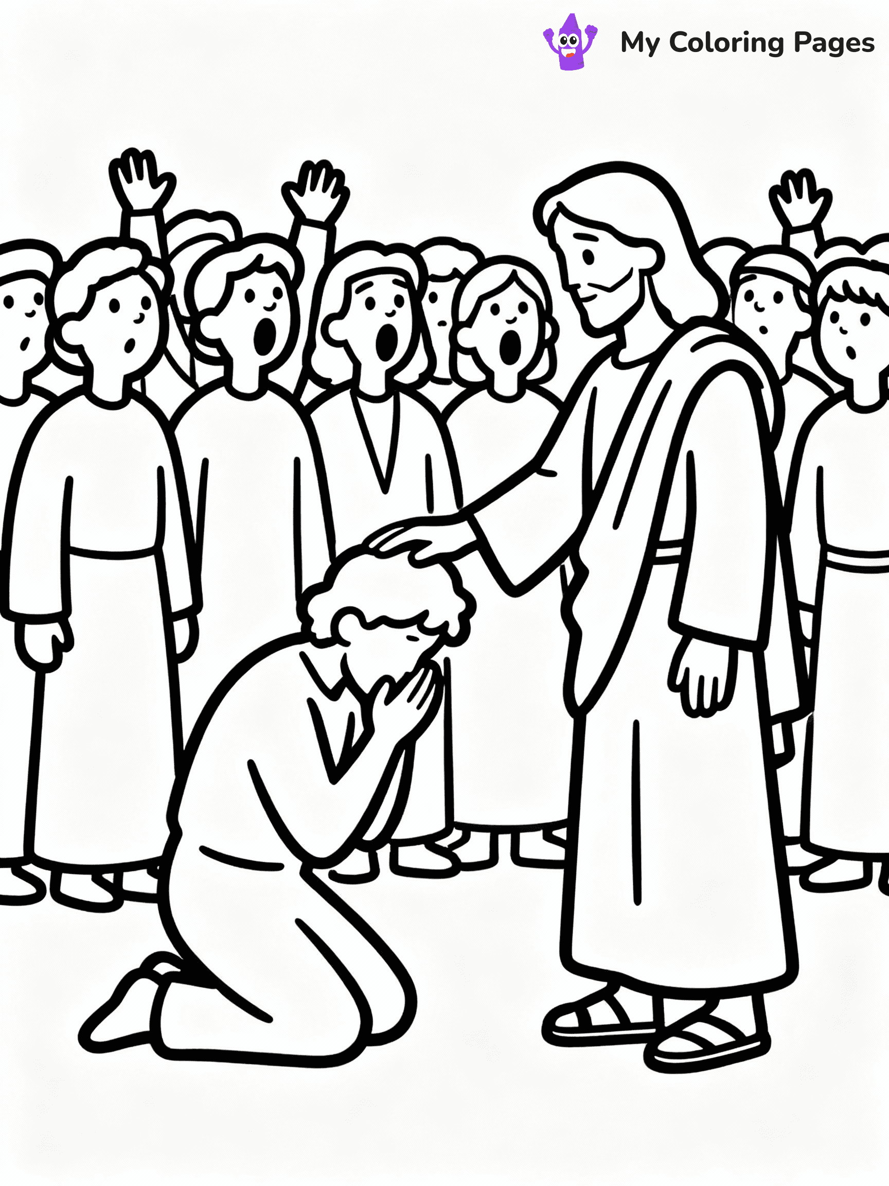 ⚠️ CRITICAL REQUIREMENT - ABSOLUTE BLACK AND WHITE ONLY ⚠️
This MUST be a BLACK AND WHITE line drawing ONLY. NO COLORS whatsoever.
- ONLY pure black lines (#000000) on pure white background (#FFFFFF)
- ABSOLUTELY NO colors, NO shading, NO gradients, NO grayscale
- If there are ANY colors in the output, the image is REJECTED
- This is a COLORING PAGE - meant to be COLORED IN by children
- The output must be UNCOLORED line art ready for coloring
⚠️ SUBJECT TO DRAW: Jesus healing the sick, touching a blind man, in traditional Biblical art style, crowd watching in awe.
(REMEMBER: Output must be BLACK AND WHITE line art only, NOT colored!)
# COLORING PAGE: BLACK OUTLINES ONLY - WHITE BACKGROUND MANDATORY
Create a **coloring book page** using EXACTLY two values: black lines, white space.
## NON-NEGOTIABLE BINARY RULES
- **ONLY #000000 (black) and #FFFFFF (white)** - NO other values exist
- **EVERY PIXEL = BLACK OR WHITE** - no gray/shading/antialiasing
- **WHITE BACKGROUND MANDATORY** - entire canvas stays white
- **ALL SHAPES HOLLOW** - everything is empty outlines waiting to be colored
- **FORBIDDEN:** fills, shading, gradients, patterns, textures, colors
- **NO SOLID REGIONS** - if it's not a thin line, it's wrong
## Universal Line Standards
- Black outlines ONLY - thin, uniform weight
- Every shape completely empty inside
- Closed contours suitable for coloring
- Simple flat illustration - zero depth/3D/realism
- **Style:** Whimsical Doodle Art Alley - rounded, friendly outlines (unless specified)
## Everything = Outline Only
- Characters/animals: hollow shapes
- Objects/clothing: empty contours
- Backgrounds/scenery: line work only
- Natural elements: outlined forms
- Dark/night areas: don't exist (use outlined symbols)
- Textures/patterns: convert to simple lines
## The Test
Can a child color EVERY white space with crayons? If any area is pre-filled/shaded/gray or colored in, it FAILS. Every shape must be waiting to receive color.
**FINAL OUTPUT**: Binary coloring page. Black lines define shapes. White spaces ready for coloring. Nothing else exists. No exceptions. Print-ready.
⚠️ FINAL REMINDER: Draw the subject "Jesus healing the sick, touching a blind man, in traditional Biblical art style, crowd watching in awe." as BLACK AND WHITE line art. Zero colors in output.