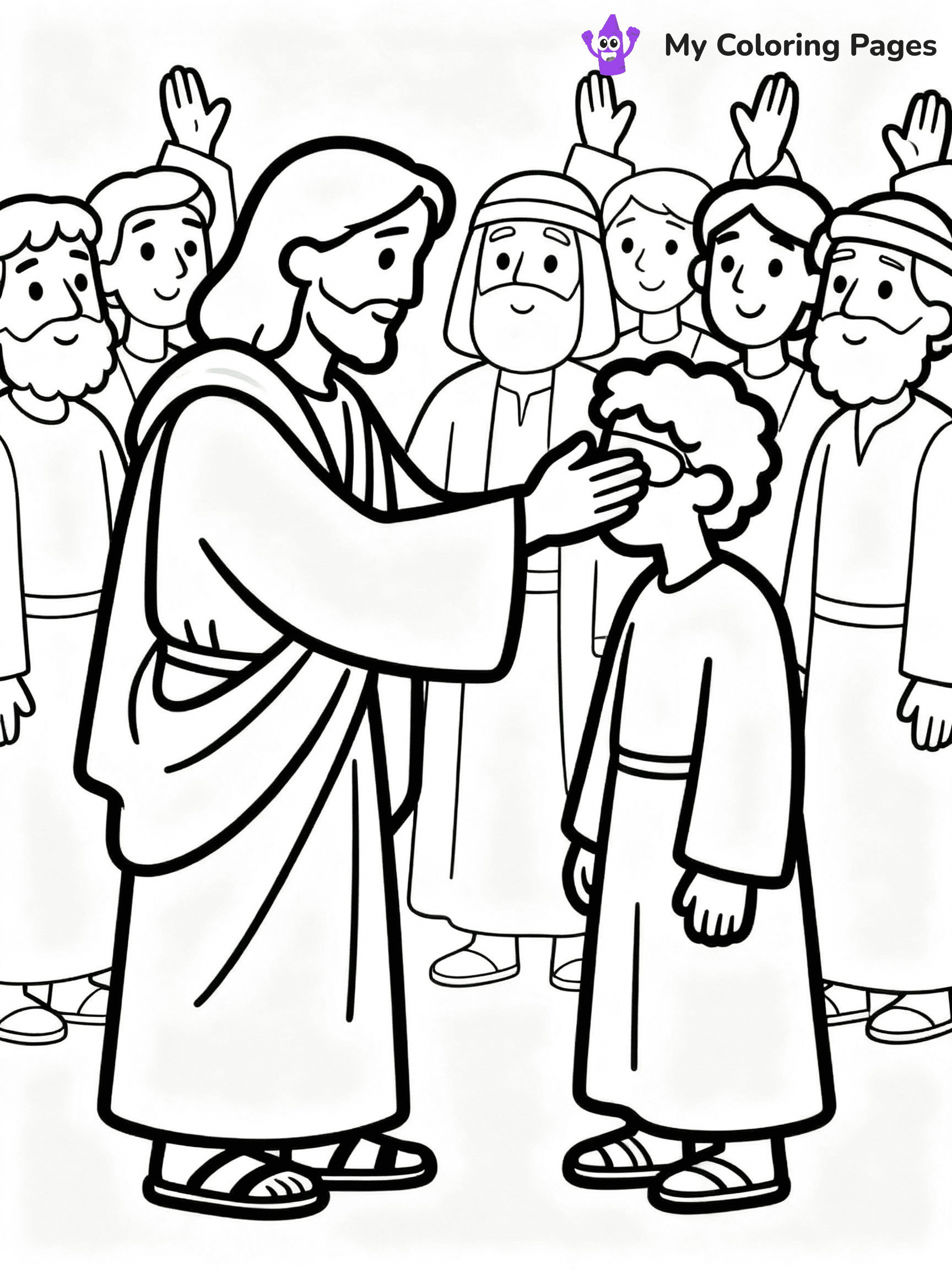 ⚠️ CRITICAL REQUIREMENT - ABSOLUTE BLACK AND WHITE ONLY ⚠️
This MUST be a BLACK AND WHITE line drawing ONLY. NO COLORS whatsoever.
- ONLY pure black lines (#000000) on pure white background (#FFFFFF)
- ABSOLUTELY NO colors, NO shading, NO gradients, NO grayscale
- If there are ANY colors in the output, the image is REJECTED
- This is a COLORING PAGE - meant to be COLORED IN by children
- The output must be UNCOLORED line art ready for coloring
⚠️ SUBJECT TO DRAW: Jesus healing the sick, touching a blind man, in traditional Biblical art style, crowd watching in awe.
(REMEMBER: Output must be BLACK AND WHITE line art only, NOT colored!)
# COLORING PAGE: BLACK OUTLINES ONLY - WHITE BACKGROUND MANDATORY
Create a **coloring book page** using EXACTLY two values: black lines, white space.
## NON-NEGOTIABLE BINARY RULES
- **ONLY #000000 (black) and #FFFFFF (white)** - NO other values exist
- **EVERY PIXEL = BLACK OR WHITE** - no gray/shading/antialiasing
- **WHITE BACKGROUND MANDATORY** - entire canvas stays white
- **ALL SHAPES HOLLOW** - everything is empty outlines waiting to be colored
- **FORBIDDEN:** fills, shading, gradients, patterns, textures, colors
- **NO SOLID REGIONS** - if it's not a thin line, it's wrong
## Universal Line Standards
- Black outlines ONLY - thin, uniform weight
- Every shape completely empty inside
- Closed contours suitable for coloring
- Simple flat illustration - zero depth/3D/realism
- **Style:** Whimsical Doodle Art Alley - rounded, friendly outlines (unless specified)
## Everything = Outline Only
- Characters/animals: hollow shapes
- Objects/clothing: empty contours
- Backgrounds/scenery: line work only
- Natural elements: outlined forms
- Dark/night areas: don't exist (use outlined symbols)
- Textures/patterns: convert to simple lines
## The Test
Can a child color EVERY white space with crayons? If any area is pre-filled/shaded/gray or colored in, it FAILS. Every shape must be waiting to receive color.
**FINAL OUTPUT**: Binary coloring page. Black lines define shapes. White spaces ready for coloring. Nothing else exists. No exceptions. Print-ready.
⚠️ FINAL REMINDER: Draw the subject "Jesus healing the sick, touching a blind man, in traditional Biblical art style, crowd watching in awe." as BLACK AND WHITE line art. Zero colors in output.