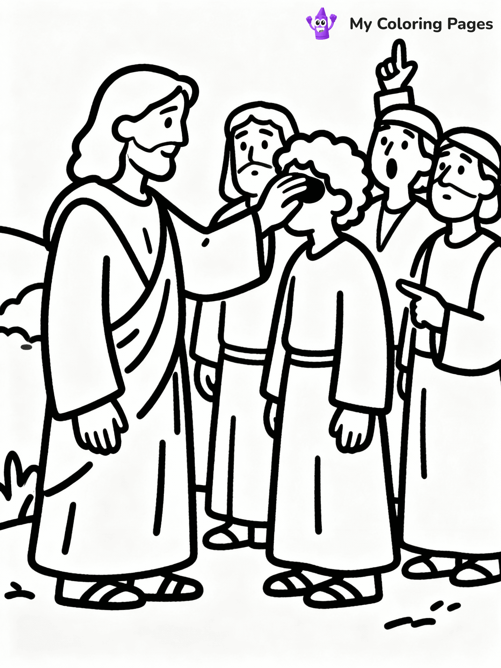 ⚠️ CRITICAL REQUIREMENT - ABSOLUTE BLACK AND WHITE ONLY ⚠️
This MUST be a BLACK AND WHITE line drawing ONLY. NO COLORS whatsoever.
- ONLY pure black lines (#000000) on pure white background (#FFFFFF)
- ABSOLUTELY NO colors, NO shading, NO gradients, NO grayscale
- If there are ANY colors in the output, the image is REJECTED
- This is a COLORING PAGE - meant to be COLORED IN by children
- The output must be UNCOLORED line art ready for coloring
⚠️ SUBJECT TO DRAW: Jesus healing the sick, touching a blind man, in traditional Biblical art style, crowd watching in awe.
(REMEMBER: Output must be BLACK AND WHITE line art only, NOT colored!)
# COLORING PAGE: BLACK OUTLINES ONLY - WHITE BACKGROUND MANDATORY
Create a **coloring book page** using EXACTLY two values: black lines, white space.
## NON-NEGOTIABLE BINARY RULES
- **ONLY #000000 (black) and #FFFFFF (white)** - NO other values exist
- **EVERY PIXEL = BLACK OR WHITE** - no gray/shading/antialiasing
- **WHITE BACKGROUND MANDATORY** - entire canvas stays white
- **ALL SHAPES HOLLOW** - everything is empty outlines waiting to be colored
- **FORBIDDEN:** fills, shading, gradients, patterns, textures, colors
- **NO SOLID REGIONS** - if it's not a thin line, it's wrong
## Universal Line Standards
- Black outlines ONLY - thin, uniform weight
- Every shape completely empty inside
- Closed contours suitable for coloring
- Simple flat illustration - zero depth/3D/realism
- **Style:** Whimsical Doodle Art Alley - rounded, friendly outlines (unless specified)
## Everything = Outline Only
- Characters/animals: hollow shapes
- Objects/clothing: empty contours
- Backgrounds/scenery: line work only
- Natural elements: outlined forms
- Dark/night areas: don't exist (use outlined symbols)
- Textures/patterns: convert to simple lines
## The Test
Can a child color EVERY white space with crayons? If any area is pre-filled/shaded/gray or colored in, it FAILS. Every shape must be waiting to receive color.
**FINAL OUTPUT**: Binary coloring page. Black lines define shapes. White spaces ready for coloring. Nothing else exists. No exceptions. Print-ready.
⚠️ FINAL REMINDER: Draw the subject "Jesus healing the sick, touching a blind man, in traditional Biblical art style, crowd watching in awe." as BLACK AND WHITE line art. Zero colors in output.