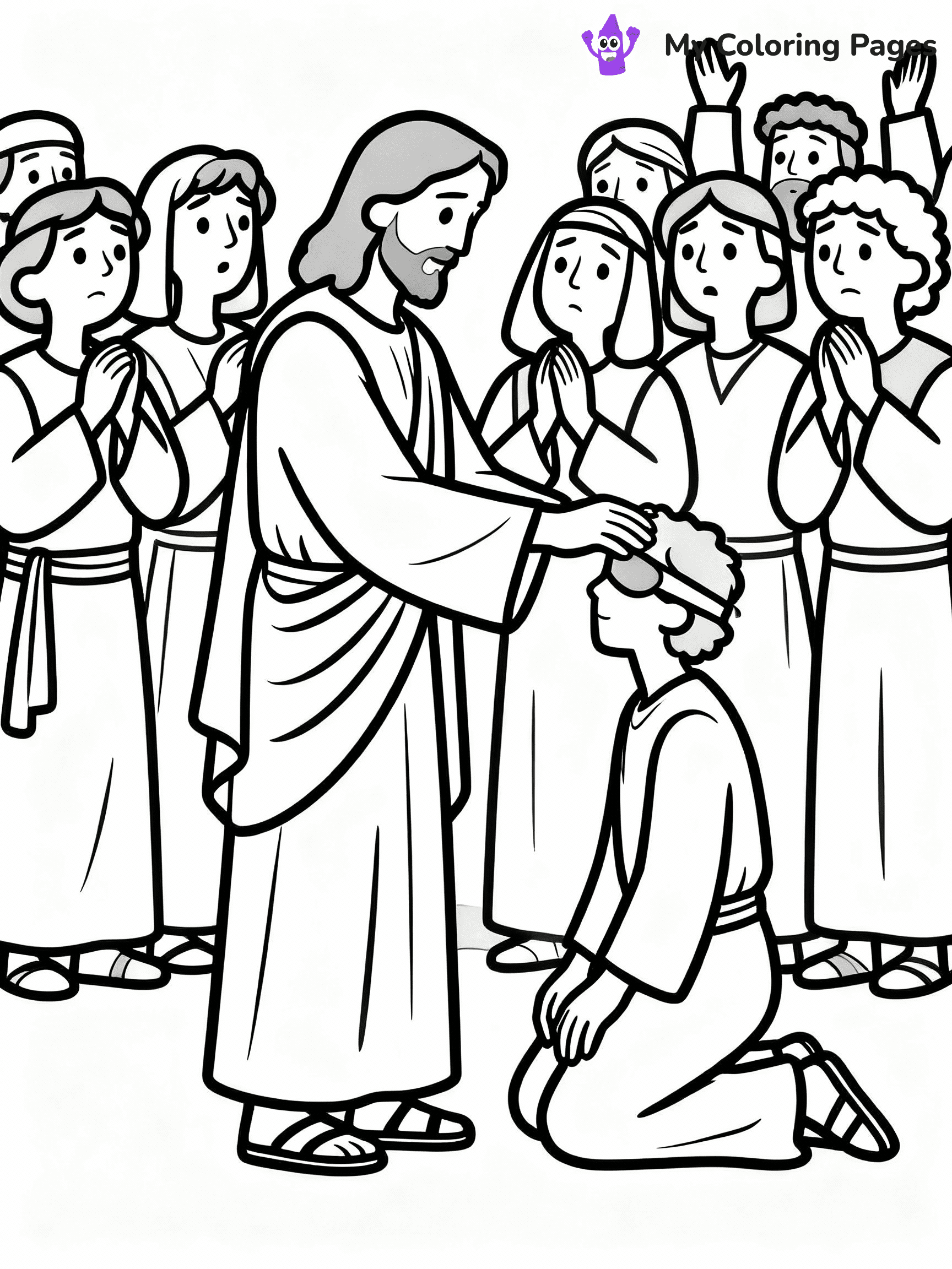 ⚠️ CRITICAL REQUIREMENT - ABSOLUTE BLACK AND WHITE ONLY ⚠️
This MUST be a BLACK AND WHITE line drawing ONLY. NO COLORS whatsoever.
- ONLY pure black lines (#000000) on pure white background (#FFFFFF)
- ABSOLUTELY NO colors, NO shading, NO gradients, NO grayscale
- If there are ANY colors in the output, the image is REJECTED
- This is a COLORING PAGE - meant to be COLORED IN by children
- The output must be UNCOLORED line art ready for coloring
⚠️ SUBJECT TO DRAW: Jesus healing the sick, touching a blind man, in traditional Biblical art style, crowd watching in awe.
(REMEMBER: Output must be BLACK AND WHITE line art only, NOT colored!)
# COLORING PAGE: BLACK OUTLINES ONLY - WHITE BACKGROUND MANDATORY
Create a **coloring book page** using EXACTLY two values: black lines, white space.
## NON-NEGOTIABLE BINARY RULES
- **ONLY #000000 (black) and #FFFFFF (white)** - NO other values exist
- **EVERY PIXEL = BLACK OR WHITE** - no gray/shading/antialiasing
- **WHITE BACKGROUND MANDATORY** - entire canvas stays white
- **ALL SHAPES HOLLOW** - everything is empty outlines waiting to be colored
- **FORBIDDEN:** fills, shading, gradients, patterns, textures, colors
- **NO SOLID REGIONS** - if it's not a thin line, it's wrong
## Universal Line Standards
- Black outlines ONLY - thin, uniform weight
- Every shape completely empty inside
- Closed contours suitable for coloring
- Simple flat illustration - zero depth/3D/realism
- **Style:** Whimsical Doodle Art Alley - rounded, friendly outlines (unless specified)
## Everything = Outline Only
- Characters/animals: hollow shapes
- Objects/clothing: empty contours
- Backgrounds/scenery: line work only
- Natural elements: outlined forms
- Dark/night areas: don't exist (use outlined symbols)
- Textures/patterns: convert to simple lines
## The Test
Can a child color EVERY white space with crayons? If any area is pre-filled/shaded/gray or colored in, it FAILS. Every shape must be waiting to receive color.
**FINAL OUTPUT**: Binary coloring page. Black lines define shapes. White spaces ready for coloring. Nothing else exists. No exceptions. Print-ready.
⚠️ FINAL REMINDER: Draw the subject "Jesus healing the sick, touching a blind man, in traditional Biblical art style, crowd watching in awe." as BLACK AND WHITE line art. Zero colors in output.