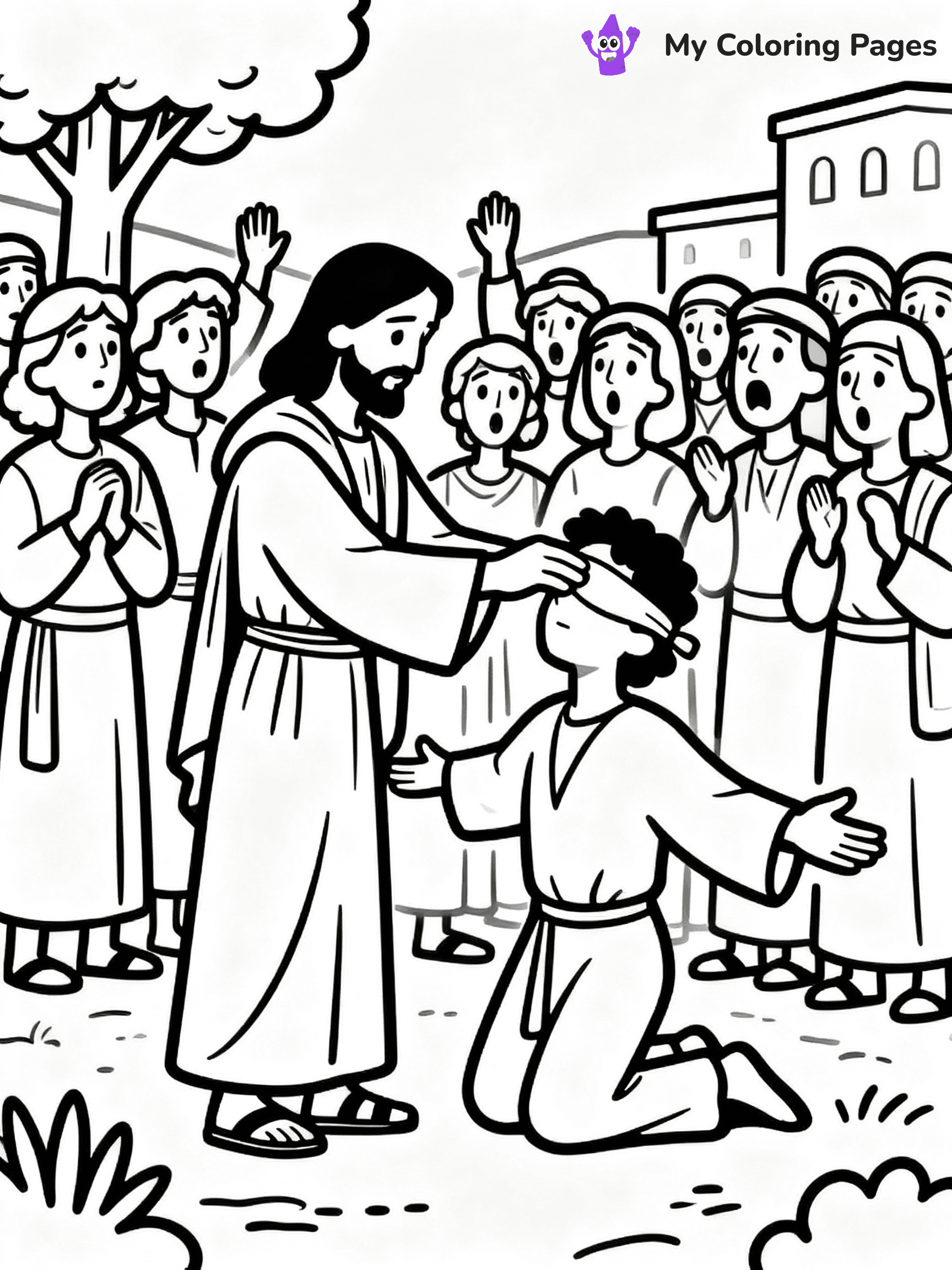 ⚠️ CRITICAL REQUIREMENT - ABSOLUTE BLACK AND WHITE ONLY ⚠️
This MUST be a BLACK AND WHITE line drawing ONLY. NO COLORS whatsoever.
- ONLY pure black lines (#000000) on pure white background (#FFFFFF)
- ABSOLUTELY NO colors, NO shading, NO gradients, NO grayscale
- If there are ANY colors in the output, the image is REJECTED
- This is a COLORING PAGE - meant to be COLORED IN by children
- The output must be UNCOLORED line art ready for coloring
⚠️ SUBJECT TO DRAW: Jesus healing the sick, touching a blind man, in traditional Biblical art style, crowd watching in awe.
(REMEMBER: Output must be BLACK AND WHITE line art only, NOT colored!)
# COLORING PAGE: BLACK OUTLINES ONLY - WHITE BACKGROUND MANDATORY
Create a **coloring book page** using EXACTLY two values: black lines, white space.
## NON-NEGOTIABLE BINARY RULES
- **ONLY #000000 (black) and #FFFFFF (white)** - NO other values exist
- **EVERY PIXEL = BLACK OR WHITE** - no gray/shading/antialiasing
- **WHITE BACKGROUND MANDATORY** - entire canvas stays white
- **ALL SHAPES HOLLOW** - everything is empty outlines waiting to be colored
- **FORBIDDEN:** fills, shading, gradients, patterns, textures, colors
- **NO SOLID REGIONS** - if it's not a thin line, it's wrong
## Universal Line Standards
- Black outlines ONLY - thin, uniform weight
- Every shape completely empty inside
- Closed contours suitable for coloring
- Simple flat illustration - zero depth/3D/realism
- **Style:** Whimsical Doodle Art Alley - rounded, friendly outlines (unless specified)
## Everything = Outline Only
- Characters/animals: hollow shapes
- Objects/clothing: empty contours
- Backgrounds/scenery: line work only
- Natural elements: outlined forms
- Dark/night areas: don't exist (use outlined symbols)
- Textures/patterns: convert to simple lines
## The Test
Can a child color EVERY white space with crayons? If any area is pre-filled/shaded/gray or colored in, it FAILS. Every shape must be waiting to receive color.
**FINAL OUTPUT**: Binary coloring page. Black lines define shapes. White spaces ready for coloring. Nothing else exists. No exceptions. Print-ready.
⚠️ FINAL REMINDER: Draw the subject "Jesus healing the sick, touching a blind man, in traditional Biblical art style, crowd watching in awe." as BLACK AND WHITE line art. Zero colors in output.