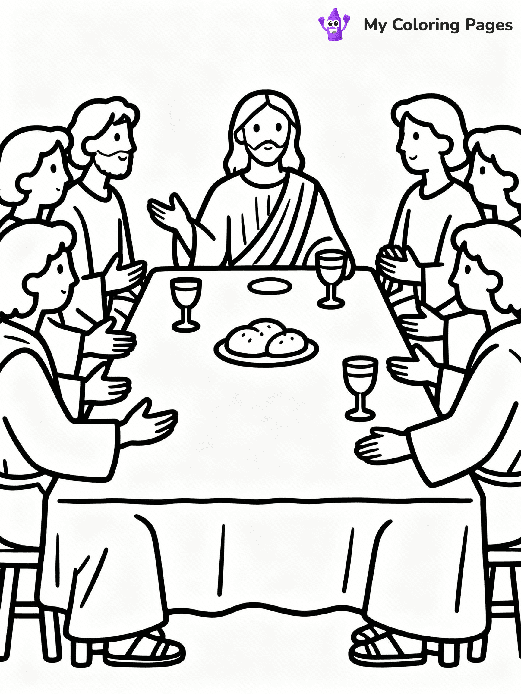 ⚠️ CRITICAL REQUIREMENT - ABSOLUTE BLACK AND WHITE ONLY ⚠️
This MUST be a BLACK AND WHITE line drawing ONLY. NO COLORS whatsoever.
- ONLY pure black lines (#000000) on pure white background (#FFFFFF)
- ABSOLUTELY NO colors, NO shading, NO gradients, NO grayscale
- If there are ANY colors in the output, the image is REJECTED
- This is a COLORING PAGE - meant to be COLORED IN by children
- The output must be UNCOLORED line art ready for coloring
⚠️ SUBJECT TO DRAW: Jesus at the Last Supper, sitting with disciples at a table, in traditional Biblical art style, bread and wine present.
(REMEMBER: Output must be BLACK AND WHITE line art only, NOT colored!)
# COLORING PAGE: BLACK OUTLINES ONLY - WHITE BACKGROUND MANDATORY
Create a **coloring book page** using EXACTLY two values: black lines, white space.
## NON-NEGOTIABLE BINARY RULES
- **ONLY #000000 (black) and #FFFFFF (white)** - NO other values exist
- **EVERY PIXEL = BLACK OR WHITE** - no gray/shading/antialiasing
- **WHITE BACKGROUND MANDATORY** - entire canvas stays white
- **ALL SHAPES HOLLOW** - everything is empty outlines waiting to be colored
- **FORBIDDEN:** fills, shading, gradients, patterns, textures, colors
- **NO SOLID REGIONS** - if it's not a thin line, it's wrong
## Universal Line Standards
- Black outlines ONLY - thin, uniform weight
- Every shape completely empty inside
- Closed contours suitable for coloring
- Simple flat illustration - zero depth/3D/realism
- **Style:** Whimsical Doodle Art Alley - rounded, friendly outlines (unless specified)
## Everything = Outline Only
- Characters/animals: hollow shapes
- Objects/clothing: empty contours
- Backgrounds/scenery: line work only
- Natural elements: outlined forms
- Dark/night areas: don't exist (use outlined symbols)
- Textures/patterns: convert to simple lines
## The Test
Can a child color EVERY white space with crayons? If any area is pre-filled/shaded/gray or colored in, it FAILS. Every shape must be waiting to receive color.
**FINAL OUTPUT**: Binary coloring page. Black lines define shapes. White spaces ready for coloring. Nothing else exists. No exceptions. Print-ready.
⚠️ FINAL REMINDER: Draw the subject "Jesus at the Last Supper, sitting with disciples at a table, in traditional Biblical art style, bread and wine present." as BLACK AND WHITE line art. Zero colors in output.